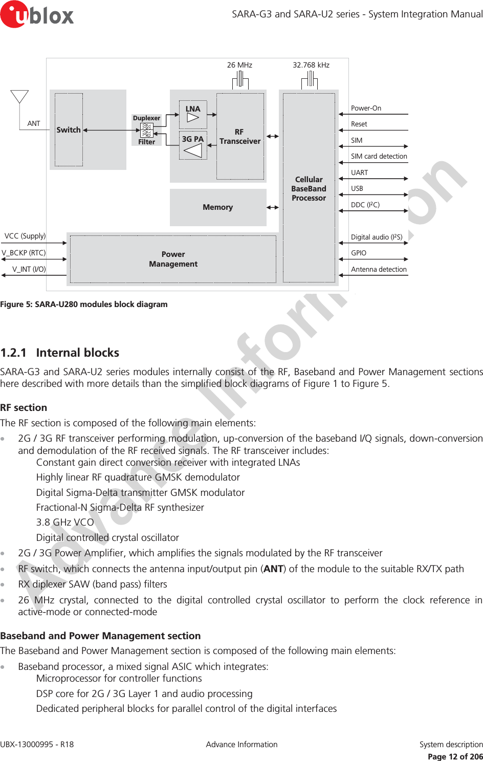 SARA-G3 and SARA-U2 series - System Integration Manual UBX-13000995 - R18  Advance Information  System description   Page 12 of 206 MemoryV_BCKP (RTC)V_INT (I/O)RF TransceiverPowerManagementCellularBaseBandProcessorANTVCC (Supply)USBDDC (I2C)SIM card detectionSIMUARTPower-OnResetDigital audio (I2S)GPIOAntenna detection3G PA26 MHzDuplexerFilterSwitchLNA32.768 kHz Figure 5: SARA-U280 modules block diagram  1.2.1 Internal blocks SARA-G3 and SARA-U2 series modules internally consist of the RF, Baseband and Power Management sections here described with more details than the simplified block diagrams of Figure 1 to Figure 5. RF section The RF section is composed of the following main elements: x 2G / 3G RF transceiver performing modulation, up-conversion of the baseband I/Q signals, down-conversion and demodulation of the RF received signals. The RF transceiver includes: Constant gain direct conversion receiver with integrated LNAs Highly linear RF quadrature GMSK demodulator Digital Sigma-Delta transmitter GMSK modulator Fractional-N Sigma-Delta RF synthesizer 3.8 GHz VCO Digital controlled crystal oscillator x 2G / 3G Power Amplifier, which amplifies the signals modulated by the RF transceiver x RF switch, which connects the antenna input/output pin (ANT) of the module to the suitable RX/TX path x RX diplexer SAW (band pass) filters x 26 MHz crystal, connected to the digital controlled crystal oscillator to perform the clock reference in active-mode or connected-mode Baseband and Power Management section The Baseband and Power Management section is composed of the following main elements: xBaseband processor, a mixed signal ASIC which integrates:Microprocessor for controller functionsDSP core for 2G / 3G Layer 1 and audio processing Dedicated peripheral blocks for parallel control of the digital interfaces 
