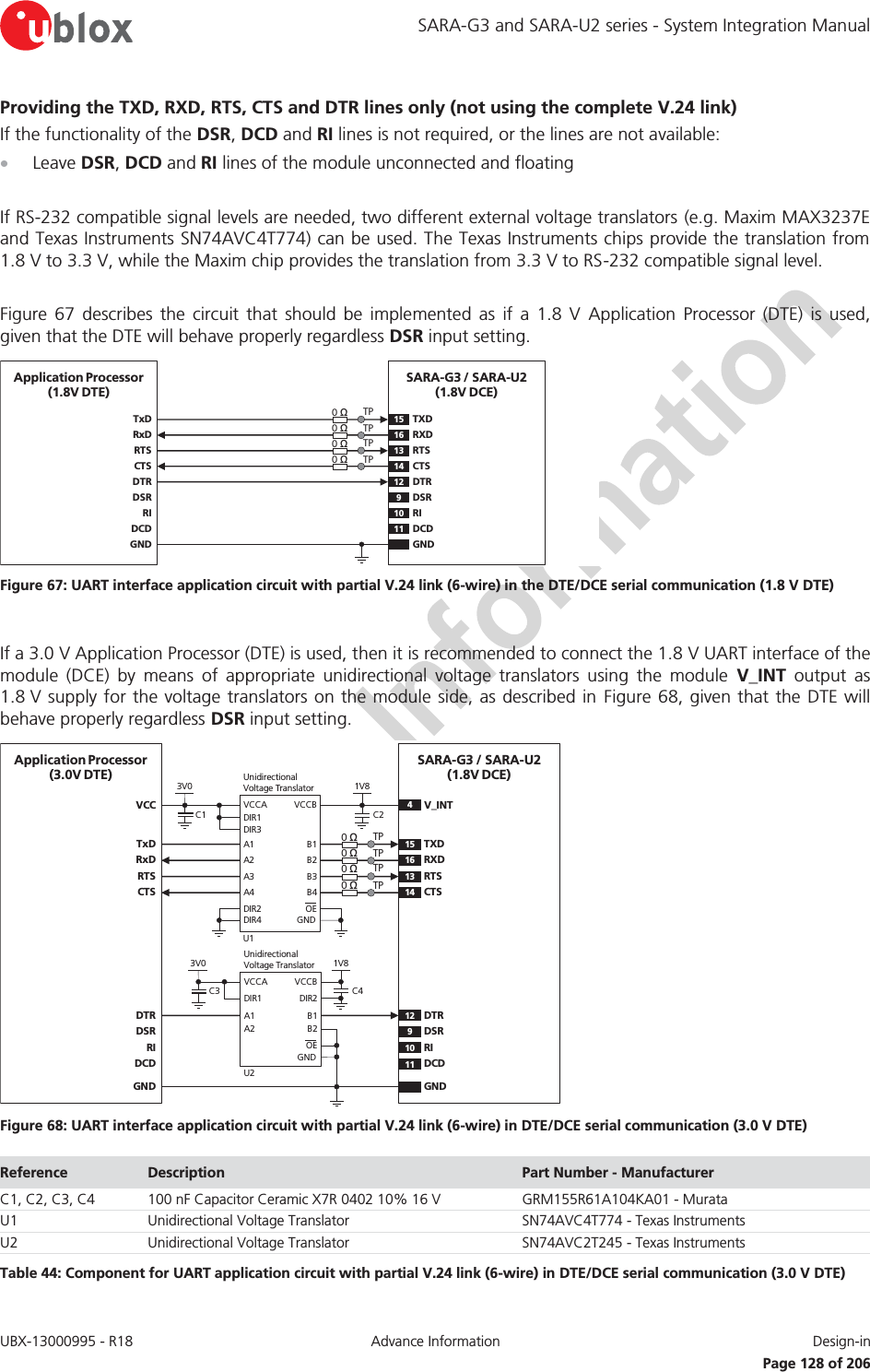 SARA-G3 and SARA-U2 series - System Integration Manual UBX-13000995 - R18  Advance Information  Design-in   Page 128 of 206 Providing the TXD, RXD, RTS, CTS and DTR lines only (not using the complete V.24 link) If the functionality of the DSR, DCD and RI lines is not required, or the lines are not available: x Leave DSR, DCD and RI lines of the module unconnected and floating  If RS-232 compatible signal levels are needed, two different external voltage translators (e.g. Maxim MAX3237E and Texas Instruments SN74AVC4T774) can be used. The Texas Instruments chips provide the translation from 1.8 V to 3.3 V, while the Maxim chip provides the translation from 3.3 V to RS-232 compatible signal level.  Figure 67 describes the circuit that should be implemented as if a 1.8 V Application Processor (DTE) is used, given that the DTE will behave properly regardless DSR input setting. TxDApplication Processor(1.8V DTE)RxDRTSCTSDTRDSRRIDCDGNDSARA-G3 / SARA-U2(1.8V DCE)15TXD12DTR16RXD13RTS14CTS9DSR10RI11 DCDGND0 Ω0 ΩTPTP0 Ω0 ΩTPTP Figure 67: UART interface application circuit with partial V.24 link (6-wire) in the DTE/DCE serial communication (1.8 V DTE)  If a 3.0 V Application Processor (DTE) is used, then it is recommended to connect the 1.8 V UART interface of the module (DCE) by means of appropriate unidirectional voltage translators using the module V_INT output as 1.8 V supply for the voltage translators on the module side, as described in Figure 68, given that the DTE will behave properly regardless DSR input setting. 4V_INTTxDApplication Processor(3.0V DTE)RxDRTSCTSDTRDSRRIDCDGNDSARA-G3 / SARA-U2(1.8V DCE)15TXD12DTR16RXD13RTS14CTS9DSR10 RI11DCDGND0 Ω0 ΩTPTP0 Ω0 ΩTPTP1V8B1 A1GNDU1B3A3VCCBVCCAUnidirectionalVoltage TranslatorC1 C23V0DIR3DIR2 OEDIR1VCCB2 A2B4A4DIR41V8B1 A1GNDU2VCCBVCCAUnidirectionalVoltage TranslatorC33V0DIR1OEB2 A2DIR2 C4 Figure 68: UART interface application circuit with partial V.24 link (6-wire) in DTE/DCE serial communication (3.0 V DTE) Reference  Description  Part Number - Manufacturer C1, C2, C3, C4 100 nF Capacitor Ceramic X7R 0402 10% 16 V GRM155R61A104KA01 - Murata U1 Unidirectional Voltage Translator SN74AVC4T774 - Texas Instruments U2 Unidirectional Voltage Translator SN74AVC2T245 - Texas Instruments Table 44: Component for UART application circuit with partial V.24 link (6-wire) in DTE/DCE serial communication (3.0 V DTE) 
