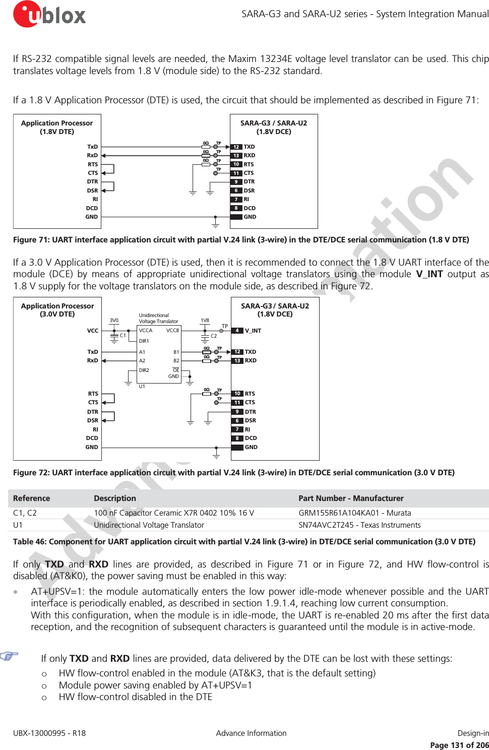 SARA-G3 and SARA-U2 series - System Integration Manual UBX-13000995 - R18  Advance Information  Design-in   Page 131 of 206 If RS-232 compatible signal levels are needed, the Maxim 13234E voltage level translator can be used. This chip translates voltage levels from 1.8 V (module side) to the RS-232 standard.  If a 1.8 V Application Processor (DTE) is used, the circuit that should be implemented as described in Figure 71: TxDApplication Processor(1.8V DTE)RxDRTSCTSDTRDSRRIDCDGNDSARA-G3 / SARA-U2(1.8V DCE)12 TXD9DTR13RXD10RTS11CTS6DSR7RI8DCDGND0ΩTP0ΩTP0ΩTPTP Figure 71: UART interface application circuit with partial V.24 link (3-wire) in the DTE/DCE serial communication (1.8 V DTE) If a 3.0 V Application Processor (DTE) is used, then it is recommended to connect the 1.8 V UART interface of the module (DCE) by means of appropriate unidirectional voltage translators using the module V_INT output as 1.8 V supply for the voltage translators on the module side, as described in Figure 72. 4V_INTTxDApplication Processor(3.0V DTE)RxDDTRDSRRIDCDGNDSARA-G3 /  SARA-U2(1.8V DCE)12TXD9DTR13 RXD6DSR7RI8DCDGND1V8B1 A1GNDU1VCCBVCCAUnidirectionalVoltage TranslatorC1 C23V0DIR1DIR2 OEVCCB2 A2RTSCTS10RTS11CTSTP0ΩTP0ΩTP0ΩTPTP Figure 72: UART interface application circuit with partial V.24 link (3-wire) in DTE/DCE serial communication (3.0 V DTE) Reference  Description  Part Number - Manufacturer C1, C2 100 nF Capacitor Ceramic X7R 0402 10% 16 V GRM155R61A104KA01 - Murata U1 Unidirectional Voltage Translator SN74AVC2T245 - Texas Instruments Table 46: Component for UART application circuit with partial V.24 link (3-wire) in DTE/DCE serial communication (3.0 V DTE) If only TXD and RXD lines are provided, as described in Figure 71 or in Figure 72, and HW flow-control is disabled (AT&amp;K0), the power saving must be enabled in this way: x AT+UPSV=1: the module automatically enters the low power idle-mode whenever possible and the UART interface is periodically enabled, as described in section 1.9.1.4, reaching low current consumption. With this configuration, when the module is in idle-mode, the UART is re-enabled 20 ms after the first data reception, and the recognition of subsequent characters is guaranteed until the module is in active-mode.   If only TXD and RXD lines are provided, data delivered by the DTE can be lost with these settings: o HW flow-control enabled in the module (AT&amp;K3, that is the default setting) o Module power saving enabled by AT+UPSV=1 o HW flow-control disabled in the DTE 