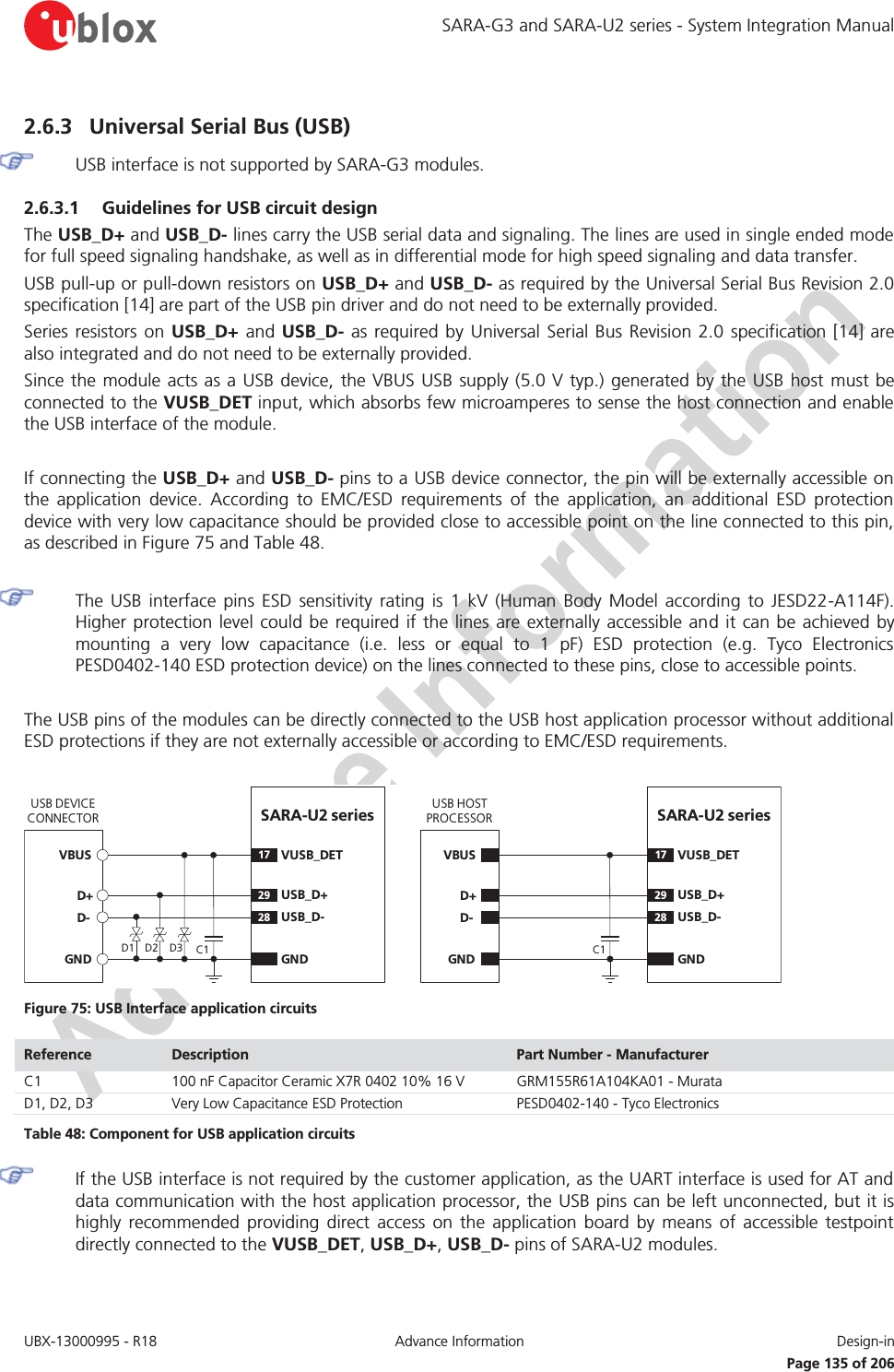 SARA-G3 and SARA-U2 series - System Integration Manual UBX-13000995 - R18  Advance Information  Design-in   Page 135 of 206 2.6.3 Universal Serial Bus (USB)  USB interface is not supported by SARA-G3 modules. 2.6.3.1 Guidelines for USB circuit design The USB_D+ and USB_D- lines carry the USB serial data and signaling. The lines are used in single ended mode for full speed signaling handshake, as well as in differential mode for high speed signaling and data transfer. USB pull-up or pull-down resistors on USB_D+ and USB_D- as required by the Universal Serial Bus Revision 2.0 specification [14] are part of the USB pin driver and do not need to be externally provided. Series resistors on USB_D+ and USB_D- as required by Universal Serial Bus Revision 2.0 specification [14] are also integrated and do not need to be externally provided. Since the module acts as a USB device, the VBUS USB supply (5.0 V typ.) generated by the USB host must be connected to the VUSB_DET input, which absorbs few microamperes to sense the host connection and enable the USB interface of the module.  If connecting the USB_D+ and USB_D- pins to a USB device connector, the pin will be externally accessible on the application device. According to EMC/ESD requirements of the application, an additional ESD protection device with very low capacitance should be provided close to accessible point on the line connected to this pin, as described in Figure 75 and Table 48.   The USB interface pins ESD sensitivity rating is 1 kV (Human Body Model according to JESD22-A114F). Higher protection level could be required if the lines are externally accessible and it can be achieved by mounting a very low capacitance (i.e. less or equal to 1 pF) ESD protection (e.g. Tyco Electronics PESD0402-140 ESD protection device) on the lines connected to these pins, close to accessible points.  The USB pins of the modules can be directly connected to the USB host application processor without additional ESD protections if they are not externally accessible or according to EMC/ESD requirements.  SARA-U2 series D+D-GND29USB_D+28 USB_D-GNDUSB DEVICE CONNECTORD1 D2VBUSSARA-U2 series D+D-GND29USB_D+28 USB_D-GNDUSB HOST PROCESSORC117VUSB_DETC117VUSB_DETVBUSD3 Figure 75: USB Interface application circuits Reference  Description  Part Number - Manufacturer C1 100 nF Capacitor Ceramic X7R 0402 10% 16 V GRM155R61A104KA01 - Murata D1, D2, D3 Very Low Capacitance ESD Protection PESD0402-140 - Tyco Electronics  Table 48: Component for USB application circuits  If the USB interface is not required by the customer application, as the UART interface is used for AT and data communication with the host application processor, the USB pins can be left unconnected, but it is highly recommended providing direct access on the application board by means of accessible testpoint directly connected to the VUSB_DET, USB_D+, USB_D- pins of SARA-U2 modules. 