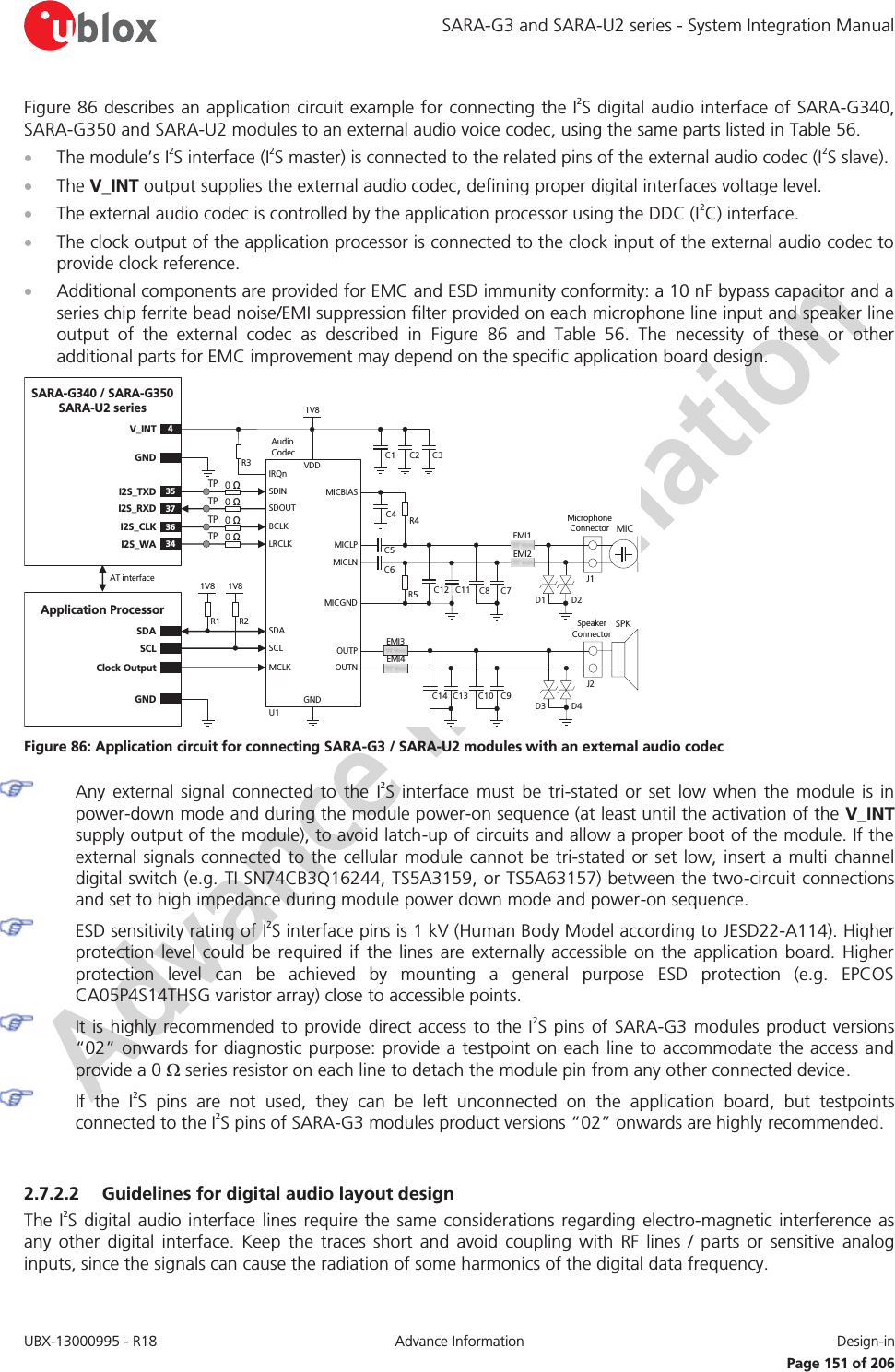 SARA-G3 and SARA-U2 series - System Integration Manual UBX-13000995 - R18  Advance Information  Design-in   Page 151 of 206 Figure 86 describes an application circuit example for connecting the I2S digital audio interface of SARA-G340, SARA-G350 and SARA-U2 modules to an external audio voice codec, using the same parts listed in Table 56. x The module’s I2S interface (I2S master) is connected to the related pins of the external audio codec (I2S slave). x The V_INT output supplies the external audio codec, defining proper digital interfaces voltage level. x The external audio codec is controlled by the application processor using the DDC (I2C) interface. x The clock output of the application processor is connected to the clock input of the external audio codec to provide clock reference. x Additional components are provided for EMC and ESD immunity conformity: a 10 nF bypass capacitor and a series chip ferrite bead noise/EMI suppression filter provided on each microphone line input and speaker line output of the external codec as described in Figure 86 and Table 56. The necessity of these or other additional parts for EMC improvement may depend on the specific application board design. R2R1GNDU1SARA-G340 / SARA-G350 SARA-U2 seriesAudio   CodecSDASCLSDASCLClock Output MCLKGNDR3 C3C2C14V_INTVDD1V8MICBIASC4R4C5C6EMI1MICLNMICLPMicrophone ConnectorEMI2MICC12 C11J1MICGNDR5 C8 C7SPKSpeaker ConnectorOUTPOUTNJ2C10 C9C14 C13EMI3EMI4IRQnBCLKLRCLKSDINSDOUT36I2S_CLK34I2S_WA35I2S_TXD37I2S_RXD1V81V8Application ProcessorGNDAT interfaceD3D1D4D20 Ω0 ΩTPTP0 Ω0 ΩTPTP Figure 86: Application circuit for connecting SARA-G3 / SARA-U2 modules with an external audio codec   Any external signal connected to the I2S interface must be tri-stated or set low when the module is in power-down mode and during the module power-on sequence (at least until the activation of the V_INT supply output of the module), to avoid latch-up of circuits and allow a proper boot of the module. If the external signals connected to the cellular module cannot be tri-stated or set low, insert a multi channel digital switch (e.g. TI SN74CB3Q16244, TS5A3159, or TS5A63157) between the two-circuit connections and set to high impedance during module power down mode and power-on sequence.  ESD sensitivity rating of I2S interface pins is 1 kV (Human Body Model according to JESD22-A114). Higher protection level could be required if the lines are externally accessible on the application board. Higher protection level can be achieved by mounting a general purpose ESD protection (e.g. EPCOS CA05P4S14THSG varistor array) close to accessible points.  It is highly recommended to provide direct access to the I2S pins of SARA-G3 modules product versions “02” onwards for diagnostic purpose: provide a testpoint on each line to accommodate the access and provide a 0 : series resistor on each line to detach the module pin from any other connected device.  If the I2S pins are not used, they can be left unconnected on the application board, but testpoints connected to the I2S pins of SARA-G3 modules product versions “02” onwards are highly recommended.  2.7.2.2 Guidelines for digital audio layout design The I2S digital audio interface lines require the same considerations regarding electro-magnetic interference as any other digital interface. Keep the traces short and avoid coupling with RF lines / parts or sensitive analog inputs, since the signals can cause the radiation of some harmonics of the digital data frequency. 