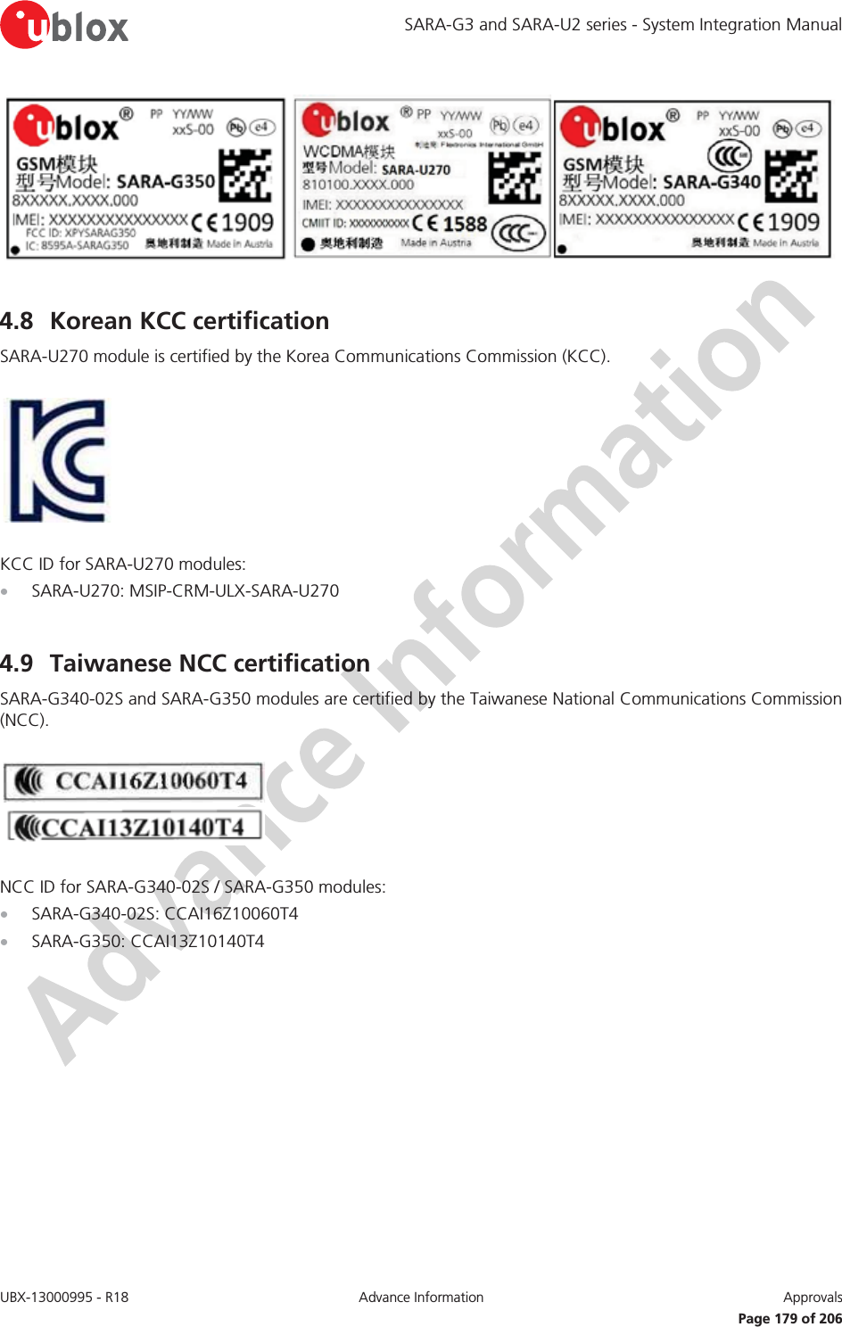 SARA-G3 and SARA-U2 series - System Integration Manual UBX-13000995 - R18  Advance Information  Approvals   Page 179 of 206   4.8 Korean KCC certification SARA-U270 module is certified by the Korea Communications Commission (KCC).    KCC ID for SARA-U270 modules: x SARA-U270: MSIP-CRM-ULX-SARA-U270  4.9 Taiwanese NCC certification SARA-G340-02S and SARA-G350 modules are certified by the Taiwanese National Communications Commission (NCC).     NCC ID for SARA-G340-02S / SARA-G350 modules: x SARA-G340-02S: CCAI16Z10060T4 x SARA-G350: CCAI13Z10140T4  