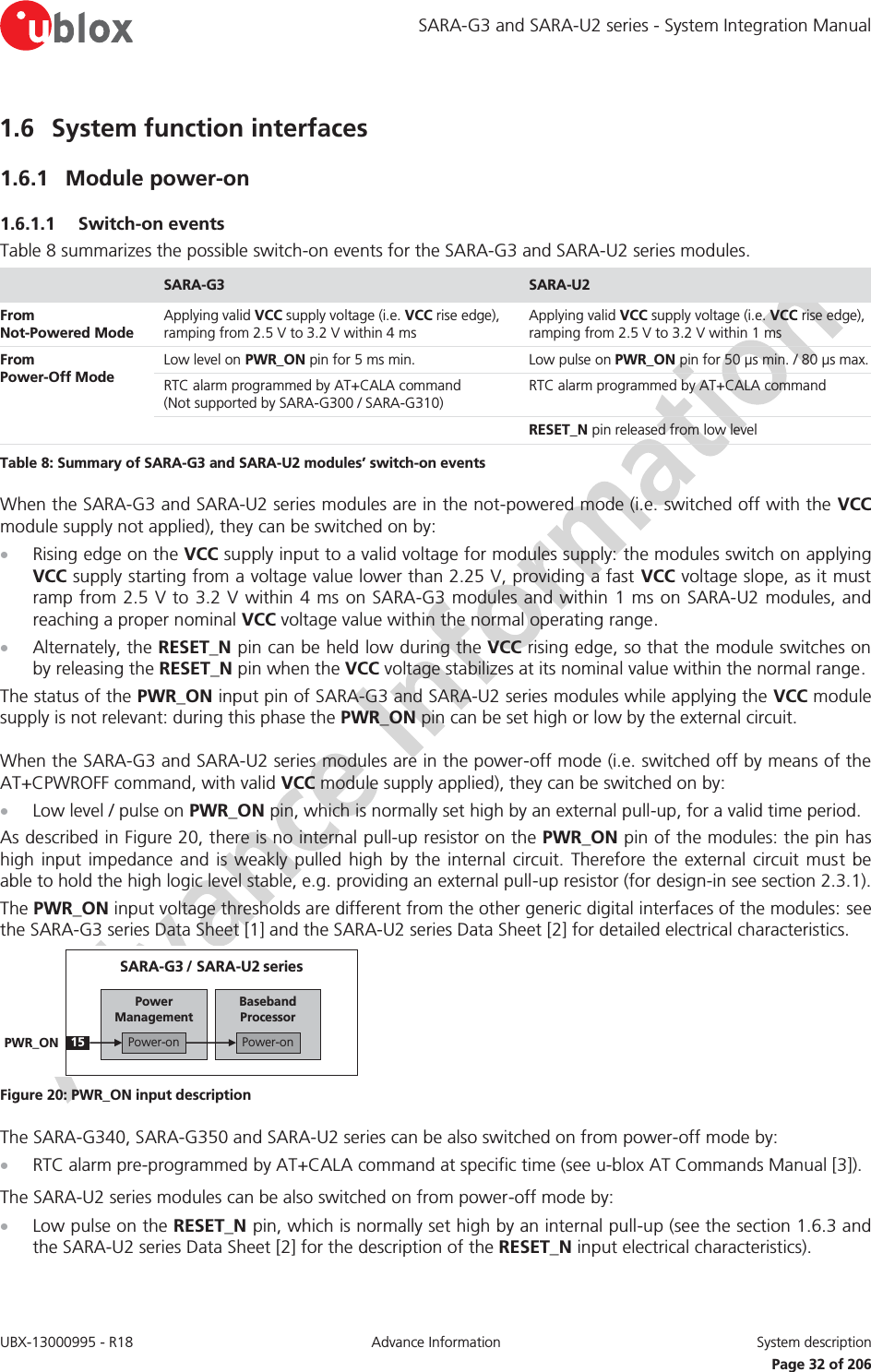 SARA-G3 and SARA-U2 series - System Integration Manual UBX-13000995 - R18  Advance Information  System description   Page 32 of 206 1.6 System function interfaces 1.6.1 Module power-on 1.6.1.1 Switch-on events Table 8 summarizes the possible switch-on events for the SARA-G3 and SARA-U2 series modules.  SARA-G3  SARA-U2 From Not-Powered Mode Applying valid VCC supply voltage (i.e. VCC rise edge), ramping from 2.5 V to 3.2 V within 4 ms Applying valid VCC supply voltage (i.e. VCC rise edge), ramping from 2.5 V to 3.2 V within 1 ms From  Power-Off Mode Low level on PWR_ON pin for 5 ms min.  Low pulse on PWR_ON pin for 50 μs min. / 80 μs max. RTC alarm programmed by AT+CALA command (Not supported by SARA-G300 / SARA-G310)  RTC alarm programmed by AT+CALA command    RESET_N pin released from low level Table 8: Summary of SARA-G3 and SARA-U2 modules’ switch-on events When the SARA-G3 and SARA-U2 series modules are in the not-powered mode (i.e. switched off with the VCC module supply not applied), they can be switched on by: x Rising edge on the VCC supply input to a valid voltage for modules supply: the modules switch on applying VCC supply starting from a voltage value lower than 2.25 V, providing a fast VCC voltage slope, as it must ramp from 2.5 V to 3.2 V within 4 ms on SARA-G3 modules and within 1 ms on SARA-U2 modules, and reaching a proper nominal VCC voltage value within the normal operating range. x Alternately, the RESET_N pin can be held low during the VCC rising edge, so that the module switches on by releasing the RESET_N pin when the VCC voltage stabilizes at its nominal value within the normal range. The status of the PWR_ON input pin of SARA-G3 and SARA-U2 series modules while applying the VCC module supply is not relevant: during this phase the PWR_ON pin can be set high or low by the external circuit. When the SARA-G3 and SARA-U2 series modules are in the power-off mode (i.e. switched off by means of the AT+CPWROFF command, with valid VCC module supply applied), they can be switched on by: x Low level / pulse on PWR_ON pin, which is normally set high by an external pull-up, for a valid time period. As described in Figure 20, there is no internal pull-up resistor on the PWR_ON pin of the modules: the pin has high input impedance and is weakly pulled high by the internal circuit. Therefore the external circuit must be able to hold the high logic level stable, e.g. providing an external pull-up resistor (for design-in see section 2.3.1). The PWR_ON input voltage thresholds are different from the other generic digital interfaces of the modules: see the SARA-G3 series Data Sheet [1] and the SARA-U2 series Data Sheet [2] for detailed electrical characteristics. Baseband Processor15PWR_ONSARA-G3 / SARA-U2 seriesPower-onPower ManagementPower-on Figure 20: PWR_ON input description The SARA-G340, SARA-G350 and SARA-U2 series can be also switched on from power-off mode by: x RTC alarm pre-programmed by AT+CALA command at specific time (see u-blox AT Commands Manual [3]). The SARA-U2 series modules can be also switched on from power-off mode by: x Low pulse on the RESET_N pin, which is normally set high by an internal pull-up (see the section 1.6.3 and the SARA-U2 series Data Sheet [2] for the description of the RESET_N input electrical characteristics).  