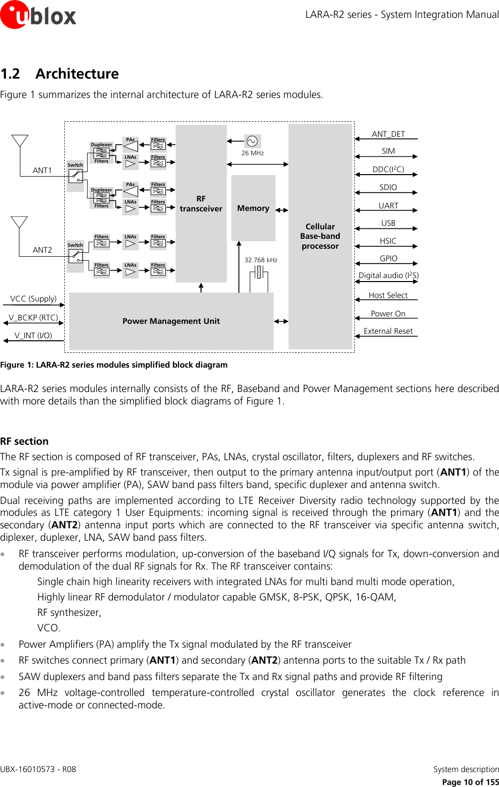 LARA-R2 series - System Integration Manual UBX-16010573 - R08    System description     Page 10 of 155 1.2 Architecture Figure 1 summarizes the internal architecture of LARA-R2 series modules.  CellularBase-bandprocessorMemoryPower Management Unit26 MHz32.768 kHzANT1RF transceiverANT2V_INT (I/O)V_BCKP (RTC)VCC (Supply)SIMUSBHSICPower OnExternal ResetPAsLNAs FiltersFiltersDuplexerFiltersPAsLNAs FiltersFiltersDuplexerFiltersLNAs FiltersFiltersLNAs FiltersFiltersSwitchSwitchDDC(I2C)SDIOUARTANT_DETHost SelectGPIODigital audio (I2S) Figure 1: LARA-R2 series modules simplified block diagram LARA-R2 series modules internally consists of the RF, Baseband and Power Management sections here described with more details than the simplified block diagrams of Figure 1.  RF section The RF section is composed of RF transceiver, PAs, LNAs, crystal oscillator, filters, duplexers and RF switches. Tx signal is pre-amplified by RF transceiver, then output to the primary antenna input/output port (ANT1) of the module via power amplifier (PA), SAW band pass filters band, specific duplexer and antenna switch. Dual  receiving  paths  are  implemented  according  to  LTE  Receiver  Diversity  radio  technology  supported  by  the modules as LTE category 1  User Equipments: incoming  signal  is received through the primary (ANT1)  and the secondary  (ANT2) antenna  input  ports which  are  connected  to the  RF transceiver  via specific antenna  switch, diplexer, duplexer, LNA, SAW band pass filters.   RF transceiver performs modulation, up-conversion of the baseband I/Q signals for Tx, down-conversion and demodulation of the dual RF signals for Rx. The RF transceiver contains: Single chain high linearity receivers with integrated LNAs for multi band multi mode operation, Highly linear RF demodulator / modulator capable GMSK, 8-PSK, QPSK, 16-QAM,  RF synthesizer, VCO.  Power Amplifiers (PA) amplify the Tx signal modulated by the RF transceiver   RF switches connect primary (ANT1) and secondary (ANT2) antenna ports to the suitable Tx / Rx path  SAW duplexers and band pass filters separate the Tx and Rx signal paths and provide RF filtering  26  MHz  voltage-controlled  temperature-controlled  crystal  oscillator  generates  the  clock  reference  in active-mode or connected-mode.  