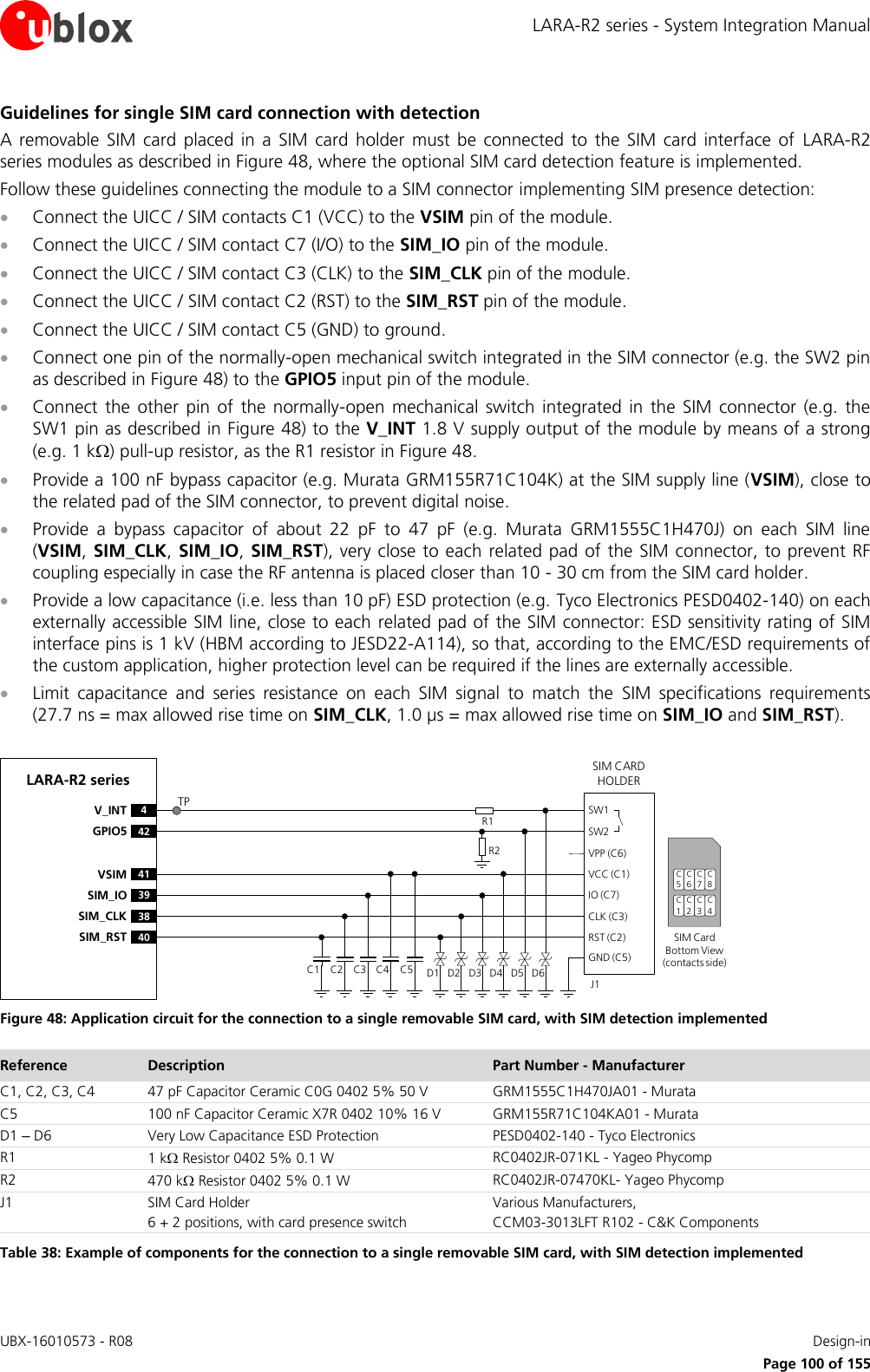 LARA-R2 series - System Integration Manual UBX-16010573 - R08    Design-in     Page 100 of 155 Guidelines for single SIM card connection with detection A  removable  SIM  card  placed  in  a  SIM  card  holder  must  be  connected  to  the  SIM  card  interface  of  LARA-R2 series modules as described in Figure 48, where the optional SIM card detection feature is implemented. Follow these guidelines connecting the module to a SIM connector implementing SIM presence detection:  Connect the UICC / SIM contacts C1 (VCC) to the VSIM pin of the module.  Connect the UICC / SIM contact C7 (I/O) to the SIM_IO pin of the module.  Connect the UICC / SIM contact C3 (CLK) to the SIM_CLK pin of the module.  Connect the UICC / SIM contact C2 (RST) to the SIM_RST pin of the module.  Connect the UICC / SIM contact C5 (GND) to ground.  Connect one pin of the normally-open mechanical switch integrated in the SIM connector (e.g. the SW2 pin as described in Figure 48) to the GPIO5 input pin of the module.  Connect  the  other  pin  of  the  normally-open  mechanical  switch  integrated  in  the  SIM  connector  (e.g.  the SW1 pin as described in Figure 48) to the V_INT 1.8 V supply output of the module by means of a strong (e.g. 1 k) pull-up resistor, as the R1 resistor in Figure 48.  Provide a 100 nF bypass capacitor (e.g. Murata GRM155R71C104K) at the SIM supply line (VSIM), close to the related pad of the SIM connector, to prevent digital noise.   Provide  a  bypass  capacitor  of  about  22  pF  to  47  pF  (e.g.  Murata  GRM1555C1H470J)  on  each  SIM  line (VSIM, SIM_CLK, SIM_IO,  SIM_RST), very close to each related pad of the SIM connector, to prevent RF coupling especially in case the RF antenna is placed closer than 10 - 30 cm from the SIM card holder.  Provide a low capacitance (i.e. less than 10 pF) ESD protection (e.g. Tyco Electronics PESD0402-140) on each externally accessible SIM line, close to each related pad of the SIM connector: ESD sensitivity rating of SIM interface pins is 1 kV (HBM according to JESD22-A114), so that, according to the EMC/ESD requirements of the custom application, higher protection level can be required if the lines are externally accessible.   Limit  capacitance  and  series  resistance  on  each  SIM  signal  to  match  the  SIM  specifications  requirements (27.7 ns = max allowed rise time on SIM_CLK, 1.0 µs = max allowed rise time on SIM_IO and SIM_RST).  LARA-R2 series41VSIM39SIM_IO38SIM_CLK40SIM_RST4V_INT42GPIO5SIM CARD HOLDERC5C6C7C1C2C3SIM Card Bottom View (contacts side)C1VPP (C6)VCC (C1)IO (C7)CLK (C3)RST (C2)GND (C5)C2 C3 C5J1C4SW1SW2D1 D2 D3 D4 D5 D6R2R1C8C4TP Figure 48: Application circuit for the connection to a single removable SIM card, with SIM detection implemented Reference Description Part Number - Manufacturer C1, C2, C3, C4 47 pF Capacitor Ceramic C0G 0402 5% 50 V GRM1555C1H470JA01 - Murata C5 100 nF Capacitor Ceramic X7R 0402 10% 16 V GRM155R71C104KA01 - Murata D1 – D6 Very Low Capacitance ESD Protection PESD0402-140 - Tyco Electronics  R1 1 k Resistor 0402 5% 0.1 W RC0402JR-071KL - Yageo Phycomp R2 470 k Resistor 0402 5% 0.1 W RC0402JR-07470KL- Yageo Phycomp J1 SIM Card Holder 6 + 2 positions, with card presence switch Various Manufacturers, CCM03-3013LFT R102 - C&amp;K Components Table 38: Example of components for the connection to a single removable SIM card, with SIM detection implemented  