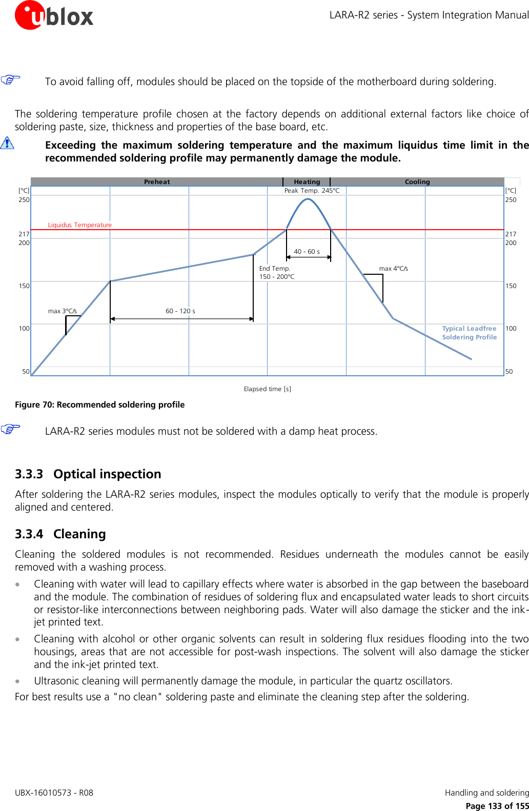 LARA-R2 series - System Integration Manual UBX-16010573 - R08    Handling and soldering     Page 133 of 155   To avoid falling off, modules should be placed on the topside of the motherboard during soldering.  The  soldering  temperature  profile  chosen  at  the  factory  depends  on  additional  external  factors  like  choice  of soldering paste, size, thickness and properties of the base board, etc.   Exceeding  the  maximum  soldering  temperature  and  the  maximum  liquidus  time  limit  in  the recommended soldering profile may permanently damage the module. Preheat Heating Cooling[°C] Peak Temp. 245°C [°C]250 250Liquidus Temperature217 217200 20040 - 60 sEnd Temp.max 4°C/s150 - 200°C150 150max 3°C/s60 - 120 s100 Typical Leadfree 100Soldering Profile50 50Elapsed time [s] Figure 70: Recommended soldering profile  LARA-R2 series modules must not be soldered with a damp heat process.  3.3.3 Optical inspection After soldering the LARA-R2 series modules, inspect the modules optically to verify that the module is properly aligned and centered. 3.3.4 Cleaning Cleaning  the  soldered  modules  is  not  recommended.  Residues  underneath  the  modules  cannot  be  easily removed with a washing process.  Cleaning with water will lead to capillary effects where water is absorbed in the gap between the baseboard and the module. The combination of residues of soldering flux and encapsulated water leads to short circuits or resistor-like interconnections between neighboring pads. Water will also damage the sticker and the ink-jet printed text.  Cleaning with alcohol or  other organic  solvents can  result  in soldering flux residues  flooding  into the two housings, areas that are not accessible for post-wash inspections. The solvent will also damage the sticker and the ink-jet printed text.  Ultrasonic cleaning will permanently damage the module, in particular the quartz oscillators. For best results use a &quot;no clean&quot; soldering paste and eliminate the cleaning step after the soldering. 