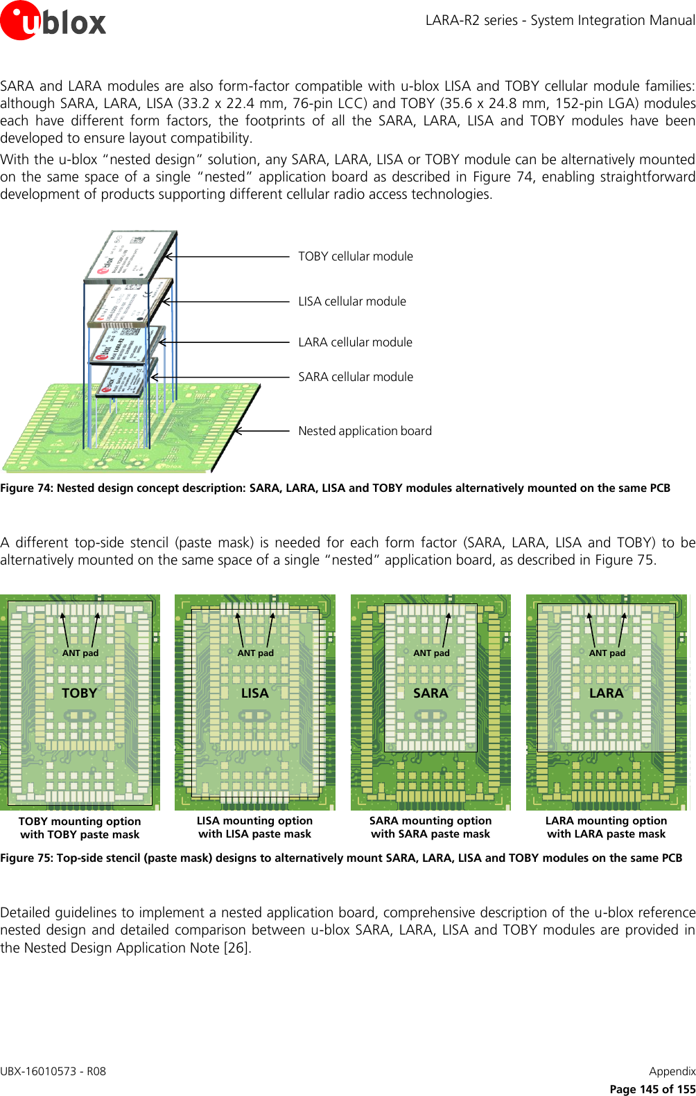LARA-R2 series - System Integration Manual UBX-16010573 - R08    Appendix      Page 145 of 155 SARA and LARA modules are also form-factor compatible with u-blox LISA and TOBY cellular module families: although SARA, LARA, LISA (33.2 x 22.4 mm, 76-pin LCC) and TOBY (35.6 x 24.8 mm, 152-pin LGA) modules each  have  different  form  factors,  the  footprints  of  all  the  SARA,  LARA,  LISA  and  TOBY  modules  have  been developed to ensure layout compatibility. With the u-blox “nested design” solution, any SARA, LARA, LISA or TOBY module can be alternatively mounted on the  same space of  a  single “nested” application board as described  in  Figure 74,  enabling  straightforward development of products supporting different cellular radio access technologies.  LISA cellular moduleLARA cellular moduleSARA cellular moduleNested application boardTOBY cellular module Figure 74: Nested design concept description: SARA, LARA, LISA and TOBY modules alternatively mounted on the same PCB  A  different  top-side  stencil  (paste  mask)  is  needed  for  each  form  factor  (SARA,  LARA,  LISA  and  TOBY)  to  be alternatively mounted on the same space of a single “nested” application board, as described in Figure 75.  LISA mounting optionwith LISA paste maskANT padTOBY mounting optionwith TOBY paste maskANT padSARA mounting optionwith SARA paste maskANT pad ANT padLARA mounting optionwith LARA paste maskLISATOBY SARA LARA Figure 75: Top-side stencil (paste mask) designs to alternatively mount SARA, LARA, LISA and TOBY modules on the same PCB  Detailed guidelines to implement a nested application board, comprehensive description of the u-blox reference nested design and detailed comparison between u-blox SARA, LARA, LISA and TOBY modules are provided  in the Nested Design Application Note [26].   