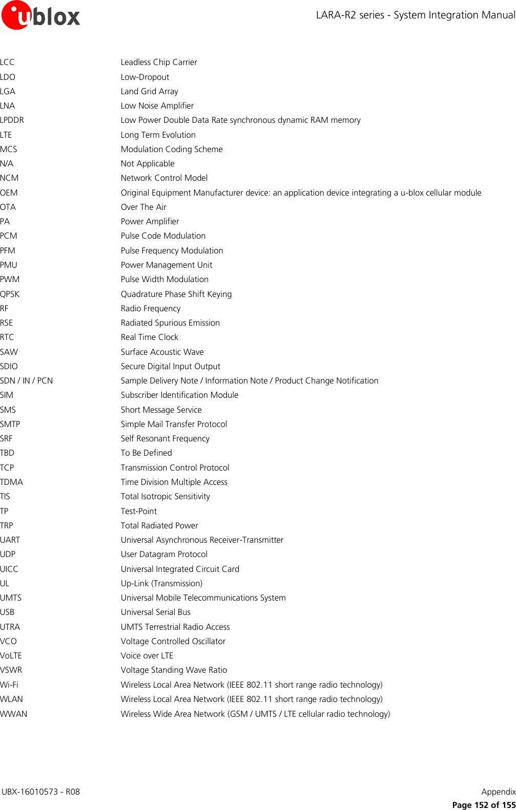 LARA-R2 series - System Integration Manual UBX-16010573 - R08    Appendix      Page 152 of 155 LCC Leadless Chip Carrier LDO Low-Dropout LGA Land Grid Array LNA Low Noise Amplifier LPDDR Low Power Double Data Rate synchronous dynamic RAM memory  LTE  Long Term Evolution  MCS Modulation Coding Scheme  N/A Not Applicable NCM Network Control Model OEM  Original Equipment Manufacturer device: an application device integrating a u-blox cellular module  OTA Over The Air PA Power Amplifier PCM Pulse Code Modulation PFM Pulse Frequency Modulation PMU Power Management Unit PWM Pulse Width Modulation QPSK  Quadrature Phase Shift Keying  RF Radio Frequency RSE Radiated Spurious Emission RTC Real Time Clock SAW Surface Acoustic Wave SDIO Secure Digital Input Output  SDN / IN / PCN Sample Delivery Note / Information Note / Product Change Notification  SIM Subscriber Identification Module SMS Short Message Service SMTP Simple Mail Transfer Protocol SRF Self Resonant Frequency TBD To Be Defined TCP Transmission Control Protocol TDMA Time Division Multiple Access  TIS  Total Isotropic Sensitivity  TP  Test-Point  TRP  Total Radiated Power  UART Universal Asynchronous Receiver-Transmitter UDP User Datagram Protocol  UICC Universal Integrated Circuit Card UL Up-Link (Transmission) UMTS Universal Mobile Telecommunications System USB Universal Serial Bus UTRA UMTS Terrestrial Radio Access  VCO Voltage Controlled Oscillator VoLTE  Voice over LTE  VSWR  Voltage Standing Wave Ratio  Wi-Fi  Wireless Local Area Network (IEEE 802.11 short range radio technology)  WLAN  Wireless Local Area Network (IEEE 802.11 short range radio technology)  WWAN  Wireless Wide Area Network (GSM / UMTS / LTE cellular radio technology)   