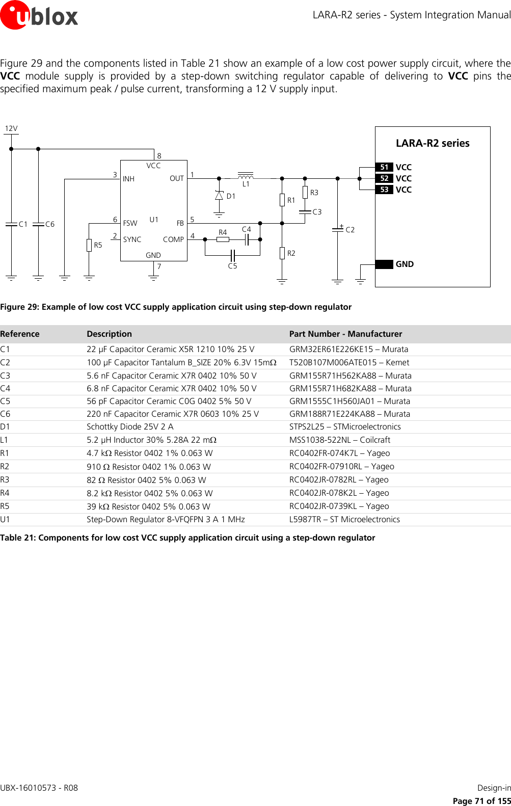 LARA-R2 series - System Integration Manual UBX-16010573 - R08    Design-in     Page 71 of 155 Figure 29 and the components listed in Table 21 show an example of a low cost power supply circuit, where the VCC  module  supply  is  provided  by  a  step-down  switching  regulator  capable  of  delivering  to  VCC  pins  the specified maximum peak / pulse current, transforming a 12 V supply input.  LARA-R2 series12VR5C6C1VCCINHFSWSYNCOUTGND263178C3C2D1 R1R2L1U1GNDFBCOMP54R3C4R4C552 VCC53 VCC51 VCC Figure 29: Example of low cost VCC supply application circuit using step-down regulator Reference Description Part Number - Manufacturer C1 22 µF Capacitor Ceramic X5R 1210 10% 25 V GRM32ER61E226KE15 – Murata C2 100 µF Capacitor Tantalum B_SIZE 20% 6.3V 15m T520B107M006ATE015 – Kemet C3 5.6 nF Capacitor Ceramic X7R 0402 10% 50 V GRM155R71H562KA88 – Murata C4  6.8 nF Capacitor Ceramic X7R 0402 10% 50 V GRM155R71H682KA88 – Murata C5 56 pF Capacitor Ceramic C0G 0402 5% 50 V GRM1555C1H560JA01 – Murata C6 220 nF Capacitor Ceramic X7R 0603 10% 25 V GRM188R71E224KA88 – Murata D1 Schottky Diode 25V 2 A STPS2L25 – STMicroelectronics L1 5.2 µH Inductor 30% 5.28A 22 m MSS1038-522NL – Coilcraft R1 4.7 k Resistor 0402 1% 0.063 W RC0402FR-074K7L – Yageo R2 910  Resistor 0402 1% 0.063 W RC0402FR-07910RL – Yageo R3 82  Resistor 0402 5% 0.063 W RC0402JR-0782RL – Yageo R4 8.2 k Resistor 0402 5% 0.063 W RC0402JR-078K2L – Yageo R5 39 k Resistor 0402 5% 0.063 W RC0402JR-0739KL – Yageo U1 Step-Down Regulator 8-VFQFPN 3 A 1 MHz L5987TR – ST Microelectronics Table 21: Components for low cost VCC supply application circuit using a step-down regulator  