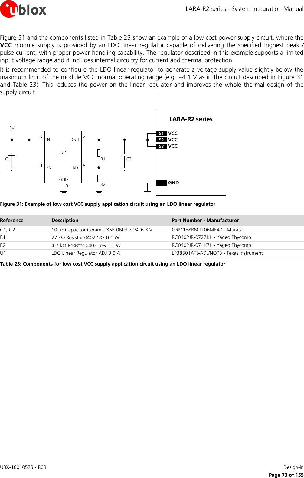 LARA-R2 series - System Integration Manual UBX-16010573 - R08    Design-in     Page 73 of 155 Figure 31 and the components listed in Table 23 show an example of a low cost power supply circuit, where the VCC  module  supply  is  provided  by  an  LDO  linear  regulator  capable  of  delivering  the  specified  highest  peak  / pulse current, with proper power handling capability. The regulator described in this example supports a limited input voltage range and it includes internal circuitry for current and thermal protection. It is recommended to configure the LDO linear regulator to generate a voltage supply value slightly below the maximum limit of the module VCC normal operating range (e.g. ~4.1 V as in the circuit described in Figure 31 and  Table  23).  This  reduces  the  power  on the  linear  regulator  and  improves  the  whole  thermal design of  the supply circuit.  5VC1IN OUTADJGND12453C2R1R2U1ENLARA-R2 series52 VCC53 VCC51 VCCGND Figure 31: Example of low cost VCC supply application circuit using an LDO linear regulator Reference Description Part Number - Manufacturer C1, C2 10 µF Capacitor Ceramic X5R 0603 20% 6.3 V GRM188R60J106ME47 - Murata R1 27 k Resistor 0402 5% 0.1 W RC0402JR-0727KL - Yageo Phycomp R2 4.7 k Resistor 0402 5% 0.1 W RC0402JR-074K7L - Yageo Phycomp U1 LDO Linear Regulator ADJ 3.0 A LP38501ATJ-ADJ/NOPB - Texas Instrument Table 23: Components for low cost VCC supply application circuit using an LDO linear regulator  