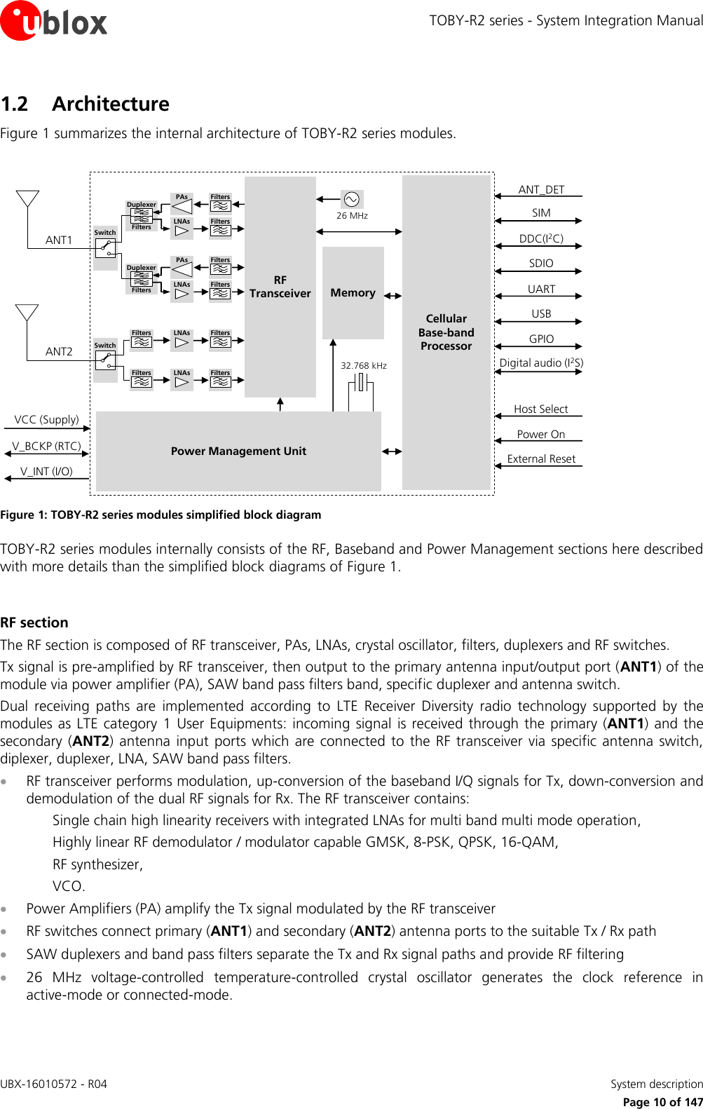 TOBY-R2 series - System Integration Manual UBX-16010572 - R04    System description     Page 10 of 147 1.2 Architecture Figure 1 summarizes the internal architecture of TOBY-R2 series modules.  CellularBase-bandProcessorMemoryPower Management Unit26 MHz32.768 kHzANT1RF TransceiverANT2V_INT (I/O)V_BCKP (RTC)VCC (Supply)SIMUSBGPIOPower OnExternal ResetPAsLNAs FiltersFiltersDuplexerFiltersPAsLNAs FiltersFiltersDuplexerFiltersLNAs FiltersFiltersLNAs FiltersFiltersSwitchSwitchDDC(I2C)SDIOUARTDigital audio (I2S)ANT_DETHost Select Figure 1: TOBY-R2 series modules simplified block diagram TOBY-R2 series modules internally consists of the RF, Baseband and Power Management sections here described with more details than the simplified block diagrams of Figure 1.  RF section The RF section is composed of RF transceiver, PAs, LNAs, crystal oscillator, filters, duplexers and RF switches. Tx signal is pre-amplified by RF transceiver, then output to the primary antenna input/output port (ANT1) of the module via power amplifier (PA), SAW band pass filters band, specific duplexer and antenna switch. Dual  receiving  paths  are  implemented  according  to  LTE  Receiver  Diversity  radio  technology  supported  by  the modules as LTE  category  1 User Equipments: incoming signal is received  through the  primary  (ANT1) and the secondary  (ANT2)  antenna  input ports which are  connected  to the  RF  transceiver via  specific antenna  switch, diplexer, duplexer, LNA, SAW band pass filters.   RF transceiver performs modulation, up-conversion of the baseband I/Q signals for Tx, down-conversion and demodulation of the dual RF signals for Rx. The RF transceiver contains: Single chain high linearity receivers with integrated LNAs for multi band multi mode operation, Highly linear RF demodulator / modulator capable GMSK, 8-PSK, QPSK, 16-QAM,  RF synthesizer, VCO.  Power Amplifiers (PA) amplify the Tx signal modulated by the RF transceiver   RF switches connect primary (ANT1) and secondary (ANT2) antenna ports to the suitable Tx / Rx path  SAW duplexers and band pass filters separate the Tx and Rx signal paths and provide RF filtering  26  MHz  voltage-controlled  temperature-controlled  crystal  oscillator  generates  the  clock  reference  in active-mode or connected-mode.  