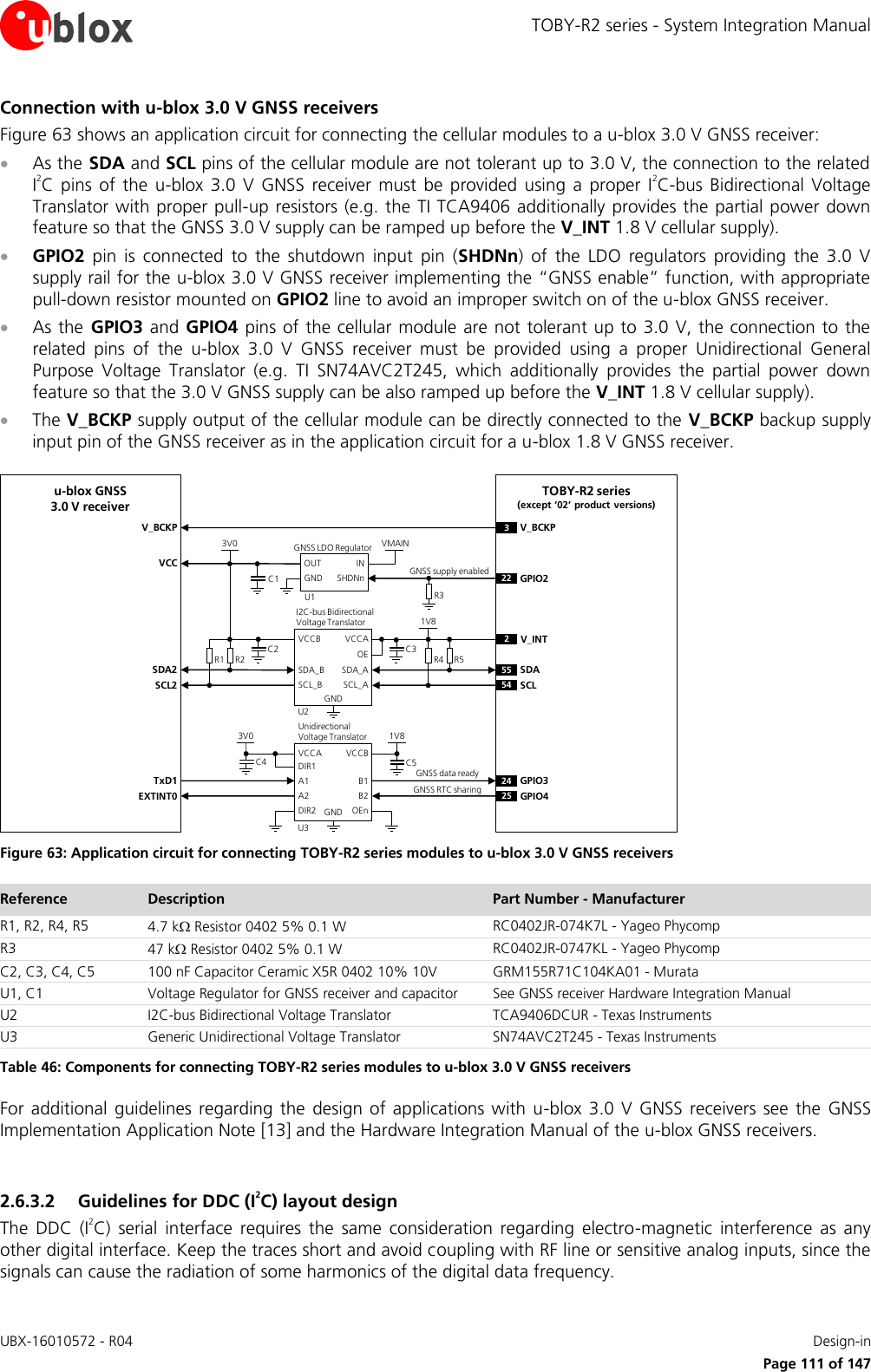TOBY-R2 series - System Integration Manual UBX-16010572 - R04    Design-in     Page 111 of 147 Connection with u-blox 3.0 V GNSS receivers Figure 63 shows an application circuit for connecting the cellular modules to a u-blox 3.0 V GNSS receiver:  As the SDA and SCL pins of the cellular module are not tolerant up to 3.0 V, the connection to the related I2C pins  of  the u-blox  3.0  V  GNSS  receiver  must  be  provided  using  a  proper  I2C-bus  Bidirectional  Voltage Translator with proper pull-up resistors (e.g. the TI TCA9406 additionally provides the partial power down feature so that the GNSS 3.0 V supply can be ramped up before the V_INT 1.8 V cellular supply).  GPIO2  pin  is  connected  to  the  shutdown  input  pin  (SHDNn)  of  the  LDO  regulators  providing  the  3.0  V supply rail for the u-blox 3.0 V GNSS receiver implementing the “GNSS enable” function, with appropriate pull-down resistor mounted on GPIO2 line to avoid an improper switch on of the u-blox GNSS receiver.  As the  GPIO3 and GPIO4 pins of the cellular module are not tolerant up to 3.0  V, the connection to the related  pins  of  the  u-blox  3.0  V  GNSS  receiver  must  be  provided  using  a  proper  Unidirectional  General Purpose  Voltage  Translator  (e.g.  TI  SN74AVC2T245,  which  additionally  provides  the  partial  power  down feature so that the 3.0 V GNSS supply can be also ramped up before the V_INT 1.8 V cellular supply).  The V_BCKP supply output of the cellular module can be directly connected to the V_BCKP backup supply input pin of the GNSS receiver as in the application circuit for a u-blox 1.8 V GNSS receiver. u-blox GNSS 3.0 V receiver24 GPIO31V8B1 A1GNDU3B2A2VCCBVCCAUnidirectionalVoltage TranslatorC4 C53V0TxD1R1INOUTGNSS LDO RegulatorSHDNnR2VMAIN3V0U122 GPIO255 SDA54 SCLR4 R51V8SDA_A SDA_BGNDU2SCL_ASCL_BVCCAVCCBI2C-bus Bidirectional Voltage Translator2V_INTC1C2 C3R3SDA2SCL2VCCDIR1DIR23V_BCKPV_BCKPOEnOEGNSS data readyGNSS supply enabledGNDTOBY-R2 series(except ‘02’ product versions)EXTINT0 GPIO425GNSS RTC sharing Figure 63: Application circuit for connecting TOBY-R2 series modules to u-blox 3.0 V GNSS receivers Reference Description Part Number - Manufacturer R1, R2, R4, R5 4.7 k Resistor 0402 5% 0.1 W  RC0402JR-074K7L - Yageo Phycomp R3 47 k Resistor 0402 5% 0.1 W  RC0402JR-0747KL - Yageo Phycomp C2, C3, C4, C5 100 nF Capacitor Ceramic X5R 0402 10% 10V GRM155R71C104KA01 - Murata U1, C1 Voltage Regulator for GNSS receiver and capacitor  See GNSS receiver Hardware Integration Manual U2 I2C-bus Bidirectional Voltage Translator TCA9406DCUR - Texas Instruments U3 Generic Unidirectional Voltage Translator SN74AVC2T245 - Texas Instruments Table 46: Components for connecting TOBY-R2 series modules to u-blox 3.0 V GNSS receivers For additional  guidelines regarding the  design of applications  with  u-blox 3.0  V GNSS  receivers  see  the  GNSS Implementation Application Note [13] and the Hardware Integration Manual of the u-blox GNSS receivers.  2.6.3.2 Guidelines for DDC (I2C) layout design The  DDC  (I2C)  serial  interface  requires  the  same  consideration  regarding  electro-magnetic  interference  as  any other digital interface. Keep the traces short and avoid coupling with RF line or sensitive analog inputs, since the signals can cause the radiation of some harmonics of the digital data frequency. 