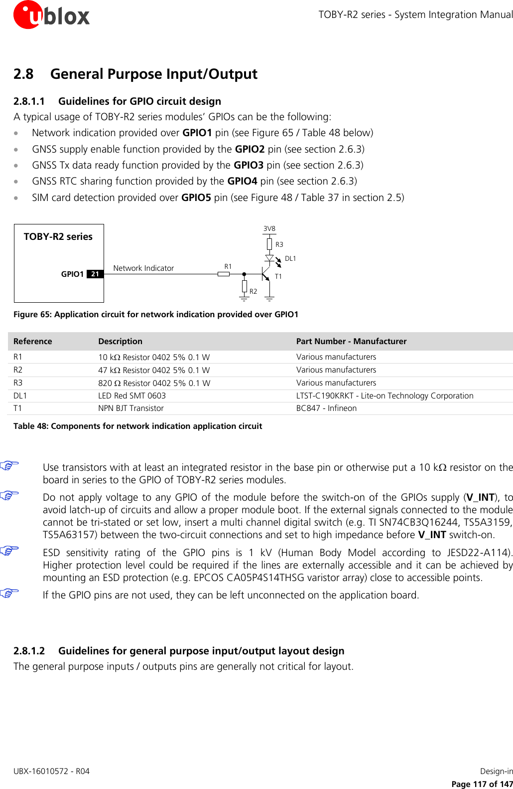 TOBY-R2 series - System Integration Manual UBX-16010572 - R04    Design-in     Page 117 of 147 2.8 General Purpose Input/Output 2.8.1.1 Guidelines for GPIO circuit design A typical usage of TOBY-R2 series modules’ GPIOs can be the following:  Network indication provided over GPIO1 pin (see Figure 65 / Table 48 below)  GNSS supply enable function provided by the GPIO2 pin (see section 2.6.3)  GNSS Tx data ready function provided by the GPIO3 pin (see section 2.6.3)  GNSS RTC sharing function provided by the GPIO4 pin (see section 2.6.3)  SIM card detection provided over GPIO5 pin (see Figure 48 / Table 37 in section 2.5)  TOBY-R2 seriesGPIO1R1R33V8Network IndicatorR221DL1T1 Figure 65: Application circuit for network indication provided over GPIO1 Reference Description Part Number - Manufacturer R1 10 k Resistor 0402 5% 0.1 W Various manufacturers R2 47 k Resistor 0402 5% 0.1 W Various manufacturers R3 820  Resistor 0402 5% 0.1 W Various manufacturers DL1 LED Red SMT 0603 LTST-C190KRKT - Lite-on Technology Corporation T1 NPN BJT Transistor BC847 - Infineon Table 48: Components for network indication application circuit   Use transistors with at least an integrated resistor in the base pin or otherwise put a 10 k resistor on the board in series to the GPIO of TOBY-R2 series modules.  Do not apply voltage  to  any GPIO  of  the module before the switch-on of the GPIOs supply (V_INT),  to avoid latch-up of circuits and allow a proper module boot. If the external signals connected to the module cannot be tri-stated or set low, insert a multi channel digital switch (e.g. TI SN74CB3Q16244, TS5A3159, TS5A63157) between the two-circuit connections and set to high impedance before V_INT switch-on.  ESD  sensitivity  rating  of  the  GPIO  pins  is  1  kV  (Human  Body  Model  according  to  JESD22-A114).  Higher protection level could  be  required if the lines are externally accessible and it can be  achieved by mounting an ESD protection (e.g. EPCOS CA05P4S14THSG varistor array) close to accessible points.  If the GPIO pins are not used, they can be left unconnected on the application board.   2.8.1.2 Guidelines for general purpose input/output layout design The general purpose inputs / outputs pins are generally not critical for layout.  