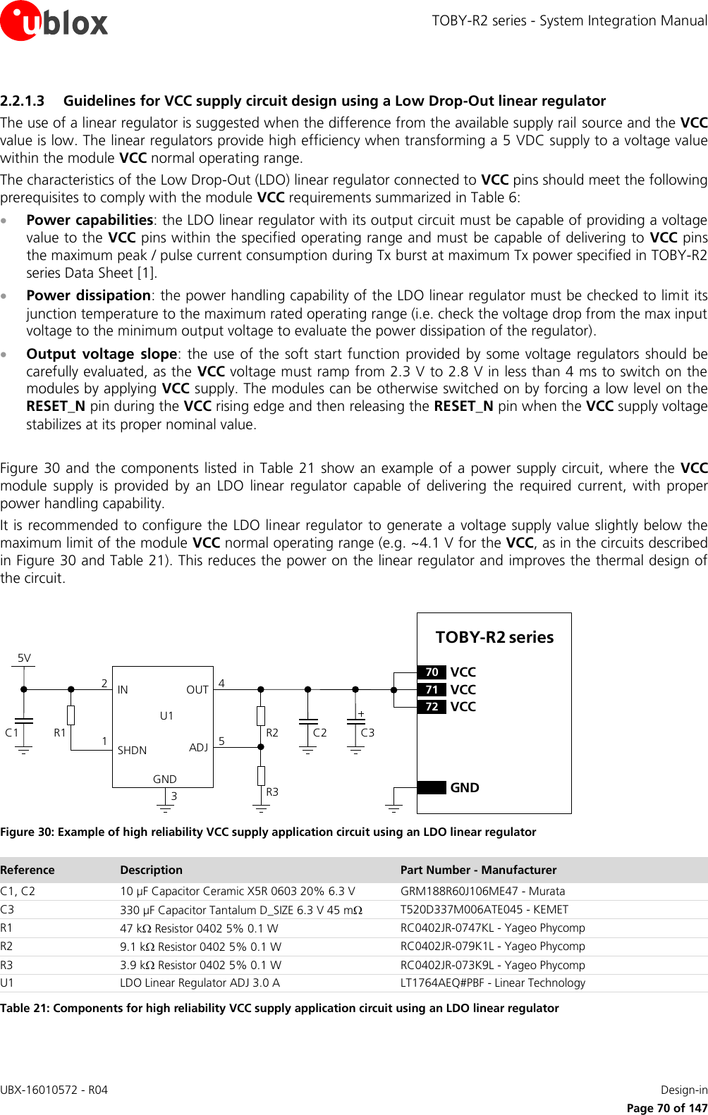 TOBY-R2 series - System Integration Manual UBX-16010572 - R04    Design-in     Page 70 of 147 2.2.1.3 Guidelines for VCC supply circuit design using a Low Drop-Out linear regulator The use of a linear regulator is suggested when the difference from the available supply rail source and the VCC value is low. The linear regulators provide high efficiency when transforming a 5 VDC supply to a voltage value within the module VCC normal operating range. The characteristics of the Low Drop-Out (LDO) linear regulator connected to VCC pins should meet the following prerequisites to comply with the module VCC requirements summarized in Table 6:  Power capabilities: the LDO linear regulator with its output circuit must be capable of providing a voltage value to the VCC pins within the specified operating range and must  be capable of delivering to  VCC pins the maximum peak / pulse current consumption during Tx burst at maximum Tx power specified in TOBY-R2 series Data Sheet [1].  Power dissipation: the power handling capability of the LDO linear regulator must be checked to limit its junction temperature to the maximum rated operating range (i.e. check the voltage drop from the max input voltage to the minimum output voltage to evaluate the power dissipation of the regulator).  Output  voltage  slope: the  use  of  the soft start function provided  by  some voltage  regulators  should be carefully evaluated, as the  VCC voltage must ramp from 2.3 V to 2.8 V in less than 4 ms to switch on the modules by applying VCC supply. The modules can be otherwise switched on by forcing a low level on the RESET_N pin during the VCC rising edge and then releasing the RESET_N pin when the VCC supply voltage stabilizes at its proper nominal value.  Figure 30 and  the  components  listed  in Table 21  show  an example of a power supply circuit, where  the VCC module  supply  is  provided  by  an  LDO  linear  regulator  capable  of  delivering  the  required  current,  with  proper power handling capability. It is recommended to configure the LDO linear regulator  to generate a voltage supply value slightly below the maximum limit of the module VCC normal operating range (e.g. ~4.1 V for the VCC, as in the circuits described in Figure 30 and Table 21). This reduces the power on the linear regulator and improves the thermal design of the circuit.  5VC1 R1IN OUTADJGND12453C2R2R3U1SHDNTOBY-R2 series71 VCC72 VCC70 VCCGNDC3 Figure 30: Example of high reliability VCC supply application circuit using an LDO linear regulator Reference Description Part Number - Manufacturer C1, C2 10 µF Capacitor Ceramic X5R 0603 20% 6.3 V GRM188R60J106ME47 - Murata C3 330 µF Capacitor Tantalum D_SIZE 6.3 V 45 m T520D337M006ATE045 - KEMET R1 47 k Resistor 0402 5% 0.1 W RC0402JR-0747KL - Yageo Phycomp R2 9.1 k Resistor 0402 5% 0.1 W RC0402JR-079K1L - Yageo Phycomp R3 3.9 k Resistor 0402 5% 0.1 W RC0402JR-073K9L - Yageo Phycomp U1 LDO Linear Regulator ADJ 3.0 A LT1764AEQ#PBF - Linear Technology Table 21: Components for high reliability VCC supply application circuit using an LDO linear regulator 