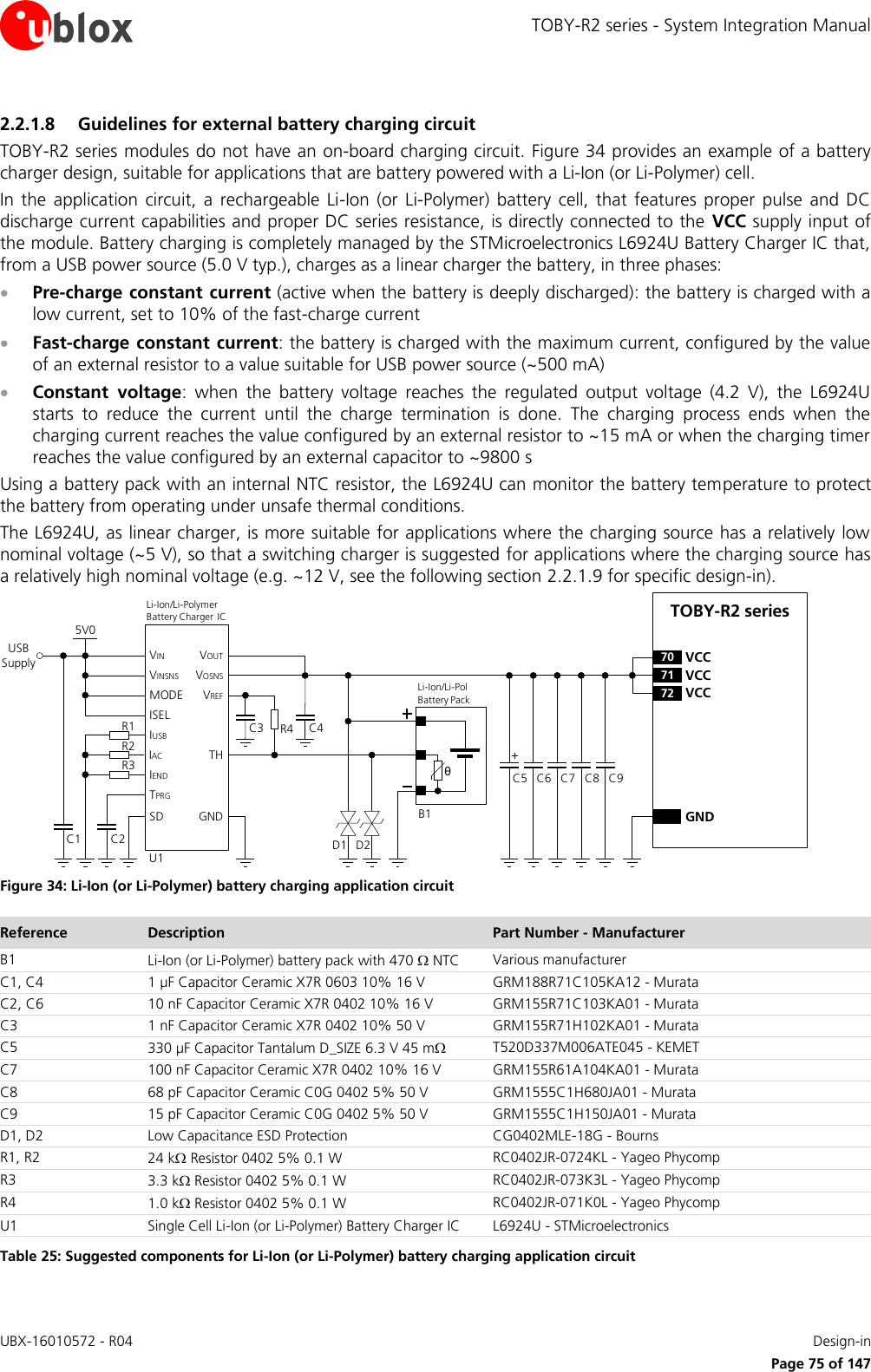 TOBY-R2 series - System Integration Manual UBX-16010572 - R04    Design-in     Page 75 of 147 2.2.1.8 Guidelines for external battery charging circuit TOBY-R2 series modules do not have an on-board charging circuit. Figure 34 provides an example of a battery charger design, suitable for applications that are battery powered with a Li-Ion (or Li-Polymer) cell. In  the  application  circuit,  a  rechargeable  Li-Ion  (or  Li-Polymer)  battery  cell, that  features  proper  pulse  and  DC discharge current capabilities and proper DC series resistance, is directly connected to the  VCC supply input of the module. Battery charging is completely managed by the STMicroelectronics L6924U Battery Charger IC that, from a USB power source (5.0 V typ.), charges as a linear charger the battery, in three phases:  Pre-charge constant current (active when the battery is deeply discharged): the battery is charged with a low current, set to 10% of the fast-charge current  Fast-charge constant current: the battery is charged with the maximum current, configured by the value of an external resistor to a value suitable for USB power source (~500 mA)  Constant  voltage:  when  the  battery  voltage  reaches  the  regulated  output  voltage  (4.2  V),  the  L6924U starts  to  reduce  the  current  until  the  charge  termination  is  done.  The  charging  process  ends  when  the charging current reaches the value configured by an external resistor to ~15 mA or when the charging timer reaches the value configured by an external capacitor to ~9800 s Using a battery pack with an internal NTC resistor, the L6924U can monitor the battery temperature to protect the battery from operating under unsafe thermal conditions. The L6924U, as linear charger, is more suitable for applications where the charging source has a relatively low nominal voltage (~5 V), so that a switching charger is suggested for applications where the charging source has a relatively high nominal voltage (e.g. ~12 V, see the following section 2.2.1.9 for specific design-in). C5 C8C7C6 C9GNDTOBY-R2 series71 VCC72 VCC70 VCC+USB SupplyC3 R4θU1IUSBIACIENDTPRGSDVINVINSNSMODEISELC2C15V0THGNDVOUTVOSNSVREFR1R2R3Li-Ion/Li-Pol Battery PackD1B1C4Li-Ion/Li-Polymer    Battery Charger ICD2 Figure 34: Li-Ion (or Li-Polymer) battery charging application circuit Reference Description Part Number - Manufacturer B1 Li-Ion (or Li-Polymer) battery pack with 470  NTC Various manufacturer C1, C4 1 µF Capacitor Ceramic X7R 0603 10% 16 V GRM188R71C105KA12 - Murata C2, C6 10 nF Capacitor Ceramic X7R 0402 10% 16 V GRM155R71C103KA01 - Murata C3 1 nF Capacitor Ceramic X7R 0402 10% 50 V GRM155R71H102KA01 - Murata C5 330 µF Capacitor Tantalum D_SIZE 6.3 V 45 m T520D337M006ATE045 - KEMET C7 100 nF Capacitor Ceramic X7R 0402 10% 16 V GRM155R61A104KA01 - Murata C8 68 pF Capacitor Ceramic C0G 0402 5% 50 V GRM1555C1H680JA01 - Murata C9 15 pF Capacitor Ceramic C0G 0402 5% 50 V GRM1555C1H150JA01 - Murata D1, D2 Low Capacitance ESD Protection CG0402MLE-18G - Bourns R1, R2 24 k Resistor 0402 5% 0.1 W RC0402JR-0724KL - Yageo Phycomp R3 3.3 k Resistor 0402 5% 0.1 W RC0402JR-073K3L - Yageo Phycomp R4 1.0 k Resistor 0402 5% 0.1 W RC0402JR-071K0L - Yageo Phycomp U1 Single Cell Li-Ion (or Li-Polymer) Battery Charger IC  L6924U - STMicroelectronics Table 25: Suggested components for Li-Ion (or Li-Polymer) battery charging application circuit  