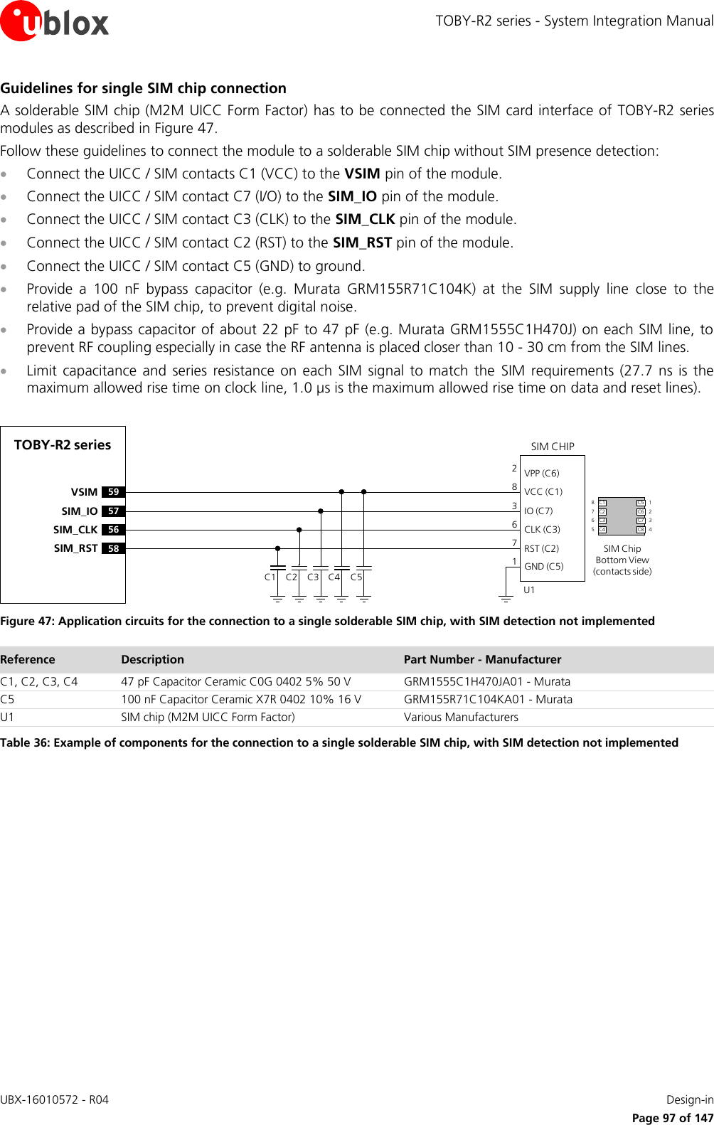 TOBY-R2 series - System Integration Manual UBX-16010572 - R04    Design-in     Page 97 of 147 Guidelines for single SIM chip connection A solderable SIM chip (M2M UICC Form Factor) has to be connected the SIM card interface of  TOBY-R2 series modules as described in Figure 47. Follow these guidelines to connect the module to a solderable SIM chip without SIM presence detection:  Connect the UICC / SIM contacts C1 (VCC) to the VSIM pin of the module.  Connect the UICC / SIM contact C7 (I/O) to the SIM_IO pin of the module.  Connect the UICC / SIM contact C3 (CLK) to the SIM_CLK pin of the module.  Connect the UICC / SIM contact C2 (RST) to the SIM_RST pin of the module.  Connect the UICC / SIM contact C5 (GND) to ground.  Provide  a  100  nF  bypass  capacitor  (e.g.  Murata  GRM155R71C104K)  at  the  SIM  supply  line  close  to  the relative pad of the SIM chip, to prevent digital noise.   Provide a bypass capacitor of about 22 pF to 47 pF (e.g. Murata GRM1555C1H470J) on each SIM line, to prevent RF coupling especially in case the RF antenna is placed closer than 10 - 30 cm from the SIM lines.  Limit capacitance  and  series resistance  on each  SIM  signal  to match  the  SIM  requirements (27.7  ns  is the maximum allowed rise time on clock line, 1.0 µs is the maximum allowed rise time on data and reset lines).  TOBY-R2 series59VSIM57SIM_IO56SIM_CLK58SIM_RSTSIM CHIPSIM ChipBottom View (contacts side)C1VPP (C6)VCC (C1)IO (C7)CLK (C3)RST (C2)GND (C5)C2 C3 C5U1C4283671C1 C5C2 C6C3 C7C4 C887651234 Figure 47: Application circuits for the connection to a single solderable SIM chip, with SIM detection not implemented Reference Description Part Number - Manufacturer C1, C2, C3, C4 47 pF Capacitor Ceramic C0G 0402 5% 50 V GRM1555C1H470JA01 - Murata C5 100 nF Capacitor Ceramic X7R 0402 10% 16 V GRM155R71C104KA01 - Murata U1 SIM chip (M2M UICC Form Factor) Various Manufacturers Table 36: Example of components for the connection to a single solderable SIM chip, with SIM detection not implemented   