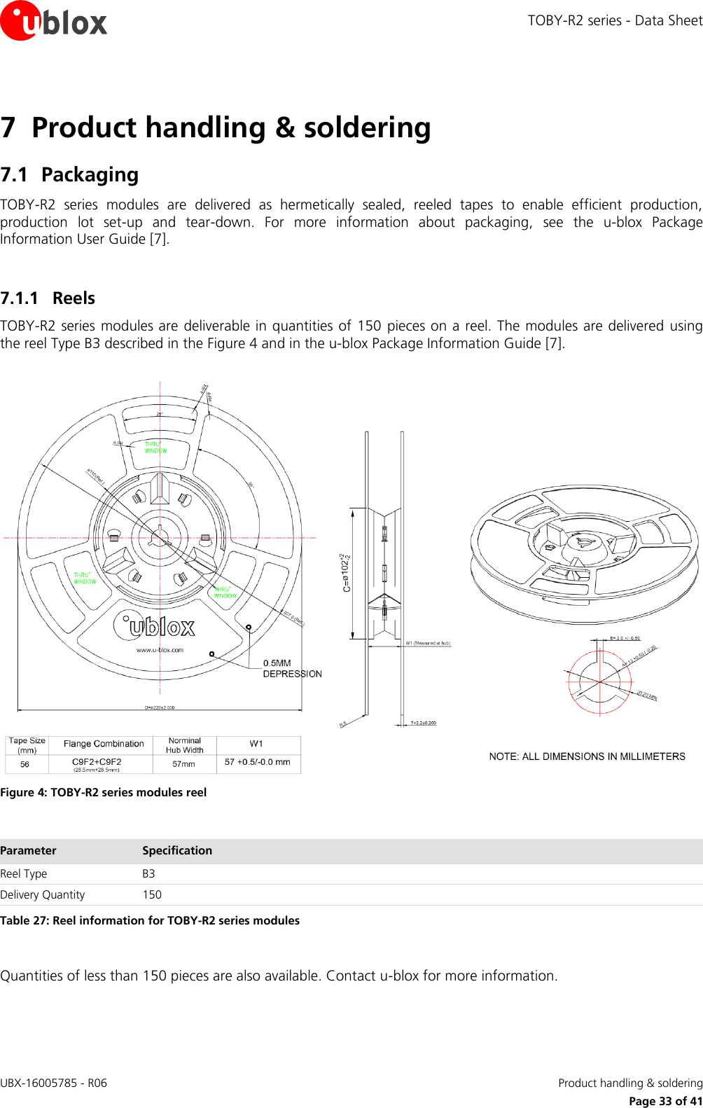 TOBY-R2 series - Data Sheet UBX-16005785 - R06    Product handling &amp; soldering   Page 33 of 41 7 Product handling &amp; soldering 7.1 Packaging TOBY-R2  series  modules are  delivered  as  hermetically  sealed,  reeled  tapes  to  enable  efficient  production, production  lot  set-up  and  tear-down.  For  more  information  about  packaging,  see  the  u-blox  Package Information User Guide [7].  7.1.1 Reels TOBY-R2 series  modules are deliverable in quantities  of 150  pieces on a reel. The modules are delivered  using the reel Type B3 described in the Figure 4 and in the u-blox Package Information Guide [7].   Figure 4: TOBY-R2 series modules reel  Parameter Specification Reel Type B3 Delivery Quantity 150 Table 27: Reel information for TOBY-R2 series modules  Quantities of less than 150 pieces are also available. Contact u-blox for more information.  