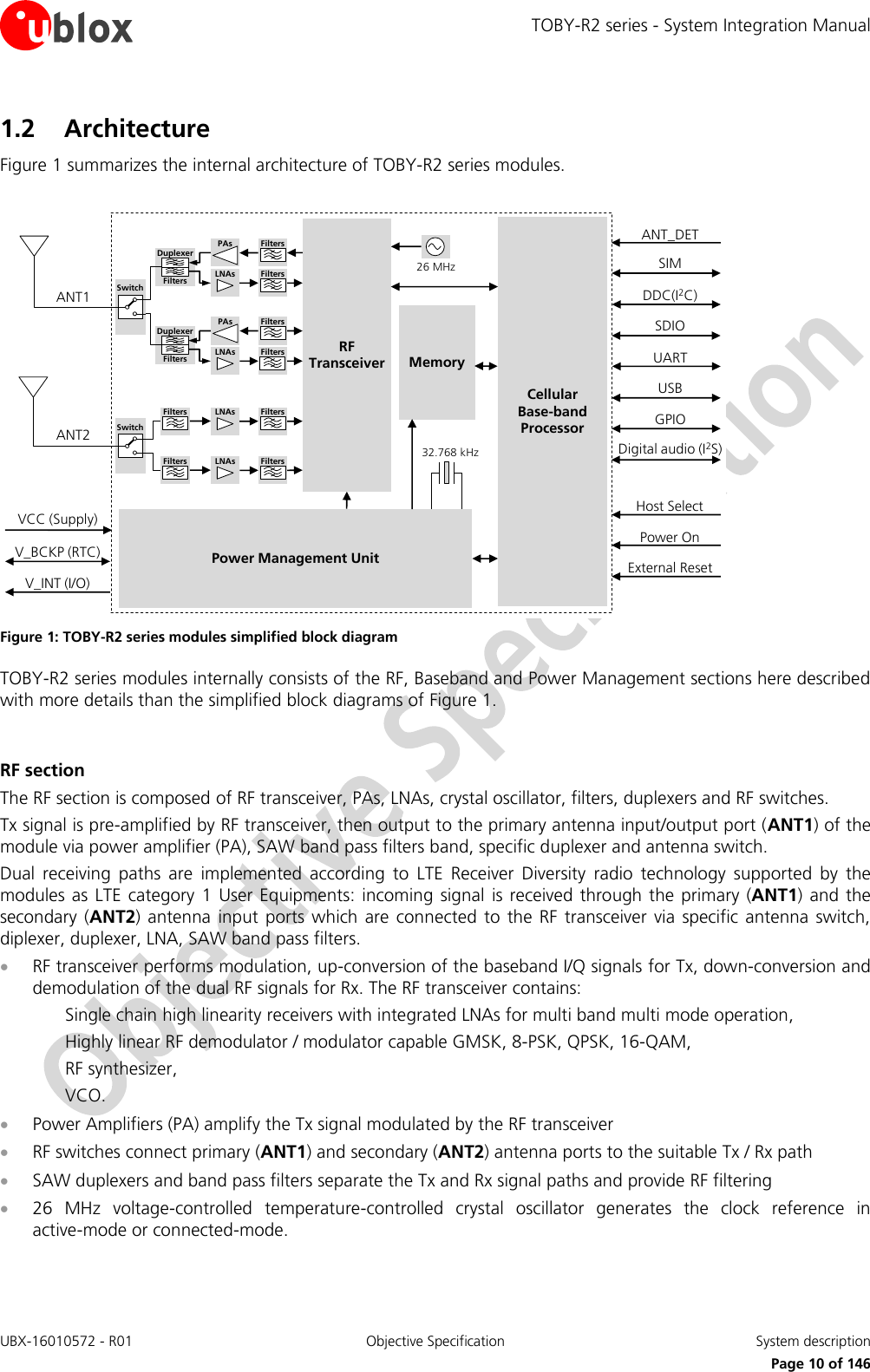 TOBY-R2 series - System Integration Manual UBX-16010572 - R01  Objective Specification  System description     Page 10 of 146 1.2 Architecture Figure 1 summarizes the internal architecture of TOBY-R2 series modules.  CellularBase-bandProcessorMemoryPower Management Unit26 MHz32.768 kHzANT1RF TransceiverANT2V_INT (I/O)V_BCKP (RTC)VCC (Supply)SIMUSBGPIOPower OnExternal ResetPAsLNAs FiltersFiltersDuplexerFiltersPAsLNAs FiltersFiltersDuplexerFiltersLNAs FiltersFiltersLNAs FiltersFiltersSwitchSwitchDDC(I2C)SDIOUARTDigital audio (I2S)ANT_DETHost Select Figure 1: TOBY-R2 series modules simplified block diagram TOBY-R2 series modules internally consists of the RF, Baseband and Power Management sections here described with more details than the simplified block diagrams of Figure 1.  RF section The RF section is composed of RF transceiver, PAs, LNAs, crystal oscillator, filters, duplexers and RF switches. Tx signal is pre-amplified by RF transceiver, then output to the primary antenna input/output port (ANT1) of the module via power amplifier (PA), SAW band pass filters band, specific duplexer and antenna switch. Dual  receiving  paths  are  implemented  according  to  LTE  Receiver  Diversity  radio  technology  supported  by  the modules as LTE  category  1 User Equipments: incoming signal is received  through the  primary (ANT1) and the secondary  (ANT2)  antenna  input ports which  are connected  to the  RF  transceiver via  specific antenna  switch, diplexer, duplexer, LNA, SAW band pass filters.   RF transceiver performs modulation, up-conversion of the baseband I/Q signals for Tx, down-conversion and demodulation of the dual RF signals for Rx. The RF transceiver contains: Single chain high linearity receivers with integrated LNAs for multi band multi mode operation, Highly linear RF demodulator / modulator capable GMSK, 8-PSK, QPSK, 16-QAM,  RF synthesizer, VCO.  Power Amplifiers (PA) amplify the Tx signal modulated by the RF transceiver   RF switches connect primary (ANT1) and secondary (ANT2) antenna ports to the suitable Tx / Rx path  SAW duplexers and band pass filters separate the Tx and Rx signal paths and provide RF filtering  26  MHz  voltage-controlled  temperature-controlled  crystal  oscillator  generates  the  clock  reference  in active-mode or connected-mode.  