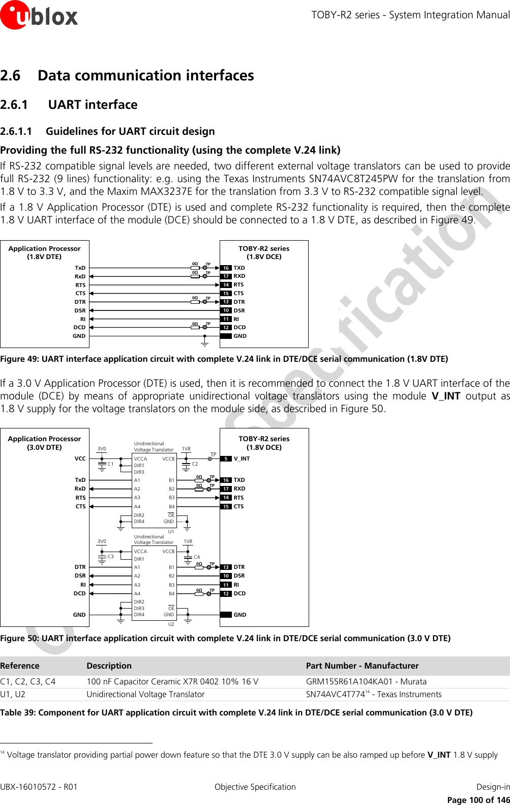 TOBY-R2 series - System Integration Manual UBX-16010572 - R01  Objective Specification  Design-in     Page 100 of 146 2.6 Data communication interfaces 2.6.1 UART interface 2.6.1.1 Guidelines for UART circuit design Providing the full RS-232 functionality (using the complete V.24 link) If RS-232 compatible signal levels are needed, two different external voltage translators  can be used to provide full RS-232 (9 lines) functionality: e.g. using the Texas Instruments SN74AVC8T245PW for the translation from 1.8 V to 3.3 V, and the Maxim MAX3237E for the translation from 3.3 V to RS-232 compatible signal level. If a 1.8 V Application Processor (DTE) is used and complete RS-232 functionality is required, then the complete 1.8 V UART interface of the module (DCE) should be connected to a 1.8 V DTE, as described in Figure 49. TxDApplication Processor(1.8V DTE)RxDRTSCTSDTRDSRRIDCDGNDTOBY-R2 series (1.8V DCE)16 TXD13 DTR17 RXD14 RTS15 CTS10 DSR11 RI12 DCDGND0ΩTP0ΩTP0ΩTP0ΩTP Figure 49: UART interface application circuit with complete V.24 link in DTE/DCE serial communication (1.8V DTE) If a 3.0 V Application Processor (DTE) is used, then it is recommended to connect the 1.8 V UART interface of the module  (DCE)  by  means  of  appropriate  unidirectional  voltage  translators  using  the  module  V_INT  output  as 1.8 V supply for the voltage translators on the module side, as described in Figure 50. 5V_INTTxDApplication Processor(3.0V DTE)RxDRTSCTSDTRDSRRIDCDGNDTOBY-R2 series (1.8V DCE)16 TXD13 DTR17 RXD14 RTS15 CTS10 DSR11 RI12 DCDGND1V8B1 A1GNDU1B3A3VCCBVCCAUnidirectionalVoltage TranslatorC1 C23V0DIR3DIR2 OEDIR1VCCB2 A2B4A4DIR41V8B1 A1GNDU2B3A3VCCBVCCAUnidirectionalVoltage TranslatorC3 C43V0DIR1DIR3 OEB2 A2B4A4DIR4DIR2TP0ΩTP0ΩTP0ΩTP0ΩTP Figure 50: UART interface application circuit with complete V.24 link in DTE/DCE serial communication (3.0 V DTE) Reference Description Part Number - Manufacturer C1, C2, C3, C4 100 nF Capacitor Ceramic X7R 0402 10% 16 V GRM155R61A104KA01 - Murata U1, U2 Unidirectional Voltage Translator SN74AVC4T77414 - Texas Instruments Table 39: Component for UART application circuit with complete V.24 link in DTE/DCE serial communication (3.0 V DTE)                                                       14 Voltage translator providing partial power down feature so that the DTE 3.0 V supply can be also ramped up before V_INT 1.8 V supply 