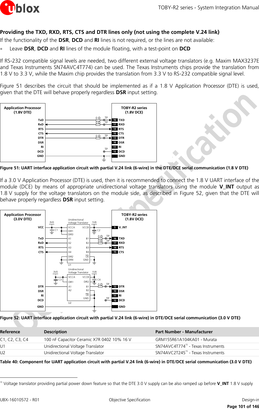 TOBY-R2 series - System Integration Manual UBX-16010572 - R01  Objective Specification  Design-in     Page 101 of 146 Providing the TXD, RXD, RTS, CTS and DTR lines only (not using the complete V.24 link) If the functionality of the DSR, DCD and RI lines is not required, or the lines are not available:  Leave DSR, DCD and RI lines of the module floating, with a test-point on DCD  If RS-232 compatible signal levels are needed, two different external voltage translators (e.g. Maxim MAX3237E and Texas Instruments SN74AVC4T774) can be used. The Texas Instruments chips provide the translation from 1.8 V to 3.3 V, while the Maxim chip provides the translation from 3.3 V to RS-232 compatible signal level.  Figure  51  describes  the  circuit  that  should  be  implemented  as  if  a  1.8  V  Application  Processor  (DTE)  is  used, given that the DTE will behave properly regardless DSR input setting. TxDApplication Processor(1.8V DTE)RxDRTSCTSDTRDSRRIDCDGNDTOBY-R2 series(1.8V DCE)16 TXD13 DTR17 RXD14 RTS15 CTS10 DSR11 RI12 DCDGND0 Ω0 ΩTPTP0 ΩTPTP Figure 51: UART interface application circuit with partial V.24 link (6-wire) in the DTE/DCE serial communication (1.8 V DTE) If a 3.0 V Application Processor (DTE) is used, then it is recommended to connect the 1.8 V UART interface of the module  (DCE)  by  means  of  appropriate  unidirectional  voltage  translators  using  the  module  V_INT  output  as 1.8 V supply for the voltage translators on the module side, as described in  Figure 52, given that the DTE will behave properly regardless DSR input setting. 5V_INTTxDApplication Processor(3.0V DTE)RxDRTSCTSDTRDSRRIDCDGNDTOBY-R2 series(1.8V DCE)16 TXD13 DTR17 RXD14 RTS15 CTS10 DSR11 RI12 DCDGND0 Ω0 ΩTPTP0 ΩTPTP1V8B1 A1GNDU1B3A3VCCBVCCAUnidirectionalVoltage TranslatorC1 C23V0DIR3DIR2 OEDIR1VCCB2 A2B4A4DIR41V8B1 A1GNDU2VCCBVCCAUnidirectionalVoltage TranslatorC33V0DIR1OEB2 A2DIR2 C4 Figure 52: UART interface application circuit with partial V.24 link (6-wire) in DTE/DCE serial communication (3.0 V DTE) Reference Description Part Number - Manufacturer C1, C2, C3, C4 100 nF Capacitor Ceramic X7R 0402 10% 16 V GRM155R61A104KA01 - Murata U1 Unidirectional Voltage Translator SN74AVC4T77415 - Texas Instruments U2 Unidirectional Voltage Translator SN74AVC2T24515 - Texas Instruments Table 40: Component for UART application circuit with partial V.24 link (6-wire) in DTE/DCE serial communication (3.0 V DTE)                                                       15 Voltage translator providing partial power down feature so that the DTE 3.0 V supply can be also ramped up before V_INT 1.8 V supply 