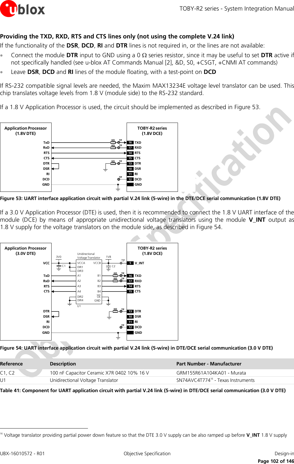 TOBY-R2 series - System Integration Manual UBX-16010572 - R01  Objective Specification  Design-in     Page 102 of 146 Providing the TXD, RXD, RTS and CTS lines only (not using the complete V.24 link) If the functionality of the DSR, DCD, RI and DTR lines is not required in, or the lines are not available:  Connect the module DTR input to GND using a 0  series resistor, since it may be useful to set DTR active if not specifically handled (see u-blox AT Commands Manual [2], &amp;D, S0, +CSGT, +CNMI AT commands)  Leave DSR, DCD and RI lines of the module floating, with a test-point on DCD  If RS-232 compatible signal levels are needed, the Maxim MAX13234E voltage level translator can be used. This chip translates voltage levels from 1.8 V (module side) to the RS-232 standard.  If a 1.8 V Application Processor is used, the circuit should be implemented as described in Figure 53.  TxDApplication Processor(1.8V DTE)RxDRTSCTSDTRDSRRIDCDGNDTOBY-R2 series (1.8V DCE)16 TXD13 DTR17 RXD14 RTS15 CTS10 DSR11 RI12 DCDGND0ΩTP0ΩTP0ΩTPTP Figure 53: UART interface application circuit with partial V.24 link (5-wire) in the DTE/DCE serial communication (1.8V DTE) If a 3.0 V Application Processor (DTE) is used, then it is recommended to connect the 1.8 V UART interface of the module  (DCE)  by  means  of  appropriate  unidirectional  voltage  translators  using  the  module  V_INT  output  as 1.8 V supply for the voltage translators on the module side, as described in Figure 54.  5V_INTTxDApplication Processor(3.0V DTE)RxDRTSCTSDTRDSRRIDCDGNDTOBY-R2 series (1.8V DCE)16 TXD13 DTR17 RXD14 RTS15 CTS10 DSR11 RI12 DCDGND1V8B1 A1GNDU1B3A3VCCBVCCAUnidirectionalVoltage TranslatorC1 C23V0DIR3DIR2 OEDIR1VCCB2 A2B4A4DIR4TP0ΩTP0ΩTP0ΩTPTP Figure 54: UART interface application circuit with partial V.24 link (5-wire) in DTE/DCE serial communication (3.0 V DTE) Reference Description Part Number - Manufacturer C1, C2 100 nF Capacitor Ceramic X7R 0402 10% 16 V GRM155R61A104KA01 - Murata U1 Unidirectional Voltage Translator SN74AVC4T77416 - Texas Instruments Table 41: Component for UART application circuit with partial V.24 link (5-wire) in DTE/DCE serial communication (3.0 V DTE)                                                        16 Voltage translator providing partial power down feature so that the DTE 3.0 V supply can be also ramped up before V_INT 1.8 V supply 