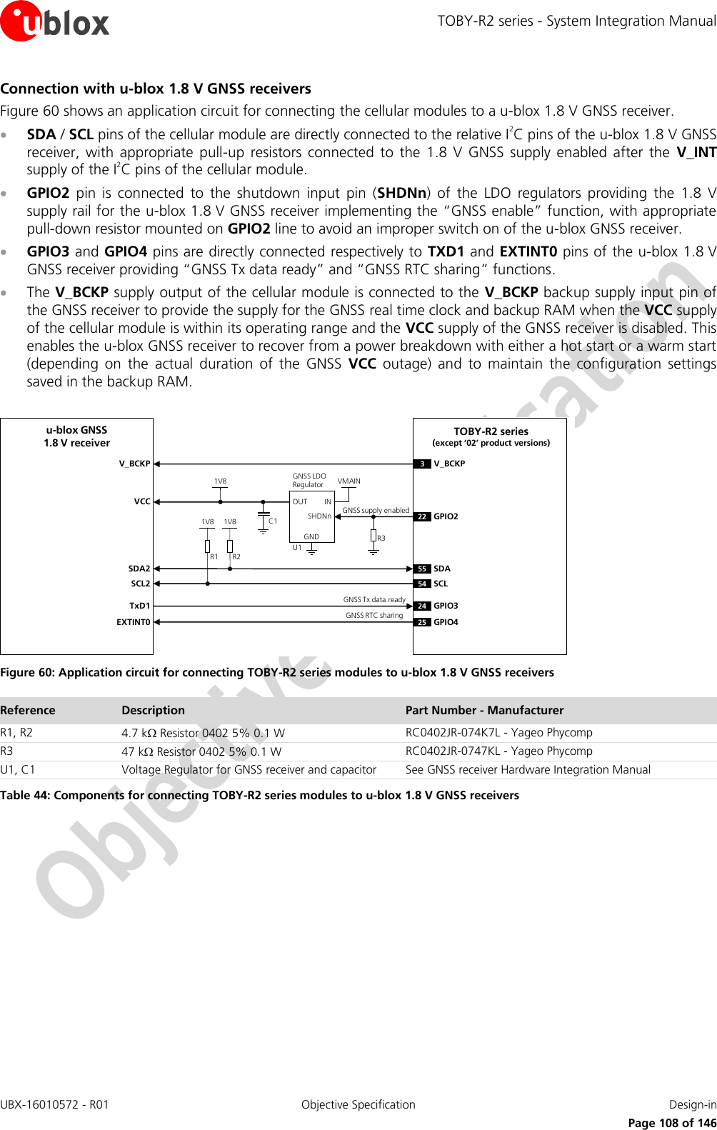 TOBY-R2 series - System Integration Manual UBX-16010572 - R01  Objective Specification  Design-in     Page 108 of 146 Connection with u-blox 1.8 V GNSS receivers Figure 60 shows an application circuit for connecting the cellular modules to a u-blox 1.8 V GNSS receiver.  SDA / SCL pins of the cellular module are directly connected to the relative I2C pins of the u-blox 1.8 V GNSS receiver,  with  appropriate  pull-up  resistors  connected  to  the  1.8  V GNSS  supply  enabled  after  the  V_INT supply of the I2C pins of the cellular module.  GPIO2  pin  is  connected  to  the  shutdown  input  pin  (SHDNn)  of  the  LDO  regulators  providing  the  1.8  V supply rail for the u-blox 1.8 V GNSS receiver implementing the “GNSS enable” function, with appropriate pull-down resistor mounted on GPIO2 line to avoid an improper switch on of the u-blox GNSS receiver.  GPIO3 and GPIO4 pins are directly connected respectively to TXD1 and EXTINT0 pins of the u-blox 1.8 V GNSS receiver providing “GNSS Tx data ready” and “GNSS RTC sharing” functions.  The V_BCKP supply output of the cellular module is connected to the  V_BCKP backup supply input pin of the GNSS receiver to provide the supply for the GNSS real time clock and backup RAM when the VCC supply of the cellular module is within its operating range and the VCC supply of the GNSS receiver is disabled. This enables the u-blox GNSS receiver to recover from a power breakdown with either a hot start or a warm start (depending  on  the  actual  duration  of  the  GNSS  VCC  outage)  and  to  maintain  the  configuration  settings saved in the backup RAM.  R1INOUTGNDGNSS LDORegulatorSHDNnu-blox GNSS1.8 V receiverSDA2SCL2R21V8 1V8VMAIN1V8U122 GPIO2SDASCLC1TxD1 GPIO3555424VCCR3V_BCKP V_BCKP3GNSS Tx data readyGNSS supply enabledTOBY-R2 series(except ‘02’ product versions)EXTINT0 GPIO425GNSS RTC sharing Figure 60: Application circuit for connecting TOBY-R2 series modules to u-blox 1.8 V GNSS receivers Reference Description Part Number - Manufacturer R1, R2 4.7 k Resistor 0402 5% 0.1 W  RC0402JR-074K7L - Yageo Phycomp R3 47 k Resistor 0402 5% 0.1 W  RC0402JR-0747KL - Yageo Phycomp U1, C1 Voltage Regulator for GNSS receiver and capacitor See GNSS receiver Hardware Integration Manual Table 44: Components for connecting TOBY-R2 series modules to u-blox 1.8 V GNSS receivers  