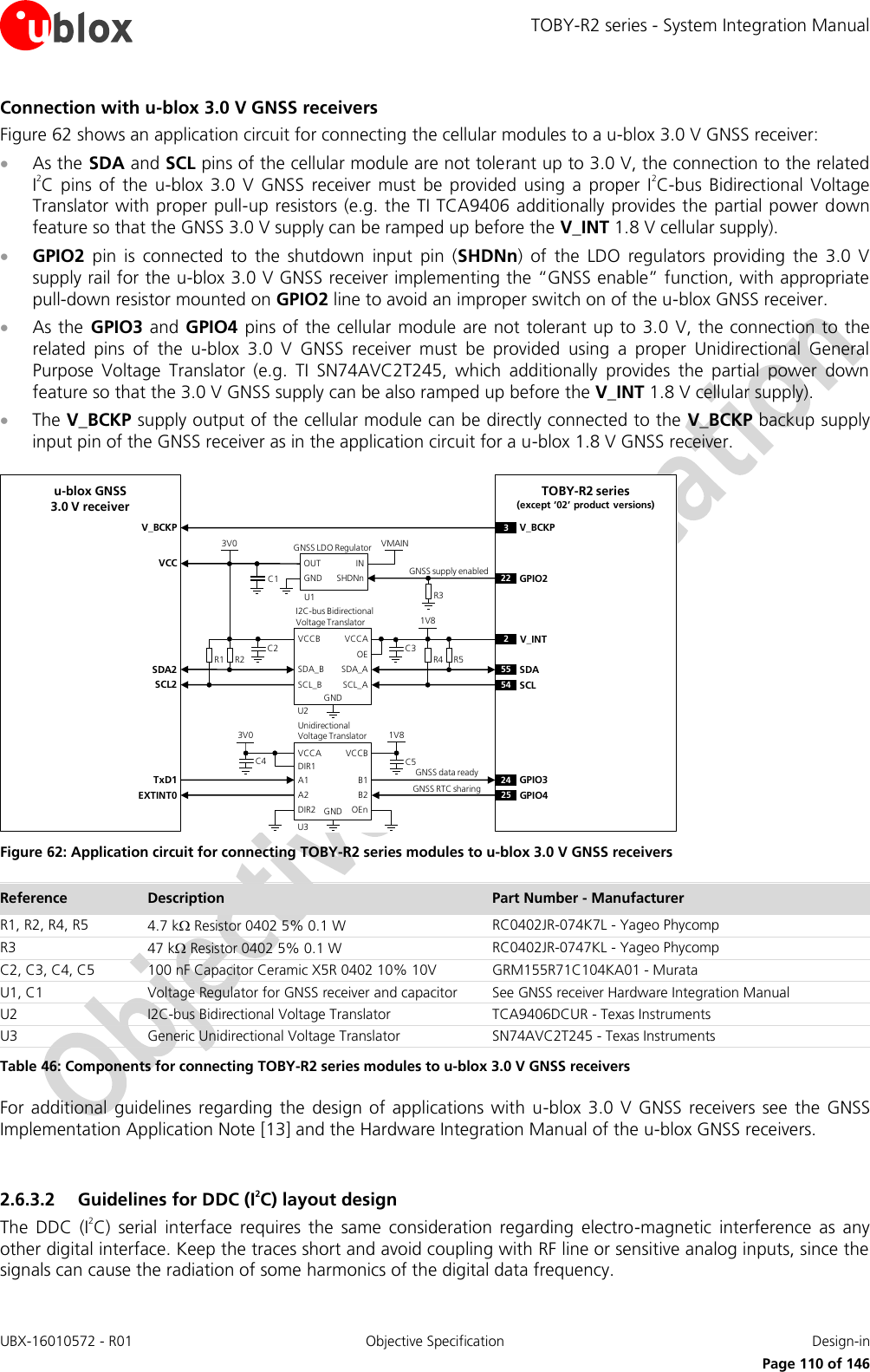 TOBY-R2 series - System Integration Manual UBX-16010572 - R01  Objective Specification  Design-in     Page 110 of 146 Connection with u-blox 3.0 V GNSS receivers Figure 62 shows an application circuit for connecting the cellular modules to a u-blox 3.0 V GNSS receiver:  As the SDA and SCL pins of the cellular module are not tolerant up to 3.0 V, the connection to the related I2C pins  of  the u-blox  3.0  V  GNSS  receiver  must  be  provided  using  a  proper  I2C-bus  Bidirectional  Voltage Translator with proper pull-up resistors (e.g. the TI TCA9406 additionally provides the partial power down feature so that the GNSS 3.0 V supply can be ramped up before the V_INT 1.8 V cellular supply).  GPIO2  pin  is  connected  to  the  shutdown  input  pin  (SHDNn)  of  the  LDO  regulators  providing  the  3.0  V supply rail for the u-blox 3.0 V GNSS receiver implementing the “GNSS enable” function, with appropriate pull-down resistor mounted on GPIO2 line to avoid an improper switch on of the u-blox GNSS receiver.  As the  GPIO3 and GPIO4 pins of the cellular module are not tolerant up to 3.0 V, the connection to the related  pins  of  the  u-blox  3.0  V  GNSS  receiver  must  be  provided  using  a  proper  Unidirectional  General Purpose  Voltage  Translator  (e.g.  TI  SN74AVC2T245,  which  additionally  provides  the  partial  power  down feature so that the 3.0 V GNSS supply can be also ramped up before the V_INT 1.8 V cellular supply).  The V_BCKP supply output of the cellular module can be directly connected to the V_BCKP backup supply input pin of the GNSS receiver as in the application circuit for a u-blox 1.8 V GNSS receiver. u-blox GNSS 3.0 V receiver24 GPIO31V8B1 A1GNDU3B2A2VCCBVCCAUnidirectionalVoltage TranslatorC4 C53V0TxD1R1INOUTGNSS LDO RegulatorSHDNnR2VMAIN3V0U122 GPIO255 SDA54 SCLR4 R51V8SDA_A SDA_BGNDU2SCL_ASCL_BVCCAVCCBI2C-bus Bidirectional Voltage Translator2V_INTC1C2 C3R3SDA2SCL2VCCDIR1DIR23V_BCKPV_BCKPOEnOEGNSS data readyGNSS supply enabledGNDTOBY-R2 series(except ‘02’ product versions)EXTINT0 GPIO425GNSS RTC sharing Figure 62: Application circuit for connecting TOBY-R2 series modules to u-blox 3.0 V GNSS receivers Reference Description Part Number - Manufacturer R1, R2, R4, R5 4.7 k Resistor 0402 5% 0.1 W  RC0402JR-074K7L - Yageo Phycomp R3 47 k Resistor 0402 5% 0.1 W  RC0402JR-0747KL - Yageo Phycomp C2, C3, C4, C5 100 nF Capacitor Ceramic X5R 0402 10% 10V GRM155R71C104KA01 - Murata U1, C1 Voltage Regulator for GNSS receiver and capacitor  See GNSS receiver Hardware Integration Manual U2 I2C-bus Bidirectional Voltage Translator TCA9406DCUR - Texas Instruments U3 Generic Unidirectional Voltage Translator SN74AVC2T245 - Texas Instruments Table 46: Components for connecting TOBY-R2 series modules to u-blox 3.0 V GNSS receivers For additional  guidelines regarding the  design of applications  with  u-blox 3.0  V GNSS  receivers  see  the  GNSS Implementation Application Note [13] and the Hardware Integration Manual of the u-blox GNSS receivers.  2.6.3.2 Guidelines for DDC (I2C) layout design The  DDC  (I2C)  serial  interface  requires  the  same  consideration  regarding  electro-magnetic  interference  as  any other digital interface. Keep the traces short and avoid coupling with RF line or sensitive analog inputs, since the signals can cause the radiation of some harmonics of the digital data frequency. 