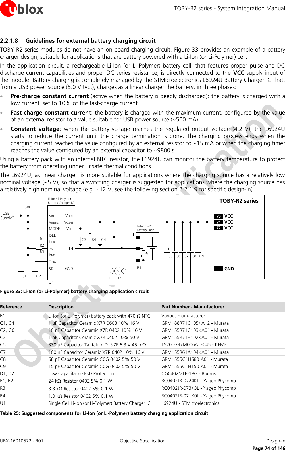TOBY-R2 series - System Integration Manual UBX-16010572 - R01  Objective Specification  Design-in     Page 74 of 146 2.2.1.8 Guidelines for external battery charging circuit TOBY-R2 series modules do not have an on-board charging circuit. Figure 33 provides an example of a battery charger design, suitable for applications that are battery powered with a Li-Ion (or Li-Polymer) cell. In  the  application  circuit,  a  rechargeable  Li-Ion  (or Li-Polymer)  battery  cell,  that  features  proper  pulse  and  DC discharge current capabilities and proper DC series resistance, is directly connected to the  VCC supply input of the module. Battery charging is completely managed by the STMicroelectronics L6924U Battery Charger IC that, from a USB power source (5.0 V typ.), charges as a linear charger the battery, in three phases:  Pre-charge constant current (active when the battery is deeply discharged): the battery is charged with a low current, set to 10% of the fast-charge current  Fast-charge constant current: the battery is charged with the maximum current, configured by the value of an external resistor to a value suitable for USB power source (~500 mA)  Constant  voltage:  when  the  battery  voltage  reaches  the  regulated  output  voltage  (4.2  V),  the  L6924U starts  to  reduce  the  current  until  the  charge  termination  is  done.  The  charging  process  ends  when  the charging current reaches the value configured by an external resistor to ~15 mA or when the charging timer reaches the value configured by an external capacitor to ~9800 s Using a battery pack with an internal NTC resistor, the L6924U can monitor the battery temperature to protect the battery from operating under unsafe thermal conditions. The L6924U, as linear charger, is more suitable for applications where the charging source has a relatively low nominal voltage (~5 V), so that a switching charger is suggested for applications where the charging source has a relatively high nominal voltage (e.g. ~12 V, see the following section 2.2.1.9 for specific design-in). C5 C8C7C6 C9GNDTOBY-R2 series71 VCC72 VCC70 VCC+USB SupplyC3 R4θU1IUSBIACIENDTPRGSDVINVINSNSMODEISELC2C15V0THGNDVOUTVOSNSVREFR1R2R3Li-Ion/Li-Pol Battery PackD1B1C4Li-Ion/Li-Polymer    Battery Charger ICD2 Figure 33: Li-Ion (or Li-Polymer) battery charging application circuit Reference Description Part Number - Manufacturer B1 Li-Ion (or Li-Polymer) battery pack with 470  NTC Various manufacturer C1, C4 1 µF Capacitor Ceramic X7R 0603 10% 16 V GRM188R71C105KA12 - Murata C2, C6 10 nF Capacitor Ceramic X7R 0402 10% 16 V GRM155R71C103KA01 - Murata C3 1 nF Capacitor Ceramic X7R 0402 10% 50 V GRM155R71H102KA01 - Murata C5 330 µF Capacitor Tantalum D_SIZE 6.3 V 45 m T520D337M006ATE045 - KEMET C7 100 nF Capacitor Ceramic X7R 0402 10% 16 V GRM155R61A104KA01 - Murata C8 68 pF Capacitor Ceramic C0G 0402 5% 50 V GRM1555C1H680JA01 - Murata C9 15 pF Capacitor Ceramic C0G 0402 5% 50 V GRM1555C1H150JA01 - Murata D1, D2 Low Capacitance ESD Protection CG0402MLE-18G - Bourns R1, R2 24 k Resistor 0402 5% 0.1 W RC0402JR-0724KL - Yageo Phycomp R3 3.3 k Resistor 0402 5% 0.1 W RC0402JR-073K3L - Yageo Phycomp R4 1.0 k Resistor 0402 5% 0.1 W RC0402JR-071K0L - Yageo Phycomp U1 Single Cell Li-Ion (or Li-Polymer) Battery Charger IC  L6924U - STMicroelectronics Table 25: Suggested components for Li-Ion (or Li-Polymer) battery charging application circuit  