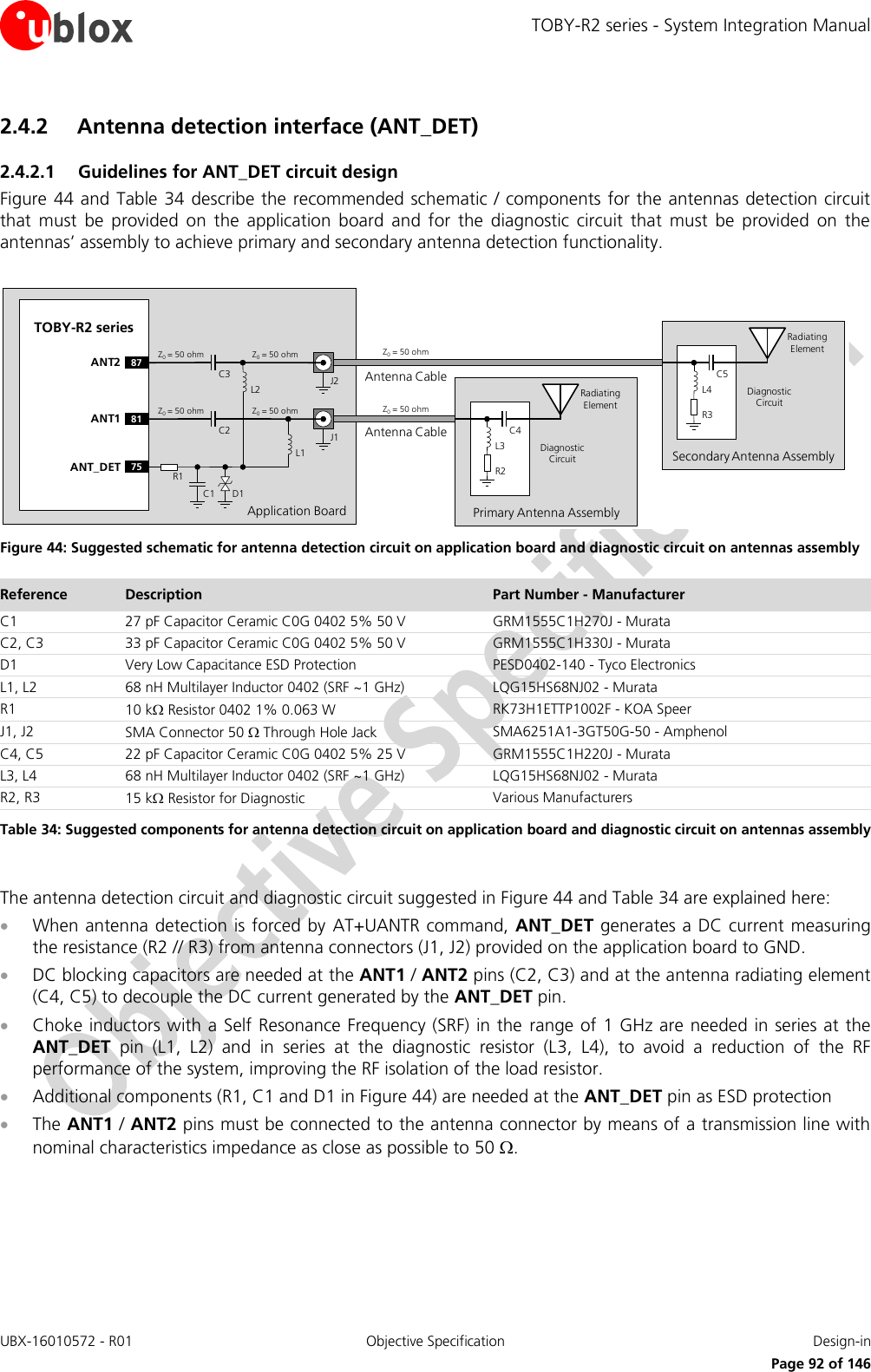 TOBY-R2 series - System Integration Manual UBX-16010572 - R01  Objective Specification  Design-in     Page 92 of 146 2.4.2 Antenna detection interface (ANT_DET) 2.4.2.1 Guidelines for ANT_DET circuit design Figure 44 and Table 34 describe the recommended schematic / components for the antennas detection circuit that  must  be  provided  on  the  application  board  and  for  the  diagnostic  circuit  that  must  be  provided  on  the antennas’ assembly to achieve primary and secondary antenna detection functionality.  Application BoardAntenna CableTOBY-R2 series81ANT175ANT_DET R1C1 D1C2 J1Z0= 50 ohm Z0= 50 ohm Z0= 50 ohmPrimary Antenna AssemblyR2C4L3Radiating ElementDiagnostic CircuitL2L1Antenna Cable87ANT2C3 J2Z0= 50 ohm Z0= 50 ohm Z0= 50 ohmSecondary Antenna AssemblyR3C5L4Radiating ElementDiagnostic Circuit Figure 44: Suggested schematic for antenna detection circuit on application board and diagnostic circuit on antennas assembly Reference Description Part Number - Manufacturer C1 27 pF Capacitor Ceramic C0G 0402 5% 50 V GRM1555C1H270J - Murata C2, C3 33 pF Capacitor Ceramic C0G 0402 5% 50 V GRM1555C1H330J - Murata D1 Very Low Capacitance ESD Protection PESD0402-140 - Tyco Electronics L1, L2 68 nH Multilayer Inductor 0402 (SRF ~1 GHz) LQG15HS68NJ02 - Murata R1 10 k Resistor 0402 1% 0.063 W RK73H1ETTP1002F - KOA Speer J1, J2 SMA Connector 50  Through Hole Jack SMA6251A1-3GT50G-50 - Amphenol C4, C5 22 pF Capacitor Ceramic C0G 0402 5% 25 V  GRM1555C1H220J - Murata L3, L4 68 nH Multilayer Inductor 0402 (SRF ~1 GHz) LQG15HS68NJ02 - Murata R2, R3 15 k Resistor for Diagnostic Various Manufacturers Table 34: Suggested components for antenna detection circuit on application board and diagnostic circuit on antennas assembly  The antenna detection circuit and diagnostic circuit suggested in Figure 44 and Table 34 are explained here:  When antenna detection is forced by AT+UANTR command, ANT_DET generates a DC current measuring the resistance (R2 // R3) from antenna connectors (J1, J2) provided on the application board to GND.  DC blocking capacitors are needed at the ANT1 / ANT2 pins (C2, C3) and at the antenna radiating element (C4, C5) to decouple the DC current generated by the ANT_DET pin.  Choke inductors with a Self Resonance Frequency (SRF) in the range of 1 GHz are needed in series at the ANT_DET  pin  (L1,  L2)  and  in  series  at  the  diagnostic  resistor  (L3,  L4),  to  avoid  a  reduction  of  the  RF performance of the system, improving the RF isolation of the load resistor.   Additional components (R1, C1 and D1 in Figure 44) are needed at the ANT_DET pin as ESD protection  The ANT1 / ANT2 pins must be connected to the antenna connector by means of a transmission line with nominal characteristics impedance as close as possible to 50 .  