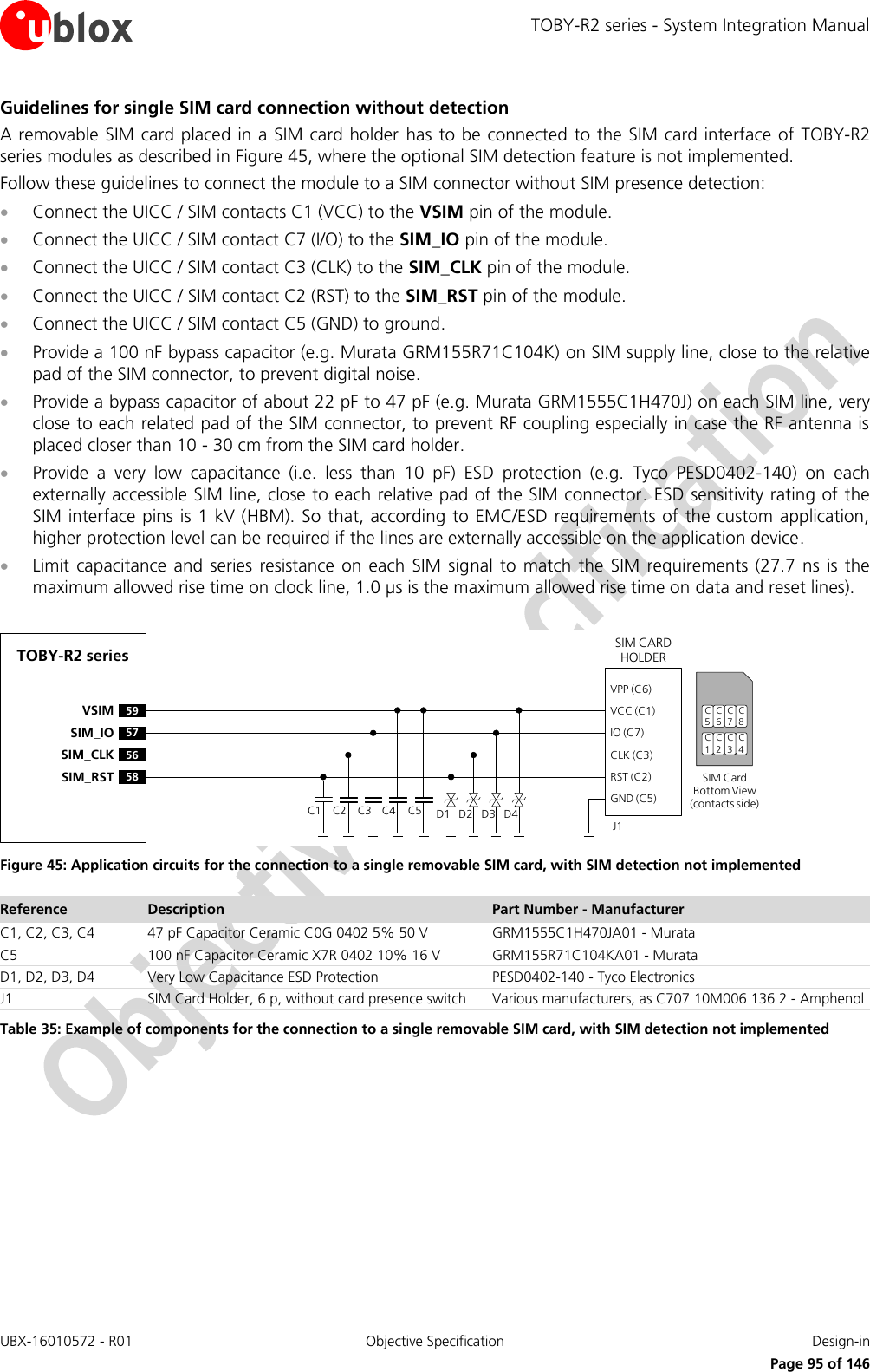 TOBY-R2 series - System Integration Manual UBX-16010572 - R01  Objective Specification  Design-in     Page 95 of 146 Guidelines for single SIM card connection without detection A removable SIM card placed in a SIM card holder  has  to be connected to the SIM card interface of TOBY-R2 series modules as described in Figure 45, where the optional SIM detection feature is not implemented. Follow these guidelines to connect the module to a SIM connector without SIM presence detection:  Connect the UICC / SIM contacts C1 (VCC) to the VSIM pin of the module.  Connect the UICC / SIM contact C7 (I/O) to the SIM_IO pin of the module.  Connect the UICC / SIM contact C3 (CLK) to the SIM_CLK pin of the module.  Connect the UICC / SIM contact C2 (RST) to the SIM_RST pin of the module.  Connect the UICC / SIM contact C5 (GND) to ground.  Provide a 100 nF bypass capacitor (e.g. Murata GRM155R71C104K) on SIM supply line, close to the relative pad of the SIM connector, to prevent digital noise.  Provide a bypass capacitor of about 22 pF to 47 pF (e.g. Murata GRM1555C1H470J) on each SIM line, very close to each related pad of the SIM connector, to prevent RF coupling especially in case the RF antenna is placed closer than 10 - 30 cm from the SIM card holder.  Provide  a  very  low  capacitance  (i.e.  less  than  10  pF)  ESD  protection  (e.g.  Tyco  PESD0402-140)  on  each externally accessible SIM line, close to each relative pad of the SIM connector. ESD sensitivity rating of the SIM interface pins is 1 kV (HBM). So that, according to EMC/ESD requirements of the custom application, higher protection level can be required if the lines are externally accessible on the application device.  Limit capacitance  and  series resistance  on each  SIM  signal  to  match the  SIM requirements  (27.7 ns  is the maximum allowed rise time on clock line, 1.0 µs is the maximum allowed rise time on data and reset lines).  TOBY-R2 series59VSIM57SIM_IO56SIM_CLK58SIM_RSTSIM CARD HOLDERC5C6C7C1C2C3SIM Card Bottom View (contacts side)C1VPP (C6)VCC (C1)IO (C7)CLK (C3)RST (C2)GND (C5)C2 C3 C5J1C4 D1 D2 D3 D4C8C4 Figure 45: Application circuits for the connection to a single removable SIM card, with SIM detection not implemented Reference Description Part Number - Manufacturer C1, C2, C3, C4 47 pF Capacitor Ceramic C0G 0402 5% 50 V GRM1555C1H470JA01 - Murata C5 100 nF Capacitor Ceramic X7R 0402 10% 16 V GRM155R71C104KA01 - Murata D1, D2, D3, D4 Very Low Capacitance ESD Protection PESD0402-140 - Tyco Electronics  J1 SIM Card Holder, 6 p, without card presence switch Various manufacturers, as C707 10M006 136 2 - Amphenol Table 35: Example of components for the connection to a single removable SIM card, with SIM detection not implemented  