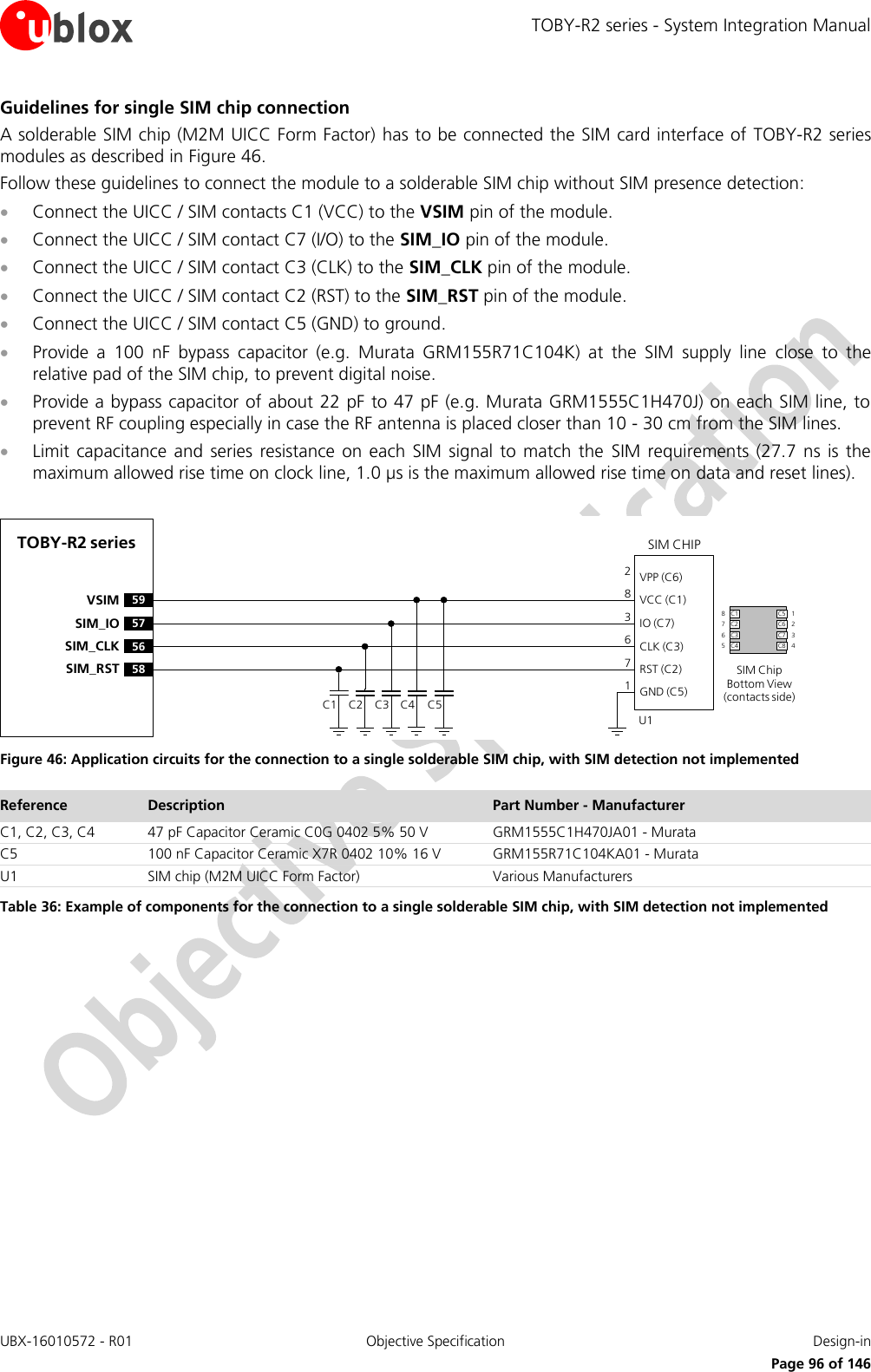 TOBY-R2 series - System Integration Manual UBX-16010572 - R01  Objective Specification  Design-in     Page 96 of 146 Guidelines for single SIM chip connection A solderable SIM chip (M2M UICC Form Factor) has to be connected the SIM card interface of TOBY-R2 series modules as described in Figure 46. Follow these guidelines to connect the module to a solderable SIM chip without SIM presence detection:  Connect the UICC / SIM contacts C1 (VCC) to the VSIM pin of the module.  Connect the UICC / SIM contact C7 (I/O) to the SIM_IO pin of the module.  Connect the UICC / SIM contact C3 (CLK) to the SIM_CLK pin of the module.  Connect the UICC / SIM contact C2 (RST) to the SIM_RST pin of the module.  Connect the UICC / SIM contact C5 (GND) to ground.  Provide  a  100  nF  bypass  capacitor  (e.g.  Murata  GRM155R71C104K)  at  the  SIM  supply  line  close  to  the relative pad of the SIM chip, to prevent digital noise.   Provide a bypass capacitor of about 22 pF to 47 pF (e.g. Murata GRM1555C1H470J) on each SIM line, to prevent RF coupling especially in case the RF antenna is placed closer than 10 - 30 cm from the SIM lines.  Limit capacitance  and  series resistance  on each  SIM  signal to  match the  SIM  requirements  (27.7  ns is the maximum allowed rise time on clock line, 1.0 µs is the maximum allowed rise time on data and reset lines).  TOBY-R2 series59VSIM57SIM_IO56SIM_CLK58SIM_RSTSIM CHIPSIM ChipBottom View (contacts side)C1VPP (C6)VCC (C1)IO (C7)CLK (C3)RST (C2)GND (C5)C2 C3 C5U1C4283671C1 C5C2 C6C3 C7C4 C887651234 Figure 46: Application circuits for the connection to a single solderable SIM chip, with SIM detection not implemented Reference Description Part Number - Manufacturer C1, C2, C3, C4 47 pF Capacitor Ceramic C0G 0402 5% 50 V GRM1555C1H470JA01 - Murata C5 100 nF Capacitor Ceramic X7R 0402 10% 16 V GRM155R71C104KA01 - Murata U1 SIM chip (M2M UICC Form Factor) Various Manufacturers Table 36: Example of components for the connection to a single solderable SIM chip, with SIM detection not implemented   