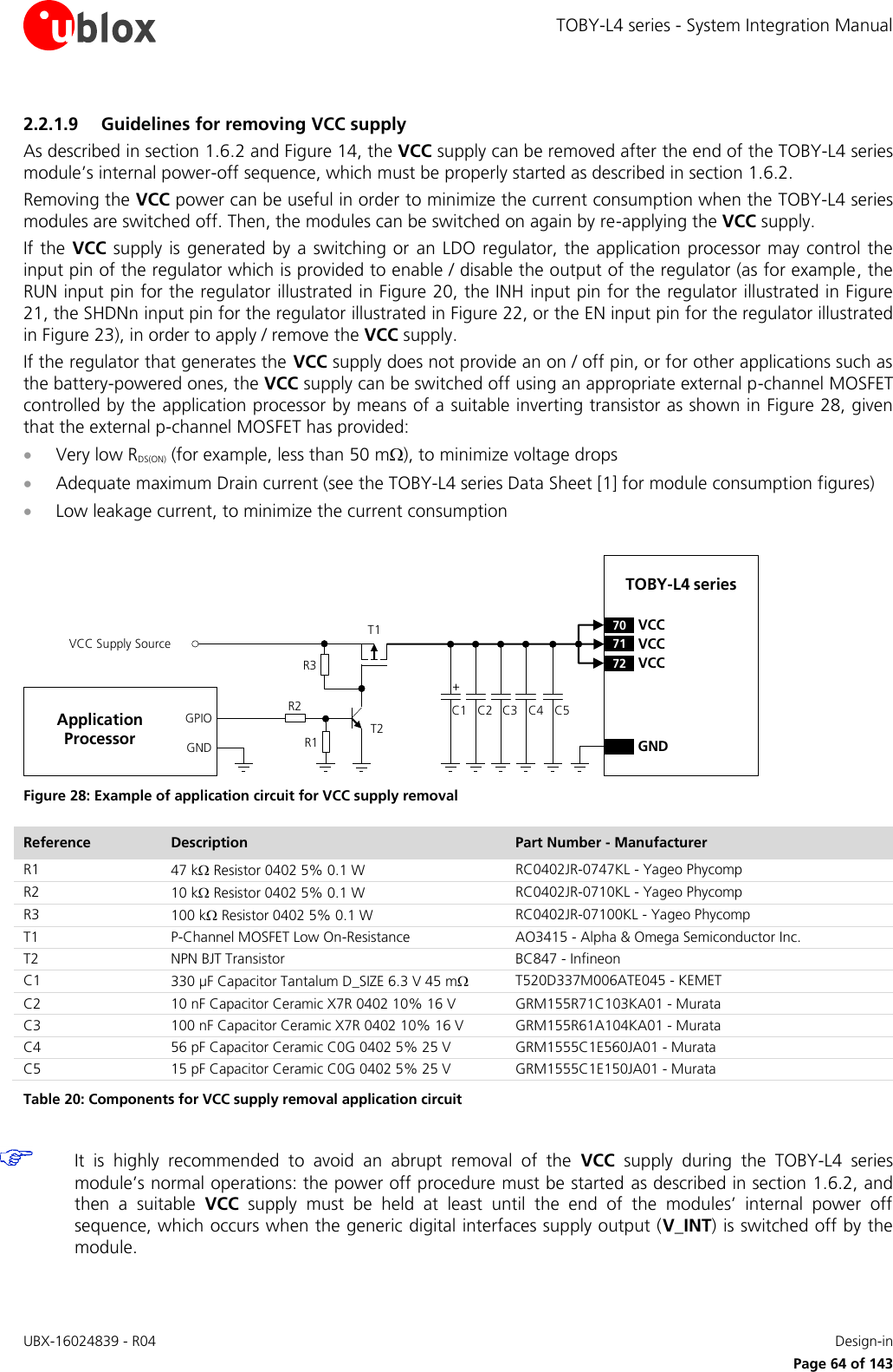 TOBY-L4 series - System Integration Manual UBX-16024839 - R04    Design-in     Page 64 of 143 2.2.1.9 Guidelines for removing VCC supply As described in section 1.6.2 and Figure 14, the VCC supply can be removed after the end of the TOBY-L4 series module’s internal power-off sequence, which must be properly started as described in section 1.6.2.  Removing the VCC power can be useful in order to minimize the current consumption when the TOBY-L4 series modules are switched off. Then, the modules can be switched on again by re-applying the VCC supply. If the VCC supply  is  generated  by a  switching  or  an LDO regulator, the application  processor may control the input pin of the regulator which is provided to enable / disable the output of the regulator (as for example, the RUN input pin for the regulator illustrated in Figure 20, the INH input pin for the regulator illustrated in Figure 21, the SHDNn input pin for the regulator illustrated in Figure 22, or the EN input pin for the regulator illustrated in Figure 23), in order to apply / remove the VCC supply. If the regulator that generates the VCC supply does not provide an on / off pin, or for other applications such as the battery-powered ones, the VCC supply can be switched off using an appropriate external p-channel MOSFET controlled by the application processor by means of a suitable inverting transistor as shown in Figure 28, given that the external p-channel MOSFET has provided:  Very low RDS(ON) (for example, less than 50 m), to minimize voltage drops   Adequate maximum Drain current (see the TOBY-L4 series Data Sheet [1] for module consumption figures)  Low leakage current, to minimize the current consumption  C3GNDC2C1 C4TOBY-L4 series71 VCC72 VCC70 VCC+VCC Supply SourceGNDGPIO C5R1R3R2T2T1Application Processor Figure 28: Example of application circuit for VCC supply removal Reference Description Part Number - Manufacturer R1 47 k Resistor 0402 5% 0.1 W  RC0402JR-0747KL - Yageo Phycomp R2 10 k Resistor 0402 5% 0.1 W  RC0402JR-0710KL - Yageo Phycomp R3 100 k Resistor 0402 5% 0.1 W  RC0402JR-07100KL - Yageo Phycomp T1 P-Channel MOSFET Low On-Resistance AO3415 - Alpha &amp; Omega Semiconductor Inc.  T2 NPN BJT Transistor BC847 - Infineon C1 330 µF Capacitor Tantalum D_SIZE 6.3 V 45 m T520D337M006ATE045 - KEMET C2 10 nF Capacitor Ceramic X7R 0402 10% 16 V GRM155R71C103KA01 - Murata C3 100 nF Capacitor Ceramic X7R 0402 10% 16 V GRM155R61A104KA01 - Murata C4 56 pF Capacitor Ceramic C0G 0402 5% 25 V GRM1555C1E560JA01 - Murata C5 15 pF Capacitor Ceramic C0G 0402 5% 25 V  GRM1555C1E150JA01 - Murata Table 20: Components for VCC supply removal application circuit   It  is  highly  recommended  to  avoid  an  abrupt  removal  of  the  VCC  supply  during  the  TOBY-L4  series module’s normal operations: the power off procedure must be started as described in section 1.6.2, and then  a  suitable  VCC  supply  must  be  held  at  least  until  the  end  of  the  modules’  internal  power  off sequence, which occurs when the generic digital interfaces supply output (V_INT) is switched off by the module.  