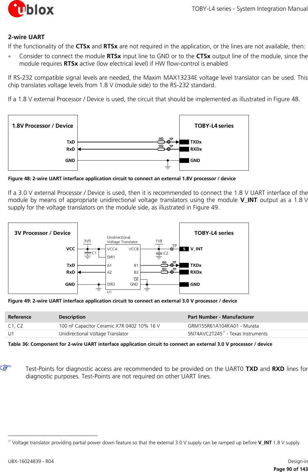 TOBY-L4 series - System Integration Manual UBX-16024839 - R04    Design-in     Page 90 of 143 2-wire UART If the functionality of the CTSx and RTSx are not required in the application, or the lines are not available, then:  Consider to connect the module RTSx input line to GND or to the CTSx output line of the module, since the module requires RTSx active (low electrical level) if HW flow-control is enabled   If RS-232 compatible signal levels are needed, the Maxim MAX13234E voltage level translator can be used. This chip translates voltage levels from 1.8 V (module side) to the RS-232 standard.   If a 1.8 V external Processor / Device is used, the circuit that should be implemented as illustrated in Figure 48.  TxD1.8V Processor / DeviceRxDGNDTOBY-L4 series TXDxRXDxGND0ΩTP0ΩTP Figure 48: 2-wire UART interface application circuit to connect an external 1.8V processor / device If a 3.0 V external Processor / Device is used, then it is recommended to connect the 1.8 V UART interface of the module by  means of appropriate unidirectional voltage translators using the  module  V_INT  output as a  1.8 V supply for the voltage translators on the module side, as illustrated in Figure 49.  5V_INTTxD3V Processor / DeviceRxDGNDTOBY-L4 series TXDxRXDxGND1V8B1 A1GNDU1VCCBVCCAUnidirectionalVoltage TranslatorC1 C23V0DIR1DIR2OEVCCB2 A2TP0ΩTP0ΩTP Figure 49: 2-wire UART interface application circuit to connect an external 3.0 V processor / device Reference Description Part Number - Manufacturer C1, C2 100 nF Capacitor Ceramic X7R 0402 10% 16 V GRM155R61A104KA01 - Murata U1 Unidirectional Voltage Translator SN74AVC2T24517 - Texas Instruments Table 36: Component for 2-wire UART interface application circuit to connect an external 3.0 V processor / device   Test-Points for diagnostic access are recommended to be provided on the UART0 TXD and RXD lines for diagnostic purposes. Test-Points are not required on other UART lines.                                                        17 Voltage translator providing partial power down feature so that the external 3.0 V supply can be ramped up before V_INT 1.8 V supply 