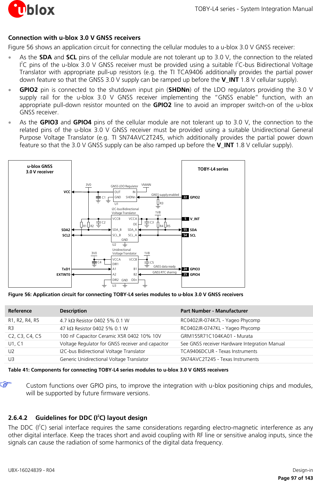 TOBY-L4 series - System Integration Manual UBX-16024839 - R04    Design-in     Page 97 of 143 Connection with u-blox 3.0 V GNSS receivers Figure 56 shows an application circuit for connecting the cellular modules to a u-blox 3.0 V GNSS receiver:  As the SDA and SCL pins of the cellular module are not tolerant up to 3.0 V, the connection to the related I2C pins of the u-blox 3.0 V GNSS receiver must be provided using a  suitable  I2C-bus Bidirectional Voltage Translator  with  appropriate  pull-up  resistors  (e.g.  the  TI  TCA9406  additionally  provides  the  partial  power down feature so that the GNSS 3.0 V supply can be ramped up before the V_INT 1.8 V cellular supply).  GPIO2  pin  is  connected  to  the  shutdown  input  pin  (SHDNn)  of  the  LDO  regulators  providing  the  3.0  V supply  rail  for  the  u-blox  3.0  V  GNSS  receiver  implementing  the  “GNSS  enable”  function,  with  an appropriate  pull-down resistor  mounted on  the GPIO2  line  to avoid an improper  switch-on  of the u-blox GNSS receiver.  As the  GPIO3 and GPIO4  pins of the cellular module are not tolerant up to 3.0 V, the connection to the related  pins  of  the  u-blox  3.0  V  GNSS  receiver  must  be  provided  using  a  suitable  Unidirectional  General Purpose  Voltage  Translator  (e.g.  TI  SN74AVC2T245,  which  additionally  provides  the  partial  power  down feature so that the 3.0 V GNSS supply can be also ramped up before the V_INT 1.8 V cellular supply).  u-blox GNSS 3.0 V receiver24 GPIO31V8B1 A1GNDU3B2A2VCCBVCCAUnidirectionalVoltage TranslatorC4 C53V0TxD1R1INOUTGNSS LDO RegulatorSHDNnR2VMAIN3V0U122 GPIO255 SDA54 SCLR4 R51V8SDA_A SDA_BGNDU2SCL_ASCL_BVCCAVCCBI2C-bus Bidirectional Voltage Translator5V_INTC1C2 C3R3SDA2SCL2VCCDIR1DIR2 OEnOEGNSS data readyGNSS supply enabledGNDTOBY-L4 seriesEXTINT0 GPIO425GNSS RTC sharing Figure 56: Application circuit for connecting TOBY-L4 series modules to u-blox 3.0 V GNSS receivers Reference Description Part Number - Manufacturer R1, R2, R4, R5 4.7 k Resistor 0402 5% 0.1 W  RC0402JR-074K7L - Yageo Phycomp R3 47 k Resistor 0402 5% 0.1 W  RC0402JR-0747KL - Yageo Phycomp C2, C3, C4, C5 100 nF Capacitor Ceramic X5R 0402 10% 10V GRM155R71C104KA01 - Murata U1, C1 Voltage Regulator for GNSS receiver and capacitor  See GNSS receiver Hardware Integration Manual U2 I2C-bus Bidirectional Voltage Translator TCA9406DCUR - Texas Instruments U3 Generic Unidirectional Voltage Translator SN74AVC2T245 - Texas Instruments Table 41: Components for connecting TOBY-L4 series modules to u-blox 3.0 V GNSS receivers  Custom functions over GPIO pins, to improve the integration with u-blox positioning chips and modules, will be supported by future firmware versions.  2.6.4.2 Guidelines for DDC (I2C) layout design The  DDC (I2C)  serial  interface  requires the  same  considerations  regarding electro-magnetic  interference  as  any other digital interface. Keep the traces short and avoid coupling with RF line or sensitive analog inputs, since the signals can cause the radiation of some harmonics of the digital data frequency. 