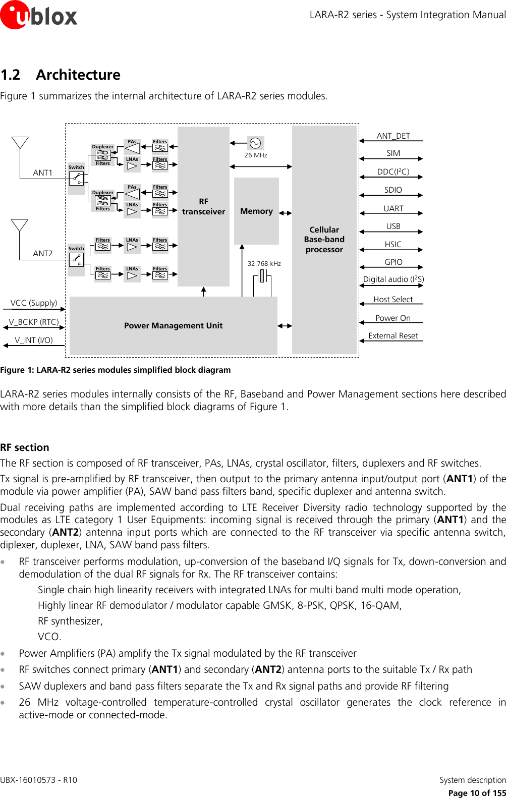LARA-R2 series - System Integration Manual UBX-16010573 - R10    System description     Page 10 of 155 1.2 Architecture Figure 1 summarizes the internal architecture of LARA-R2 series modules.  CellularBase-bandprocessorMemoryPower Management Unit26 MHz32.768 kHzANT1RF transceiverANT2V_INT (I/O)V_BCKP (RTC)VCC (Supply)SIMUSBHSICPower OnExternal ResetPAsLNAs FiltersFiltersDuplexerFiltersPAsLNAs FiltersFiltersDuplexerFiltersLNAs FiltersFiltersLNAs FiltersFiltersSwitchSwitchDDC(I2C)SDIOUARTANT_DETHost SelectGPIODigital audio (I2S) Figure 1: LARA-R2 series modules simplified block diagram LARA-R2 series modules internally consists of the RF, Baseband and Power Management sections here described with more details than the simplified block diagrams of Figure 1.  RF section The RF section is composed of RF transceiver, PAs, LNAs, crystal oscillator, filters, duplexers and RF switches. Tx signal is pre-amplified by RF transceiver, then output to the primary antenna input/output port (ANT1) of the module via power amplifier (PA), SAW band pass filters band, specific duplexer and antenna switch. Dual  receiving  paths  are  implemented  according  to  LTE  Receiver  Diversity  radio  technology  supported  by  the modules as  LTE category  1 User Equipments:  incoming  signal is received through the  primary (ANT1)  and the secondary  (ANT2)  antenna  input ports  which  are  connected to  the RF  transceiver  via specific antenna switch, diplexer, duplexer, LNA, SAW band pass filters.   RF transceiver performs modulation, up-conversion of the baseband I/Q signals for Tx, down-conversion and demodulation of the dual RF signals for Rx. The RF transceiver contains: Single chain high linearity receivers with integrated LNAs for multi band multi mode operation, Highly linear RF demodulator / modulator capable GMSK, 8-PSK, QPSK, 16-QAM,  RF synthesizer, VCO.  Power Amplifiers (PA) amplify the Tx signal modulated by the RF transceiver   RF switches connect primary (ANT1) and secondary (ANT2) antenna ports to the suitable Tx / Rx path  SAW duplexers and band pass filters separate the Tx and Rx signal paths and provide RF filtering  26  MHz  voltage-controlled  temperature-controlled  crystal  oscillator  generates  the  clock  reference  in active-mode or connected-mode.  
