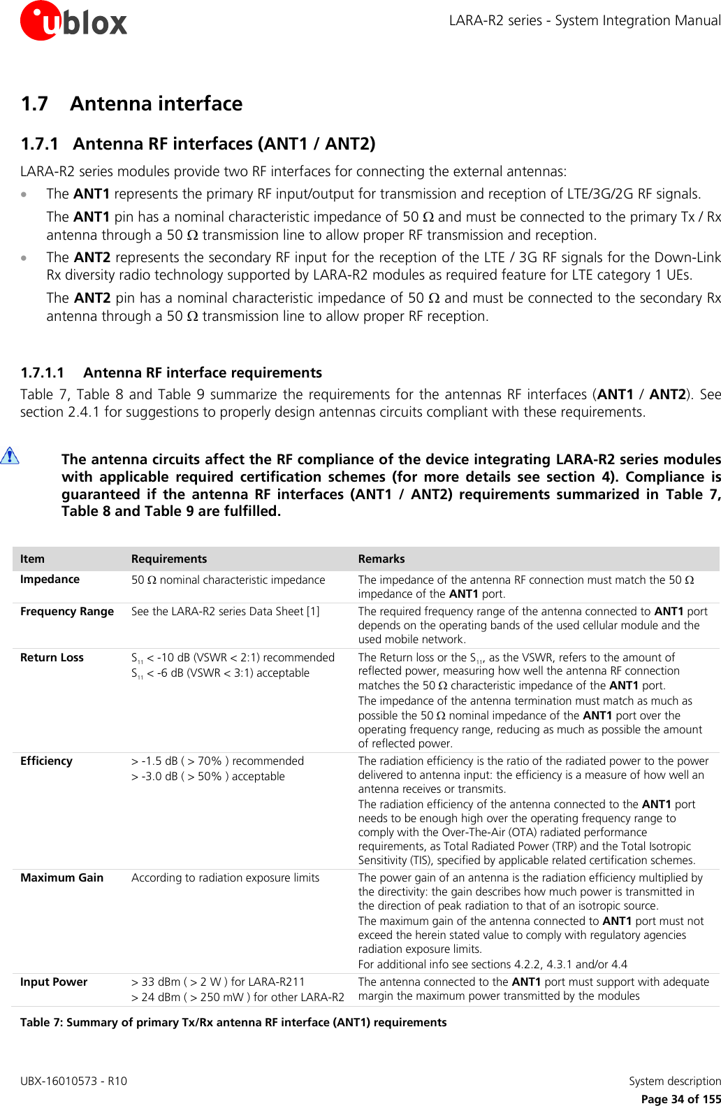 LARA-R2 series - System Integration Manual UBX-16010573 - R10    System description     Page 34 of 155 1.7 Antenna interface 1.7.1 Antenna RF interfaces (ANT1 / ANT2) LARA-R2 series modules provide two RF interfaces for connecting the external antennas:  The ANT1 represents the primary RF input/output for transmission and reception of LTE/3G/2G RF signals.  The ANT1 pin has a nominal characteristic impedance of 50  and must be connected to the primary Tx / Rx antenna through a 50  transmission line to allow proper RF transmission and reception.  The ANT2 represents the secondary RF input for the reception of the LTE / 3G RF signals for the Down-Link Rx diversity radio technology supported by LARA-R2 modules as required feature for LTE category 1 UEs.  The ANT2 pin has a nominal characteristic impedance of 50  and must be connected to the secondary Rx antenna through a 50  transmission line to allow proper RF reception.  1.7.1.1 Antenna RF interface requirements Table 7,  Table 8 and Table 9  summarize the requirements for the  antennas RF interfaces (ANT1 /  ANT2). See section 2.4.1 for suggestions to properly design antennas circuits compliant with these requirements.   The antenna circuits affect the RF compliance of the device integrating LARA-R2 series modules with  applicable  required  certification  schemes  (for  more  details  see  section  4).  Compliance  is guaranteed  if  the  antenna  RF  interfaces  (ANT1  /  ANT2)  requirements  summarized  in  Table  7, Table 8 and Table 9 are fulfilled.  Item Requirements Remarks Impedance  50  nominal characteristic impedance The impedance of the antenna RF connection must match the 50  impedance of the ANT1 port. Frequency Range See the LARA-R2 series Data Sheet [1]  The required frequency range of the antenna connected to ANT1 port depends on the operating bands of the used cellular module and the used mobile network. Return Loss S11 &lt; -10 dB (VSWR &lt; 2:1) recommended S11 &lt; -6 dB (VSWR &lt; 3:1) acceptable The Return loss or the S11, as the VSWR, refers to the amount of reflected power, measuring how well the antenna RF connection matches the 50  characteristic impedance of the ANT1 port. The impedance of the antenna termination must match as much as possible the 50  nominal impedance of the ANT1 port over the operating frequency range, reducing as much as possible the amount of reflected power. Efficiency &gt; -1.5 dB ( &gt; 70% ) recommended &gt; -3.0 dB ( &gt; 50% ) acceptable The radiation efficiency is the ratio of the radiated power to the power delivered to antenna input: the efficiency is a measure of how well an antenna receives or transmits. The radiation efficiency of the antenna connected to the ANT1 port needs to be enough high over the operating frequency range to comply with the Over-The-Air (OTA) radiated performance requirements, as Total Radiated Power (TRP) and the Total Isotropic Sensitivity (TIS), specified by applicable related certification schemes. Maximum Gain  According to radiation exposure limits The power gain of an antenna is the radiation efficiency multiplied by the directivity: the gain describes how much power is transmitted in the direction of peak radiation to that of an isotropic source.  The maximum gain of the antenna connected to ANT1 port must not exceed the herein stated value to comply with regulatory agencies radiation exposure limits. For additional info see sections 4.2.2, 4.3.1 and/or 4.4 Input Power  &gt; 33 dBm ( &gt; 2 W ) for LARA-R211 &gt; 24 dBm ( &gt; 250 mW ) for other LARA-R2 The antenna connected to the ANT1 port must support with adequate margin the maximum power transmitted by the modules Table 7: Summary of primary Tx/Rx antenna RF interface (ANT1) requirements 