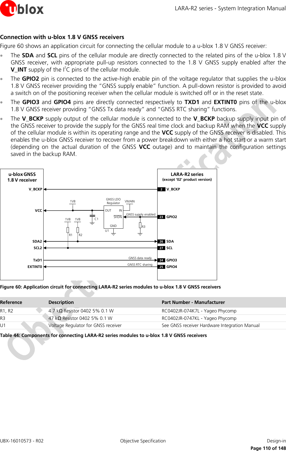 LARA-R2 series - System Integration Manual UBX-16010573 - R02  Objective Specification  Design-in     Page 110 of 148 Connection with u-blox 1.8 V GNSS receivers Figure 60 shows an application circuit for connecting the cellular module to a u-blox 1.8 V GNSS receiver:  The SDA and SCL pins of the cellular module are directly connected to the related pins of the u-blox 1.8 V GNSS  receiver,  with  appropriate  pull-up  resistors  connected  to  the  1.8  V  GNSS  supply  enabled  after  the V_INT supply of the I2C pins of the cellular module.  The GPIO2 pin is connected to the active-high enable pin of the voltage regulator that supplies the u-blox 1.8 V GNSS receiver providing the “GNSS supply enable” function. A pull-down resistor is provided to avoid a switch on of the positioning receiver when the cellular module is switched off or in the reset state.  The  GPIO3  and  GPIO4  pins  are  directly  connected respectively  to  TXD1  and  EXTINT0  pins  of  the  u-blox 1.8 V GNSS receiver providing “GNSS Tx data ready” and “GNSS RTC sharing” functions.  The V_BCKP supply output of the cellular module is connected to the V_BCKP backup supply input pin of the GNSS receiver to provide the supply for the GNSS real time clock and backup RAM when the VCC supply of the cellular module is within its operating range and the VCC supply of the GNSS receiver is disabled. This enables the u-blox GNSS receiver to recover from a power breakdown with either a hot start or a warm start (depending  on  the  actual  duration  of  the  GNSS  VCC  outage)  and  to  maintain  the  configuration  settings saved in the backup RAM.  R1INOUTGNDGNSS LDORegulatorSHDNu-blox GNSS1.8 V receiverSDA2SCL2R21V8 1V8VMAIN1V8U123 GPIO2SDASCLC1TxD1EXTINT0GPIO3GPIO426272425VCCR3V_BCKP V_BCKP2GNSS data readyGNSS RTC sharingGNSS supply enabledLARA-R2 series(except ‘02’ product version) Figure 60: Application circuit for connecting LARA-R2 series modules to u-blox 1.8 V GNSS receivers Reference Description Part Number - Manufacturer R1, R2 4.7 kΩ Resistor 0402 5% 0.1 W  RC0402JR-074K7L - Yageo Phycomp R3 47 kΩ Resistor 0402 5% 0.1 W  RC0402JR-0747KL - Yageo Phycomp U1 Voltage Regulator for GNSS receiver See GNSS receiver Hardware Integration Manual Table 44: Components for connecting LARA-R2 series modules to u-blox 1.8 V GNSS receivers  