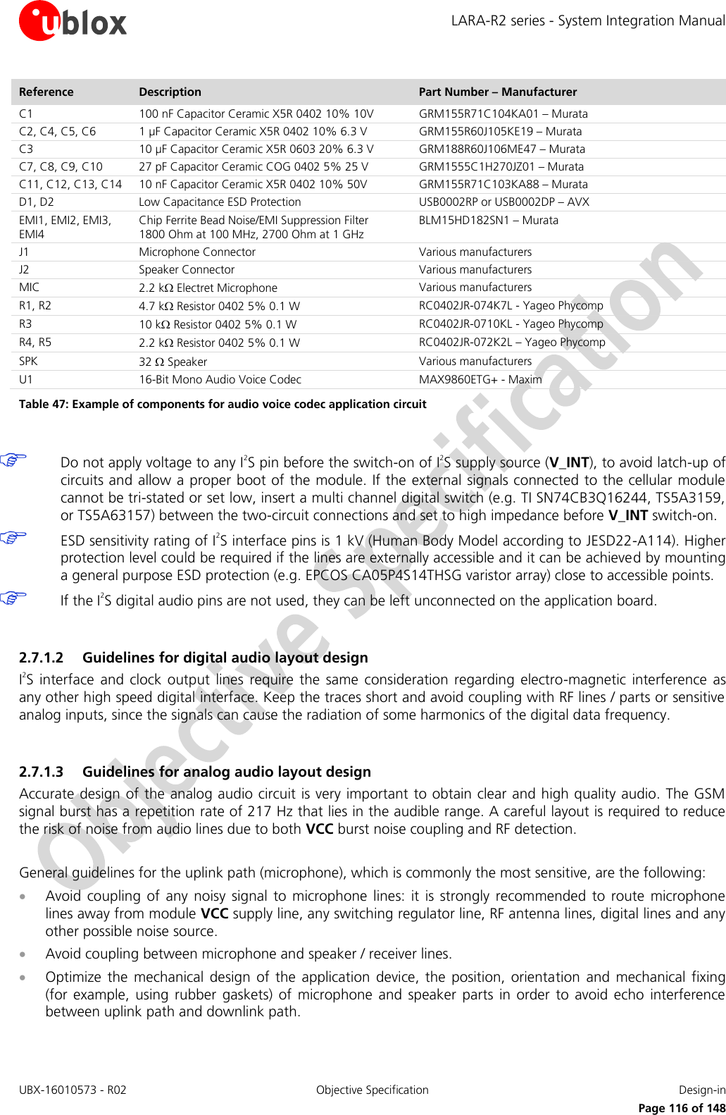 LARA-R2 series - System Integration Manual UBX-16010573 - R02  Objective Specification  Design-in     Page 116 of 148 Reference Description Part Number – Manufacturer C1 100 nF Capacitor Ceramic X5R 0402 10% 10V GRM155R71C104KA01 – Murata C2, C4, C5, C6 1 µF Capacitor Ceramic X5R 0402 10% 6.3 V GRM155R60J105KE19 – Murata C3 10 µF Capacitor Ceramic X5R 0603 20% 6.3 V GRM188R60J106ME47 – Murata C7, C8, C9, C10 27 pF Capacitor Ceramic COG 0402 5% 25 V  GRM1555C1H270JZ01 – Murata C11, C12, C13, C14 10 nF Capacitor Ceramic X5R 0402 10% 50V GRM155R71C103KA88 – Murata D1, D2 Low Capacitance ESD Protection USB0002RP or USB0002DP – AVX EMI1, EMI2, EMI3, EMI4 Chip Ferrite Bead Noise/EMI Suppression Filter 1800 Ohm at 100 MHz, 2700 Ohm at 1 GHz BLM15HD182SN1 – Murata J1 Microphone Connector Various manufacturers  J2 Speaker Connector Various manufacturers  MIC 2.2 k Electret Microphone Various manufacturers R1, R2  4.7 k Resistor 0402 5% 0.1 W  RC0402JR-074K7L - Yageo Phycomp R3 10 k Resistor 0402 5% 0.1 W  RC0402JR-0710KL - Yageo Phycomp R4, R5 2.2 k Resistor 0402 5% 0.1 W  RC0402JR-072K2L – Yageo Phycomp SPK 32  Speaker Various manufacturers  U1 16-Bit Mono Audio Voice Codec MAX9860ETG+ - Maxim Table 47: Example of components for audio voice codec application circuit   Do not apply voltage to any I2S pin before the switch-on of I2S supply source (V_INT), to avoid latch-up of circuits and allow a proper  boot of the module. If the external signals connected to the cellular module cannot be tri-stated or set low, insert a multi channel digital switch (e.g. TI SN74CB3Q16244, TS5A3159, or TS5A63157) between the two-circuit connections and set to high impedance before V_INT switch-on.  ESD sensitivity rating of I2S interface pins is 1 kV (Human Body Model according to JESD22-A114). Higher protection level could be required if the lines are externally accessible and it can be achieved by mounting a general purpose ESD protection (e.g. EPCOS CA05P4S14THSG varistor array) close to accessible points.  If the I2S digital audio pins are not used, they can be left unconnected on the application board.  2.7.1.2 Guidelines for digital audio layout design I2S  interface  and clock  output  lines  require  the  same  consideration  regarding  electro-magnetic  interference  as any other high speed digital interface. Keep the traces short and avoid coupling with RF lines / parts or sensitive analog inputs, since the signals can cause the radiation of some harmonics of the digital data frequency.  2.7.1.3 Guidelines for analog audio layout design Accurate design of the analog audio circuit is very important to obtain clear and high quality audio. The GSM signal burst has a repetition rate of 217 Hz that lies in the audible range. A careful layout is required to reduce the risk of noise from audio lines due to both VCC burst noise coupling and RF detection.  General guidelines for the uplink path (microphone), which is commonly the most sensitive, are the following:  Avoid  coupling  of  any  noisy  signal  to  microphone  lines:  it  is  strongly  recommended  to  route  microphone lines away from module VCC supply line, any switching regulator line, RF antenna lines, digital lines and any other possible noise source.  Avoid coupling between microphone and speaker / receiver lines.  Optimize  the  mechanical  design  of  the  application  device,  the  position,  orientation  and  mechanical  fixing (for  example,  using  rubber  gaskets)  of  microphone  and  speaker  parts  in  order  to  avoid echo  interference between uplink path and downlink path. 
