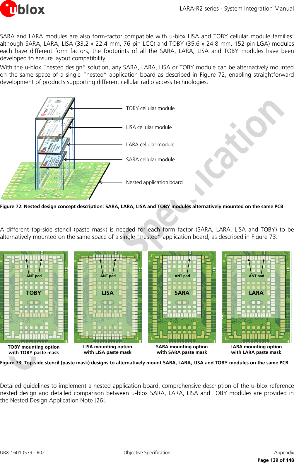 LARA-R2 series - System Integration Manual UBX-16010573 - R02  Objective Specification  Appendix      Page 139 of 148 SARA and LARA modules are also form-factor compatible with u-blox LISA and TOBY cellular module families: although SARA, LARA, LISA (33.2 x 22.4 mm, 76-pin LCC) and TOBY (35.6 x 24.8 mm, 152-pin LGA) modules each  have  different  form  factors,  the  footprints  of  all  the  SARA,  LARA,  LISA  and  TOBY  modules  have  been developed to ensure layout compatibility. With the u-blox “nested design” solution, any SARA, LARA, LISA or TOBY module can be alternatively mounted on the same space  of  a single “nested” application board as described in  Figure 72, enabling straightforward development of products supporting different cellular radio access technologies.  LISA cellular moduleLARA cellular moduleSARA cellular moduleNested application boardTOBY cellular module Figure 72: Nested design concept description: SARA, LARA, LISA and TOBY modules alternatively mounted on the same PCB  A  different  top-side  stencil  (paste  mask)  is  needed  for  each  form  factor  (SARA,  LARA,  LISA  and  TOBY)  to  be alternatively mounted on the same space of a single “nested” application board, as described in Figure 73.  LISA mounting optionwith LISA paste maskANT padTOBY mounting optionwith TOBY paste maskANT padSARA mounting optionwith SARA paste maskANT pad ANT padLARA mounting optionwith LARA paste maskLISATOBY SARA LARA Figure 73: Top-side stencil (paste mask) designs to alternatively mount SARA, LARA, LISA and TOBY modules on the same PCB  Detailed guidelines to implement a nested application board, comprehensive description of the u-blox reference nested design and detailed comparison between u-blox SARA, LARA, LISA and TOBY modules are provided in the Nested Design Application Note [26].   