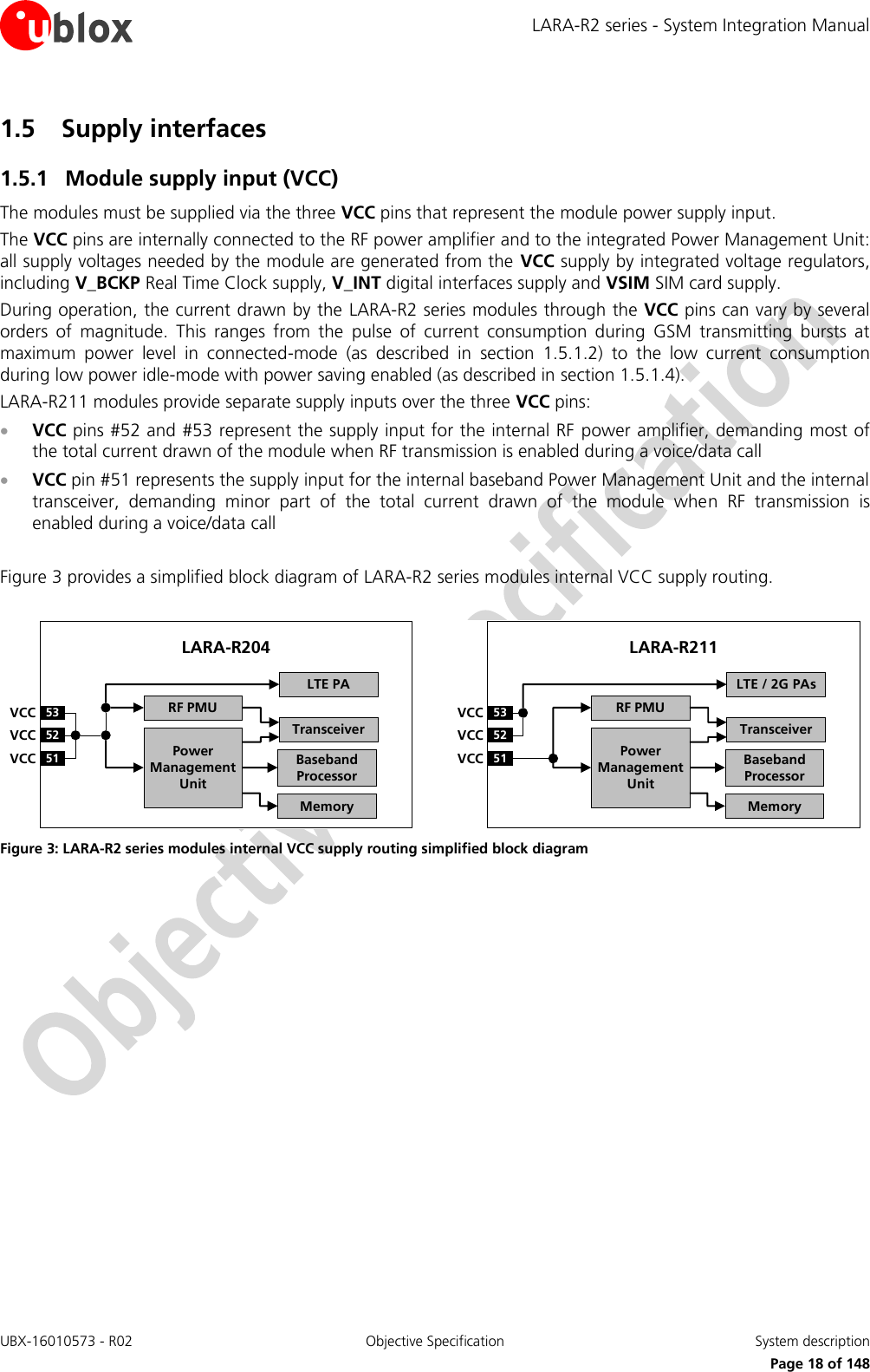 LARA-R2 series - System Integration Manual UBX-16010573 - R02  Objective Specification  System description     Page 18 of 148 1.5 Supply interfaces 1.5.1 Module supply input (VCC) The modules must be supplied via the three VCC pins that represent the module power supply input. The VCC pins are internally connected to the RF power amplifier and to the integrated Power Management Unit: all supply voltages needed by the module are generated from the  VCC supply by integrated voltage regulators, including V_BCKP Real Time Clock supply, V_INT digital interfaces supply and VSIM SIM card supply. During operation, the current drawn by the LARA-R2 series modules through the VCC pins can vary by several orders  of  magnitude.  This  ranges  from  the  pulse  of  current  consumption  during  GSM  transmitting  bursts  at maximum  power  level  in  connected-mode  (as  described  in  section  1.5.1.2)  to  the  low  current  consumption during low power idle-mode with power saving enabled (as described in section 1.5.1.4). LARA-R211 modules provide separate supply inputs over the three VCC pins:  VCC pins #52 and #53 represent the supply input for the internal RF  power amplifier, demanding most of the total current drawn of the module when RF transmission is enabled during a voice/data call  VCC pin #51 represents the supply input for the internal baseband Power Management Unit and the internal transceiver,  demanding  minor  part  of  the  total  current  drawn  of  the  module  when  RF  transmission  is enabled during a voice/data call  Figure 3 provides a simplified block diagram of LARA-R2 series modules internal VCC supply routing.  53VCC52VCC51VCCLARA-R204Power ManagementUnitMemoryBaseband ProcessorTransceiverRF PMULTE PA53VCC52VCC51VCCLARA-R211Power ManagementUnitMemoryBaseband ProcessorTransceiverRF PMULTE / 2G PAs Figure 3: LARA-R2 series modules internal VCC supply routing simplified block diagram   