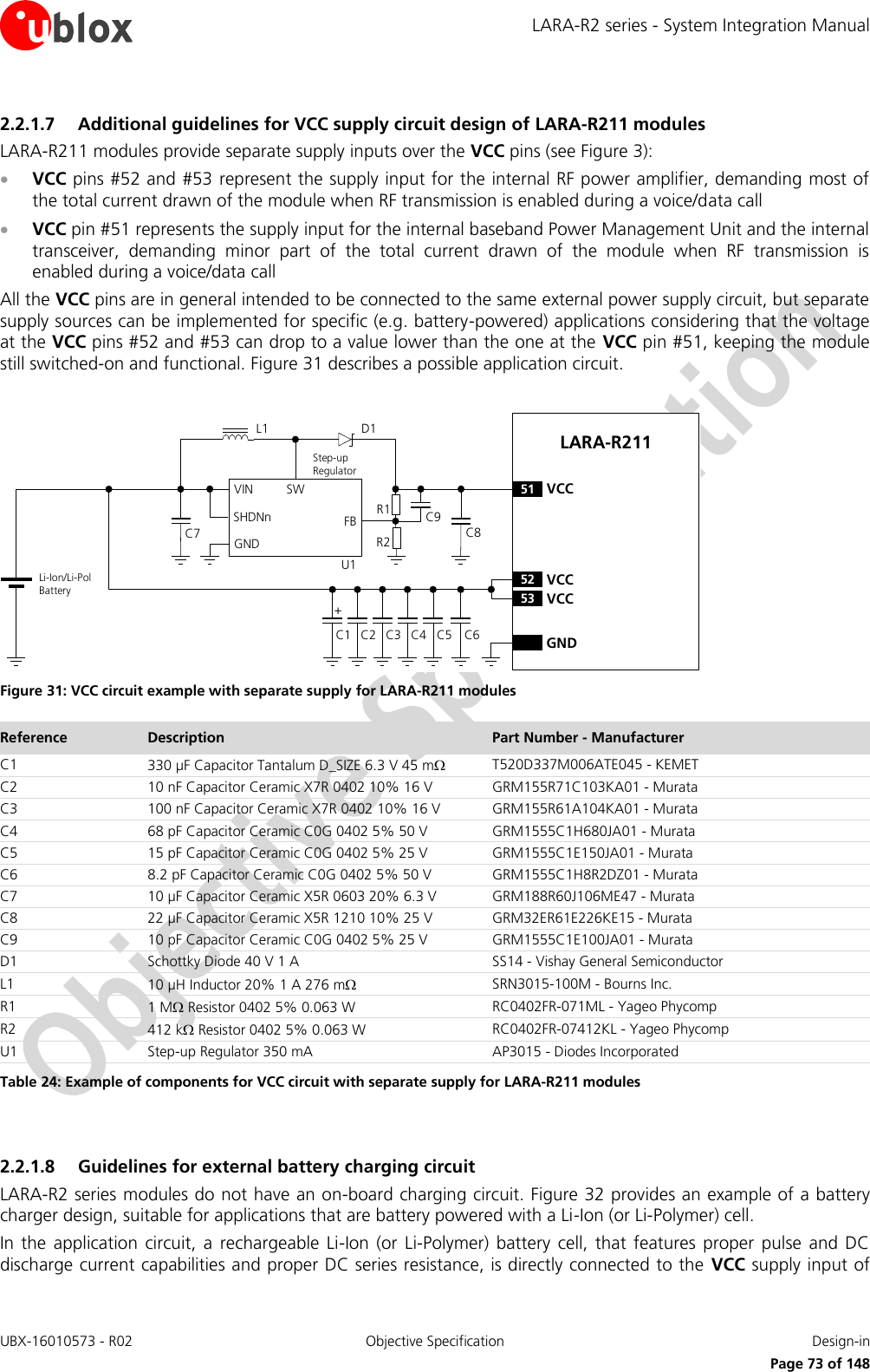 LARA-R2 series - System Integration Manual UBX-16010573 - R02  Objective Specification  Design-in     Page 73 of 148 2.2.1.7 Additional guidelines for VCC supply circuit design of LARA-R211 modules LARA-R211 modules provide separate supply inputs over the VCC pins (see Figure 3):  VCC pins #52 and #53 represent the supply input for the internal RF power amplifier, demanding most of the total current drawn of the module when RF transmission is enabled during a voice/data call  VCC pin #51 represents the supply input for the internal baseband Power Management Unit and the internal transceiver,  demanding  minor  part  of  the  total  current  drawn  of  the  module  when  RF  transmission  is enabled during a voice/data call All the VCC pins are in general intended to be connected to the same external power supply circuit, but separate supply sources can be implemented for specific (e.g. battery-powered) applications considering that the voltage at the VCC pins #52 and #53 can drop to a value lower than the one at the VCC pin #51, keeping the module still switched-on and functional. Figure 31 describes a possible application circuit.  C1 C4 GNDC3C2 C6LARA-R21152 VCC53 VCC51 VCC+Li-Ion/Li-Pol BatteryC7SWVINSHDNnGNDFB C8R1R2L1U1Step-up RegulatorD1C9C5 Figure 31: VCC circuit example with separate supply for LARA-R211 modules Reference Description Part Number - Manufacturer C1 330 µF Capacitor Tantalum D_SIZE 6.3 V 45 m T520D337M006ATE045 - KEMET C2 10 nF Capacitor Ceramic X7R 0402 10% 16 V GRM155R71C103KA01 - Murata C3 100 nF Capacitor Ceramic X7R 0402 10% 16 V GRM155R61A104KA01 - Murata C4 68 pF Capacitor Ceramic C0G 0402 5% 50 V GRM1555C1H680JA01 - Murata C5 15 pF Capacitor Ceramic C0G 0402 5% 25 V  GRM1555C1E150JA01 - Murata C6 8.2 pF Capacitor Ceramic C0G 0402 5% 50 V GRM1555C1H8R2DZ01 - Murata C7 10 µF Capacitor Ceramic X5R 0603 20% 6.3 V GRM188R60J106ME47 - Murata C8 22 µF Capacitor Ceramic X5R 1210 10% 25 V GRM32ER61E226KE15 - Murata C9 10 pF Capacitor Ceramic C0G 0402 5% 25 V  GRM1555C1E100JA01 - Murata D1 Schottky Diode 40 V 1 A SS14 - Vishay General Semiconductor L1 10 µH Inductor 20% 1 A 276 m SRN3015-100M - Bourns Inc. R1 1 M Resistor 0402 5% 0.063 W RC0402FR-071ML - Yageo Phycomp R2 412 k Resistor 0402 5% 0.063 W RC0402FR-07412KL - Yageo Phycomp U1 Step-up Regulator 350 mA AP3015 - Diodes Incorporated Table 24: Example of components for VCC circuit with separate supply for LARA-R211 modules  2.2.1.8 Guidelines for external battery charging circuit LARA-R2 series modules do not have an on-board charging circuit. Figure 32 provides an example of a battery charger design, suitable for applications that are battery powered with a Li-Ion (or Li-Polymer) cell. In  the  application  circuit,  a  rechargeable  Li-Ion  (or  Li-Polymer)  battery  cell,  that  features  proper  pulse  and  DC discharge current capabilities and proper DC series resistance, is directly connected to the  VCC supply input of 