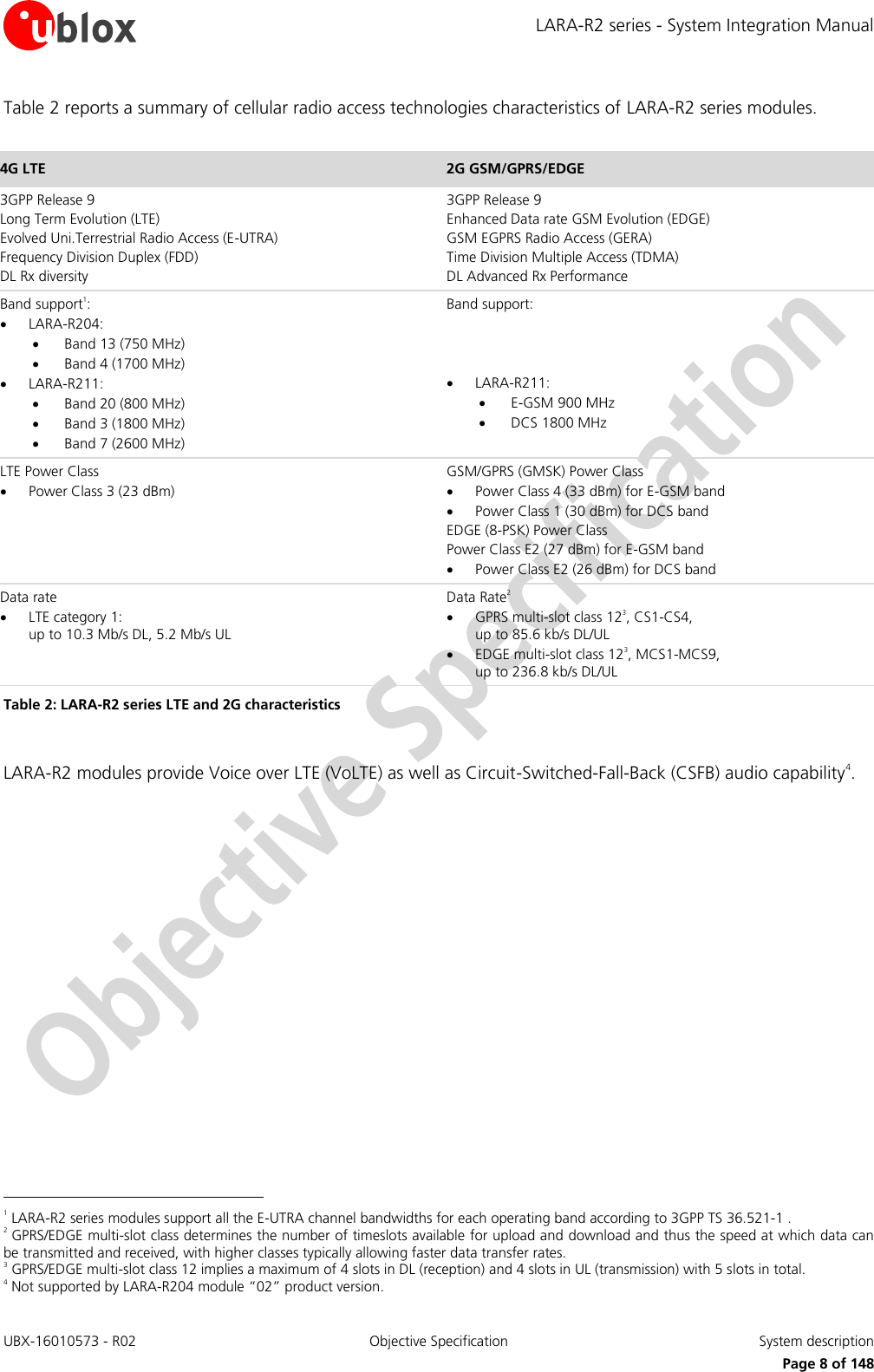 LARA-R2 series - System Integration Manual UBX-16010573 - R02  Objective Specification  System description     Page 8 of 148 Table 2 reports a summary of cellular radio access technologies characteristics of LARA-R2 series modules.  4G LTE 2G GSM/GPRS/EDGE 3GPP Release 9 Long Term Evolution (LTE) Evolved Uni.Terrestrial Radio Access (E-UTRA) Frequency Division Duplex (FDD) DL Rx diversity 3GPP Release 9 Enhanced Data rate GSM Evolution (EDGE) GSM EGPRS Radio Access (GERA) Time Division Multiple Access (TDMA) DL Advanced Rx Performance  Band support1:  LARA-R204:  Band 13 (750 MHz)  Band 4 (1700 MHz)  LARA-R211:  Band 20 (800 MHz)  Band 3 (1800 MHz)  Band 7 (2600 MHz) Band support:     LARA-R211:  E-GSM 900 MHz  DCS 1800 MHz  LTE Power Class  Power Class 3 (23 dBm)  GSM/GPRS (GMSK) Power Class  Power Class 4 (33 dBm) for E-GSM band  Power Class 1 (30 dBm) for DCS band EDGE (8-PSK) Power Class Power Class E2 (27 dBm) for E-GSM band  Power Class E2 (26 dBm) for DCS band Data rate  LTE category 1:  up to 10.3 Mb/s DL, 5.2 Mb/s UL  Data Rate2  GPRS multi-slot class 123, CS1-CS4,  up to 85.6 kb/s DL/UL   EDGE multi-slot class 123, MCS1-MCS9, up to 236.8 kb/s DL/UL  Table 2: LARA-R2 series LTE and 2G characteristics  LARA-R2 modules provide Voice over LTE (VoLTE) as well as Circuit-Switched-Fall-Back (CSFB) audio capability4.                                                         1 LARA-R2 series modules support all the E-UTRA channel bandwidths for each operating band according to 3GPP TS 36.521-1 . 2 GPRS/EDGE multi-slot class determines the number of timeslots available for upload and download and thus the speed at which data can be transmitted and received, with higher classes typically allowing faster data transfer rates. 3 GPRS/EDGE multi-slot class 12 implies a maximum of 4 slots in DL (reception) and 4 slots in UL (transmission) with 5 slots in total. 4 Not supported by LARA-R204 module “02” product version. 