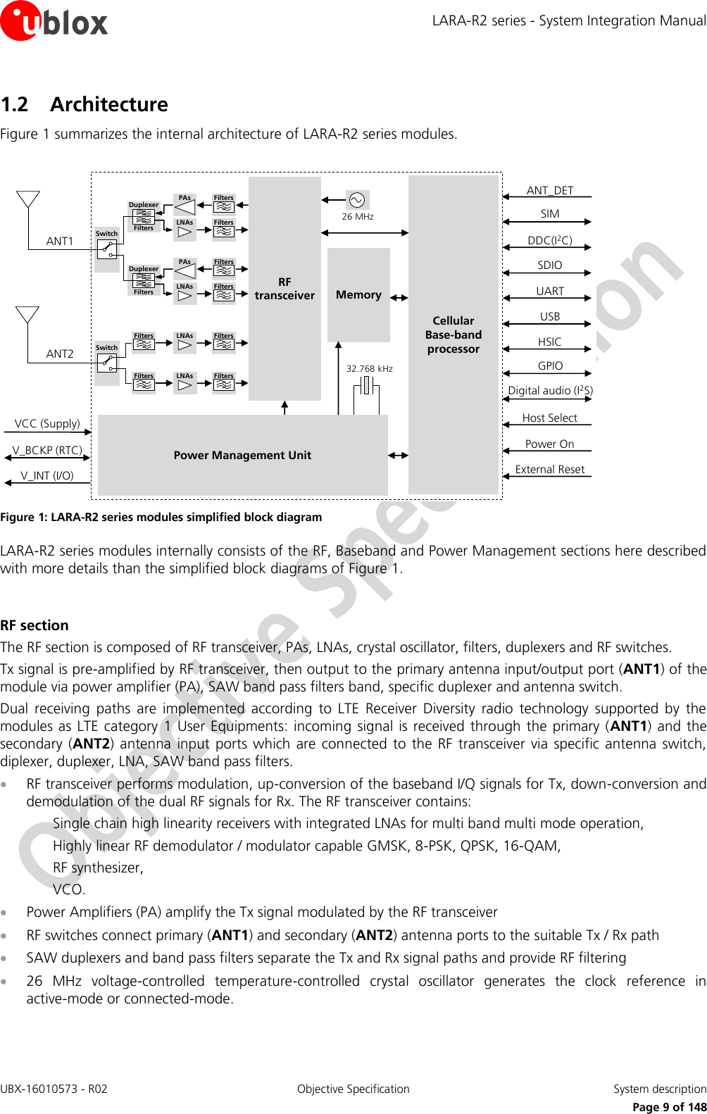LARA-R2 series - System Integration Manual UBX-16010573 - R02  Objective Specification  System description     Page 9 of 148 1.2 Architecture Figure 1 summarizes the internal architecture of LARA-R2 series modules.  CellularBase-bandprocessorMemoryPower Management Unit26 MHz32.768 kHzANT1RF transceiverANT2V_INT (I/O)V_BCKP (RTC)VCC (Supply)SIMUSBHSICPower OnExternal ResetPAsLNAs FiltersFiltersDuplexerFiltersPAsLNAs FiltersFiltersDuplexerFiltersLNAs FiltersFiltersLNAs FiltersFiltersSwitchSwitchDDC(I2C)SDIOUARTANT_DETHost SelectGPIODigital audio (I2S) Figure 1: LARA-R2 series modules simplified block diagram LARA-R2 series modules internally consists of the RF, Baseband and Power Management sections here described with more details than the simplified block diagrams of Figure 1.  RF section The RF section is composed of RF transceiver, PAs, LNAs, crystal oscillator, filters, duplexers and RF switches. Tx signal is pre-amplified by RF transceiver, then output to the primary antenna input/output port (ANT1) of the module via power amplifier (PA), SAW band pass filters band, specific duplexer and antenna switch. Dual  receiving  paths  are  implemented  according  to  LTE  Receiver  Diversity  radio  technology  supported  by  the modules as  LTE category  1 User Equipments: incoming signal  is  received through  the primary  (ANT1) and the secondary  (ANT2)  antenna  input  ports which are connected  to  the RF  transceiver  via  specific  antenna  switch, diplexer, duplexer, LNA, SAW band pass filters.   RF transceiver performs modulation, up-conversion of the baseband I/Q signals for Tx, down-conversion and demodulation of the dual RF signals for Rx. The RF transceiver contains: Single chain high linearity receivers with integrated LNAs for multi band multi mode operation, Highly linear RF demodulator / modulator capable GMSK, 8-PSK, QPSK, 16-QAM,  RF synthesizer, VCO.  Power Amplifiers (PA) amplify the Tx signal modulated by the RF transceiver   RF switches connect primary (ANT1) and secondary (ANT2) antenna ports to the suitable Tx / Rx path  SAW duplexers and band pass filters separate the Tx and Rx signal paths and provide RF filtering  26  MHz  voltage-controlled  temperature-controlled  crystal  oscillator  generates  the  clock  reference  in active-mode or connected-mode.  