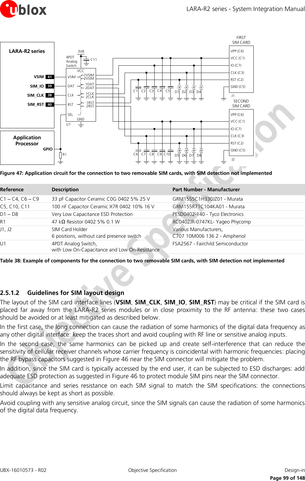 LARA-R2 series - System Integration Manual UBX-16010573 - R02  Objective Specification  Design-in     Page 99 of 148 LARA-R2 seriesC1FIRST             SIM CARDVPP (C6)VCC (C1)IO (C7)CLK (C3)RST (C2)GND (C5)C2 C3 C5J1C4 D1 D2 D3 D4GNDU141VSIM VSIM 1VSIM2VSIMVCCC114PDT Analog Switch3V839SIM_IO DAT 1DAT2DAT38SIM_CLK CLK 1CLK2CLK40SIM_RST RST 1RST2RSTSELSECOND   SIM CARDVPP (C6)VCC (C1)IO (C7)CLK (C3)RST (C2)GND (C5)J2C6 C7 C8 C10C9 D5 D6 D7 D8Application ProcessorGPIOR1 Figure 47: Application circuit for the connection to two removable SIM cards, with SIM detection not implemented Reference Description Part Number - Manufacturer C1 – C4, C6 – C9 33 pF Capacitor Ceramic C0G 0402 5% 25 V GRM1555C1H330JZ01 - Murata C5, C10, C11 100 nF Capacitor Ceramic X7R 0402 10% 16 V GRM155R71C104KA01 - Murata D1 – D8 Very Low Capacitance ESD Protection PESD0402-140 - Tyco Electronics  R1 47 kΩ Resistor 0402 5% 0.1 W RC0402JR-0747KL- Yageo Phycomp J1, J2 SIM Card Holder 6 positions, without card presence switch Various Manufacturers, C707 10M006 136 2 - Amphenol U1 4PDT Analog Switch,  with Low On-Capacitance and Low On-Resistance FSA2567 - Fairchild Semiconductor Table 38: Example of components for the connection to two removable SIM cards, with SIM detection not implemented   2.5.1.2 Guidelines for SIM layout design The layout of the SIM card interface lines (VSIM, SIM_CLK, SIM_IO, SIM_RST) may be critical if the SIM card is placed  far  away  from  the  LARA-R2  series  modules  or  in  close  proximity  to  the  RF  antenna:  these  two  cases should be avoided or at least mitigated as described below.  In the first case, the long connection can cause the radiation of some harmonics of the digital data frequency as any other digital interface: keep the traces short and avoid coupling with RF line or sensitive analog inputs. In  the  second  case,  the  same  harmonics  can  be  picked  up  and  create  self-interference  that  can  reduce  the sensitivity of cellular receiver channels whose carrier frequency is coincidental with harmonic frequencies: placing the RF bypass capacitors suggested in Figure 46 near the SIM connector will mitigate the problem. In addition, since the SIM card is typically accessed by the end user, it can be subjected to ESD discharges: add adequate ESD protection as suggested in Figure 46 to protect module SIM pins near the SIM connector. Limit  capacitance  and  series  resistance  on  each  SIM  signal  to  match  the  SIM  specifications:  the  connections should always be kept as short as possible. Avoid coupling with any sensitive analog circuit, since the SIM signals can cause the radiation of some harmonics of the digital data frequency.  