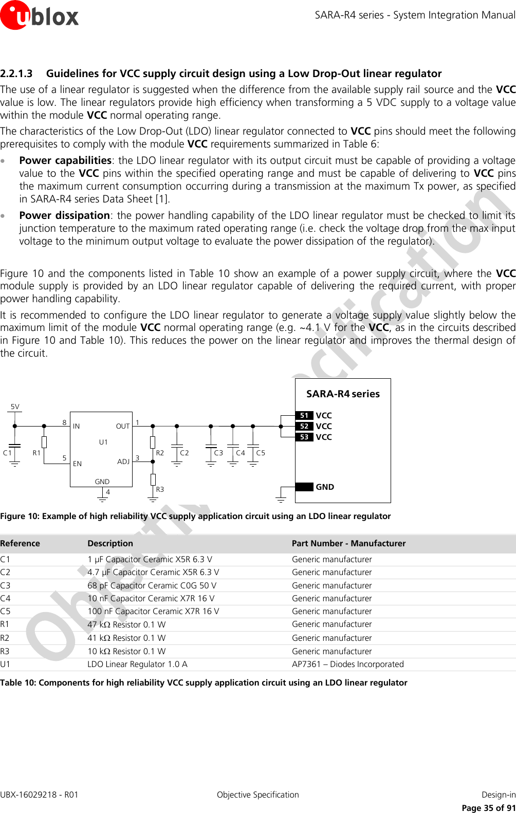SARA-R4 series - System Integration Manual UBX-16029218 - R01  Objective Specification  Design-in     Page 35 of 91 2.2.1.3 Guidelines for VCC supply circuit design using a Low Drop-Out linear regulator The use of a linear regulator is suggested when the difference from the available supply rail source and the VCC value is low. The linear regulators provide high efficiency when transforming a 5 VDC supply to a voltage value within the module VCC normal operating range. The characteristics of the Low Drop-Out (LDO) linear regulator connected to VCC pins should meet the following prerequisites to comply with the module VCC requirements summarized in Table 6:  Power capabilities: the LDO linear regulator with its output circuit must be capable of providing a voltage value to the VCC pins within the specified operating range and must be capable of delivering to VCC pins the maximum current consumption occurring during a transmission at the maximum Tx power, as specified in SARA-R4 series Data Sheet [1].  Power dissipation: the power handling capability of the LDO linear regulator must be checked to limit its junction temperature to the maximum rated operating range (i.e. check the voltage drop from the max input voltage to the minimum output voltage to evaluate the power dissipation of the regulator).  Figure 10 and  the  components listed  in Table 10  show  an example of a power  supply circuit,  where  the  VCC module  supply  is  provided  by  an LDO  linear  regulator  capable  of  delivering  the  required  current,  with proper power handling capability. It is recommended to configure the LDO linear regulator  to generate a voltage supply value slightly below the maximum limit of the module VCC normal operating range (e.g. ~4.1 V for the VCC, as in the circuits described in Figure 10 and Table 10). This reduces the power on the linear regulator and improves the thermal design of the circuit.  5VC1 R1IN OUTADJGND58134C2R2R3U1ENSARA-R4 series52 VCC53 VCC51 VCCGNDC4C3 C5 Figure 10: Example of high reliability VCC supply application circuit using an LDO linear regulator Reference Description Part Number - Manufacturer C1 1 µF Capacitor Ceramic X5R 6.3 V Generic manufacturer C2 4.7 µF Capacitor Ceramic X5R 6.3 V Generic manufacturer C3 68 pF Capacitor Ceramic C0G 50 V Generic manufacturer C4 10 nF Capacitor Ceramic X7R 16 V Generic manufacturer C5 100 nF Capacitor Ceramic X7R 16 V Generic manufacturer R1 47 k Resistor 0.1 W Generic manufacturer R2 41 k Resistor 0.1 W Generic manufacturer R3 10 k Resistor 0.1 W Generic manufacturer U1 LDO Linear Regulator 1.0 A AP7361 – Diodes Incorporated Table 10: Components for high reliability VCC supply application circuit using an LDO linear regulator  