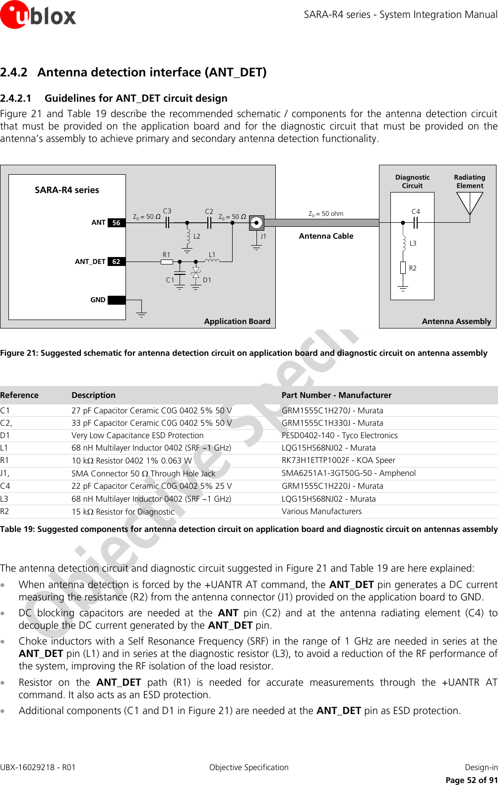 SARA-R4 series - System Integration Manual UBX-16029218 - R01  Objective Specification  Design-in     Page 52 of 91 2.4.2 Antenna detection interface (ANT_DET) 2.4.2.1 Guidelines for ANT_DET circuit design Figure  21 and  Table  19  describe  the recommended  schematic  / components for  the antenna  detection  circuit that  must  be  provided  on  the  application  board  and  for  the  diagnostic  circuit  that  must  be  provided  on  the antenna’s assembly to achieve primary and secondary antenna detection functionality.  Application BoardAntenna CableSARA-R4 series56ANT62ANT_DETR1C1 D1L1C2J1Z0= 50 ΩZ0= 50 ΩZ0= 50 ohmAntenna AssemblyR2C4L3Radiating ElementDiagnostic CircuitGNDL2C3 Figure 21: Suggested schematic for antenna detection circuit on application board and diagnostic circuit on antenna assembly  Reference Description Part Number - Manufacturer C1 27 pF Capacitor Ceramic C0G 0402 5% 50 V GRM1555C1H270J - Murata C2, 33 pF Capacitor Ceramic C0G 0402 5% 50 V GRM1555C1H330J - Murata D1 Very Low Capacitance ESD Protection PESD0402-140 - Tyco Electronics L1 68 nH Multilayer Inductor 0402 (SRF ~1 GHz) LQG15HS68NJ02 - Murata R1 10 k Resistor 0402 1% 0.063 W RK73H1ETTP1002F - KOA Speer J1, SMA Connector 50  Through Hole Jack SMA6251A1-3GT50G-50 - Amphenol C4 22 pF Capacitor Ceramic C0G 0402 5% 25 V  GRM1555C1H220J - Murata L3 68 nH Multilayer Inductor 0402 (SRF ~1 GHz) LQG15HS68NJ02 - Murata R2 15 k Resistor for Diagnostic Various Manufacturers Table 19: Suggested components for antenna detection circuit on application board and diagnostic circuit on antennas assembly  The antenna detection circuit and diagnostic circuit suggested in Figure 21 and Table 19 are here explained:  When antenna detection is forced by the +UANTR AT command, the ANT_DET pin generates a DC current measuring the resistance (R2) from the antenna connector (J1) provided on the application board to GND.  DC  blocking  capacitors  are  needed  at  the  ANT  pin  (C2)  and  at  the  antenna  radiating  element  (C4)  to decouple the DC current generated by the ANT_DET pin.  Choke inductors with a Self Resonance Frequency (SRF) in the range of 1  GHz are needed in series at the ANT_DET pin (L1) and in series at the diagnostic resistor (L3), to avoid a reduction of the RF performance of the system, improving the RF isolation of the load resistor.   Resistor  on  the  ANT_DET  path  (R1)  is  needed  for  accurate  measurements  through  the  +UANTR  AT command. It also acts as an ESD protection.   Additional components (C1 and D1 in Figure 21) are needed at the ANT_DET pin as ESD protection. 