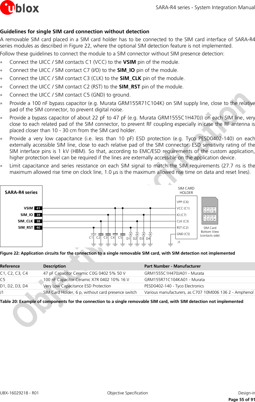 SARA-R4 series - System Integration Manual UBX-16029218 - R01  Objective Specification  Design-in     Page 55 of 91 Guidelines for single SIM card connection without detection A removable SIM card placed in a SIM card holder  has  to be connected to the SIM card interface of SARA-R4 series modules as described in Figure 22, where the optional SIM detection feature is not implemented. Follow these guidelines to connect the module to a SIM connector without SIM presence detection:  Connect the UICC / SIM contacts C1 (VCC) to the VSIM pin of the module.  Connect the UICC / SIM contact C7 (I/O) to the SIM_IO pin of the module.  Connect the UICC / SIM contact C3 (CLK) to the SIM_CLK pin of the module.  Connect the UICC / SIM contact C2 (RST) to the SIM_RST pin of the module.  Connect the UICC / SIM contact C5 (GND) to ground.  Provide a 100 nF bypass capacitor (e.g. Murata GRM155R71C104K) on SIM supply line, close to the relative pad of the SIM connector, to prevent digital noise.  Provide a bypass capacitor of about 22 pF to 47 pF (e.g. Murata GRM1555C1H470J) on each SIM line, very close to each related pad of the SIM connector, to prevent RF coupling especially in case the RF antenna is placed closer than 10 - 30 cm from the SIM card holder.  Provide  a  very  low  capacitance  (i.e.  less  than  10  pF)  ESD  protection  (e.g.  Tyco  PESD0402-140)  on  each externally accessible SIM line, close to each relative pad of the SIM connector. ESD sensitivity rating of the SIM interface pins is 1 kV (HBM). So that, according to EMC/ESD requirements of the custom application, higher protection level can be required if the lines are externally accessible on the application device.  Limit capacitance  and  series resistance  on each  SIM  signal  to  match the  SIM requirements  (27.7  ns  is the maximum allowed rise time on clock line, 1.0 µs is the maximum allowed rise time on data and reset lines).  SARA-R4 series41VSIM39SIM_IO38SIM_CLK40SIM_RSTSIM CARD HOLDERC5C6C7C1C2C3SIM Card Bottom View (contacts side)C1VPP (C6)VCC (C1)IO (C7)CLK (C3)RST (C2)GND (C5)C2 C3 C5J1C4 D1 D2 D3 D4C8C4 Figure 22: Application circuits for the connection to a single removable SIM card, with SIM detection not implemented Reference Description Part Number - Manufacturer C1, C2, C3, C4 47 pF Capacitor Ceramic C0G 0402 5% 50 V GRM1555C1H470JA01 - Murata C5 100 nF Capacitor Ceramic X7R 0402 10% 16 V GRM155R71C104KA01 - Murata D1, D2, D3, D4 Very Low Capacitance ESD Protection PESD0402-140 - Tyco Electronics  J1 SIM Card Holder, 6 p, without card presence switch Various manufacturers, as C707 10M006 136 2 - Amphenol Table 20: Example of components for the connection to a single removable SIM card, with SIM detection not implemented  