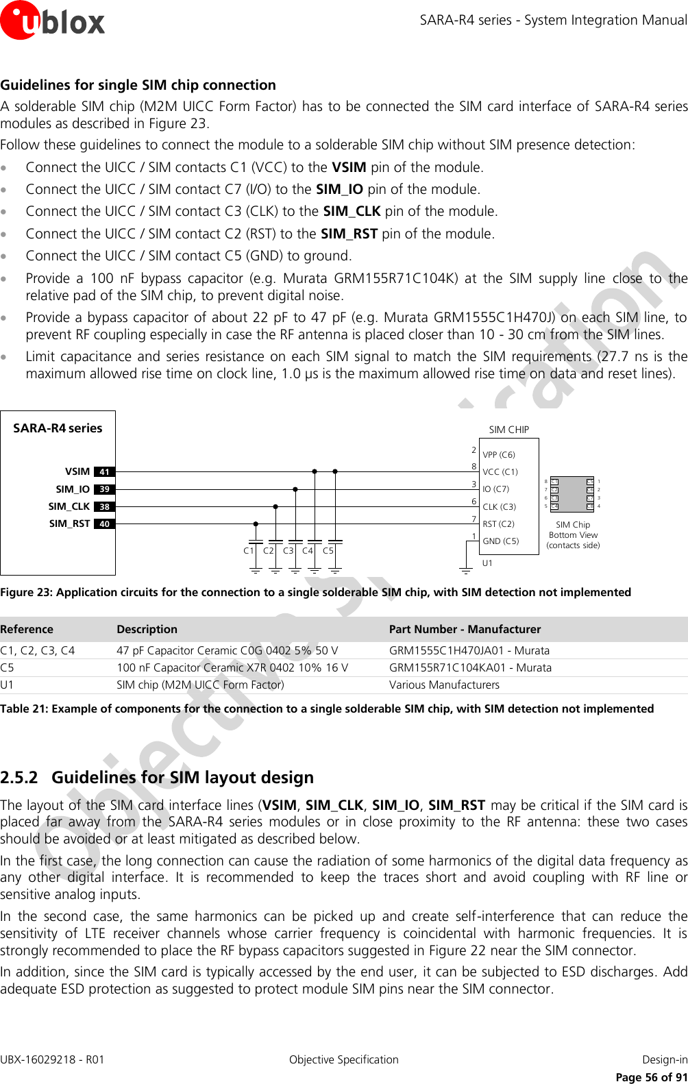 SARA-R4 series - System Integration Manual UBX-16029218 - R01  Objective Specification  Design-in     Page 56 of 91 Guidelines for single SIM chip connection A solderable SIM chip (M2M UICC Form Factor) has to be connected the SIM card interface of  SARA-R4 series modules as described in Figure 23. Follow these guidelines to connect the module to a solderable SIM chip without SIM presence detection:  Connect the UICC / SIM contacts C1 (VCC) to the VSIM pin of the module.  Connect the UICC / SIM contact C7 (I/O) to the SIM_IO pin of the module.  Connect the UICC / SIM contact C3 (CLK) to the SIM_CLK pin of the module.  Connect the UICC / SIM contact C2 (RST) to the SIM_RST pin of the module.  Connect the UICC / SIM contact C5 (GND) to ground.  Provide  a  100  nF  bypass  capacitor  (e.g.  Murata  GRM155R71C104K)  at  the  SIM  supply  line  close  to  the relative pad of the SIM chip, to prevent digital noise.   Provide a bypass capacitor of about 22 pF to 47 pF (e.g. Murata GRM1555C1H470J) on each SIM line, to prevent RF coupling especially in case the RF antenna is placed closer than 10 - 30 cm from the SIM lines.  Limit capacitance  and  series resistance  on each  SIM  signal to  match the  SIM  requirements (27.7  ns is  the maximum allowed rise time on clock line, 1.0 µs is the maximum allowed rise time on data and reset lines).  SARA-R4 series41VSIM39SIM_IO38SIM_CLK40SIM_RSTSIM CHIPSIM ChipBottom View (contacts side)C1VPP (C6)VCC (C1)IO (C7)CLK (C3)RST (C2)GND (C5)C2 C3 C5U1C4283671C1 C5C2 C6C3 C7C4 C887651234 Figure 23: Application circuits for the connection to a single solderable SIM chip, with SIM detection not implemented Reference Description Part Number - Manufacturer C1, C2, C3, C4 47 pF Capacitor Ceramic C0G 0402 5% 50 V GRM1555C1H470JA01 - Murata C5 100 nF Capacitor Ceramic X7R 0402 10% 16 V GRM155R71C104KA01 - Murata U1 SIM chip (M2M UICC Form Factor) Various Manufacturers Table 21: Example of components for the connection to a single solderable SIM chip, with SIM detection not implemented  2.5.2 Guidelines for SIM layout design The layout of the SIM card interface lines (VSIM, SIM_CLK, SIM_IO, SIM_RST may be critical if the SIM card is placed  far  away  from  the  SARA-R4  series  modules  or  in  close  proximity  to  the  RF  antenna:  these  two  cases should be avoided or at least mitigated as described below.  In the first case, the long connection can cause the radiation of some harmonics of the digital data frequency as any  other  digital  interface.  It  is  recommended  to  keep  the  traces  short  and  avoid  coupling  with  RF  line  or sensitive analog inputs. In  the  second  case,  the  same  harmonics  can  be  picked  up  and  create  self-interference  that  can  reduce  the sensitivity  of  LTE  receiver  channels  whose  carrier  frequency  is  coincidental  with  harmonic  frequencies.  It  is strongly recommended to place the RF bypass capacitors suggested in Figure 22 near the SIM connector. In addition, since the SIM card is typically accessed by the end user, it can be subjected to ESD discharges. Add adequate ESD protection as suggested to protect module SIM pins near the SIM connector. 