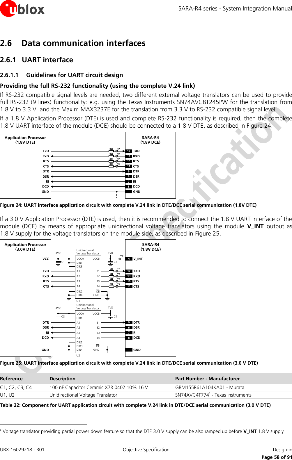 SARA-R4 series - System Integration Manual UBX-16029218 - R01  Objective Specification  Design-in     Page 58 of 91 2.6 Data communication interfaces 2.6.1 UART interface 2.6.1.1 Guidelines for UART circuit design Providing the full RS-232 functionality (using the complete V.24 link) If RS-232 compatible signal levels are needed, two different external voltage translators  can be used to provide full RS-232 (9 lines) functionality: e.g. using the Texas Instruments SN74AVC8T245PW for the translation from 1.8 V to 3.3 V, and the Maxim MAX3237E for the translation from 3.3 V to RS-232 compatible signal level. If a 1.8 V Application Processor (DTE) is used and complete RS-232 functionality is required, then the complete 1.8 V UART interface of the module (DCE) should be connected to a 1.8 V DTE, as described in Figure 24. TxDApplication Processor(1.8V DTE)RxDRTSCTSDTRDSRRIDCDGNDSARA-R4(1.8V DCE)12 TXD9DTR13 RXD10 RTS11 CTS6DSR7RI8DCDGND0ΩTP0ΩTP0ΩTP0ΩTP  Figure 24: UART interface application circuit with complete V.24 link in DTE/DCE serial communication (1.8V DTE) If a 3.0 V Application Processor (DTE) is used, then it is recommended to connect the 1.8 V UART interface of the module  (DCE)  by  means  of  appropriate  unidirectional  voltage  translators  using  the  module  V_INT  output  as 1.8 V supply for the voltage translators on the module side, as described in Figure 25. 4V_INTTxDApplication Processor(3.0V DTE)RxDRTSCTSDTRDSRRIDCDGNDSARA-R4(1.8V DCE)12 TXD9DTR13 RXD10 RTS11 CTS6DSR7RI8DCDGND1V8B1 A1GNDU1B3A3VCCBVCCAUnidirectionalVoltage TranslatorC1 C23V0DIR3DIR2 OEDIR1VCCB2 A2B4A4DIR41V8B1 A1GNDU2B3A3VCCBVCCAUnidirectionalVoltage TranslatorC3 C43V0DIR1DIR3 OEB2 A2B4A4DIR4DIR2TP0ΩTP0ΩTP0ΩTP0ΩTP Figure 25: UART interface application circuit with complete V.24 link in DTE/DCE serial communication (3.0 V DTE) Reference Description Part Number - Manufacturer C1, C2, C3, C4 100 nF Capacitor Ceramic X7R 0402 10% 16 V GRM155R61A104KA01 - Murata U1, U2 Unidirectional Voltage Translator SN74AVC4T7748 - Texas Instruments Table 22: Component for UART application circuit with complete V.24 link in DTE/DCE serial communication (3.0 V DTE)                                                        8 Voltage translator providing partial power down feature so that the DTE 3.0 V supply can be also ramped up before V_INT 1.8 V supply 