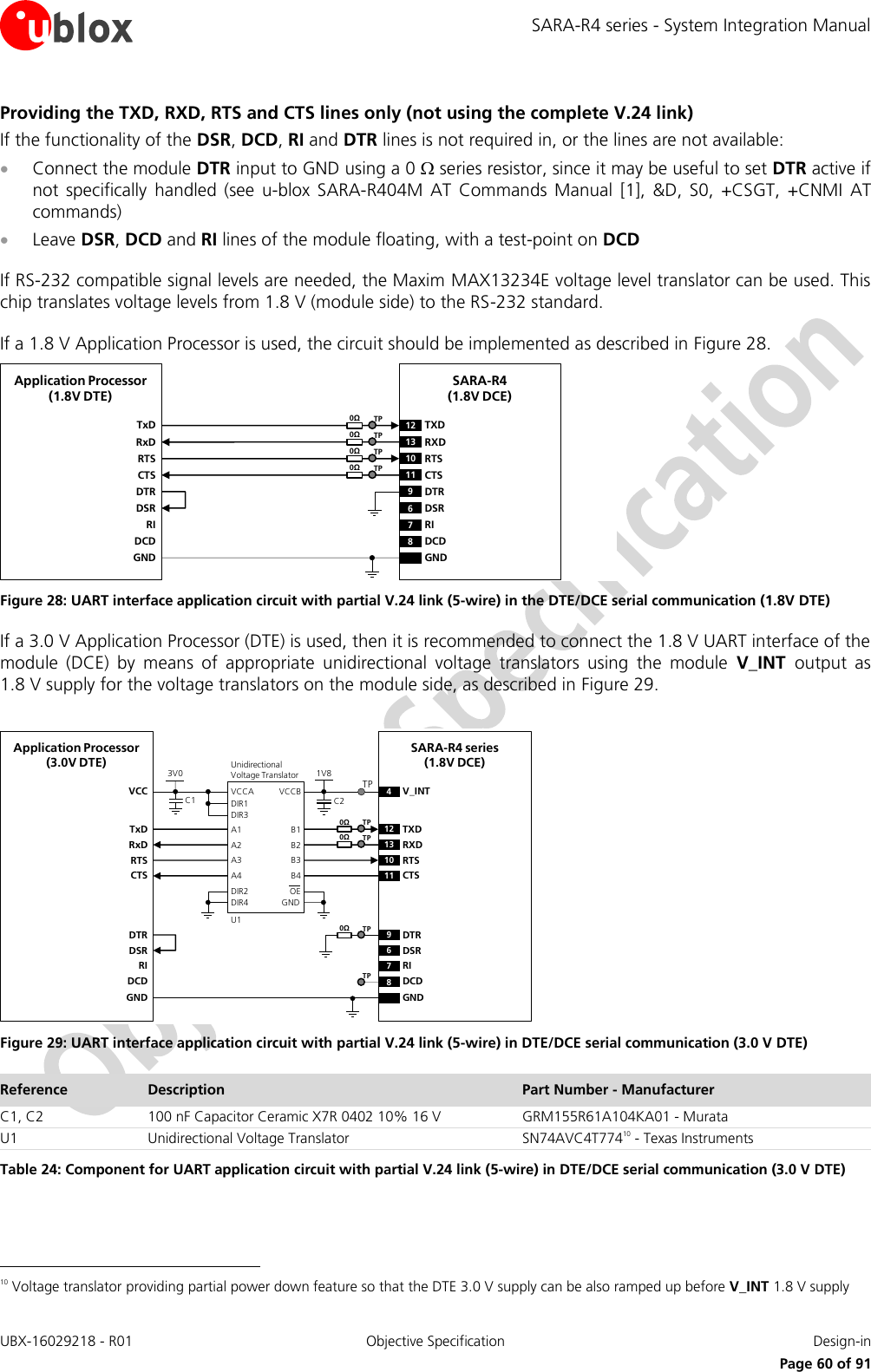 SARA-R4 series - System Integration Manual UBX-16029218 - R01  Objective Specification  Design-in     Page 60 of 91 Providing the TXD, RXD, RTS and CTS lines only (not using the complete V.24 link) If the functionality of the DSR, DCD, RI and DTR lines is not required in, or the lines are not available:  Connect the module DTR input to GND using a 0  series resistor, since it may be useful to set DTR active if not  specifically  handled  (see  u-blox  SARA-R404M  AT  Commands  Manual [1],  &amp;D,  S0,  +CSGT,  +CNMI  AT commands)  Leave DSR, DCD and RI lines of the module floating, with a test-point on DCD  If RS-232 compatible signal levels are needed, the Maxim MAX13234E voltage level translator can be used. This chip translates voltage levels from 1.8 V (module side) to the RS-232 standard.  If a 1.8 V Application Processor is used, the circuit should be implemented as described in Figure 28.  TxDApplication Processor(1.8V DTE)RxDRTSCTSDTRDSRRIDCDGNDSARA-R4(1.8V DCE)12 TXD9DTR13 RXD10 RTS11 CTS6DSR7RI8DCDGND0ΩTP0ΩTP0ΩTP0ΩTP Figure 28: UART interface application circuit with partial V.24 link (5-wire) in the DTE/DCE serial communication (1.8V DTE) If a 3.0 V Application Processor (DTE) is used, then it is recommended to connect the 1.8 V UART interface of the module  (DCE)  by  means  of  appropriate  unidirectional  voltage  translators  using  the  module  V_INT  output  as 1.8 V supply for the voltage translators on the module side, as described in Figure 29.  4V_INTTxDApplication Processor(3.0V DTE)RxDRTSCTSDTRDSRRIDCDGNDSARA-R4 series (1.8V DCE)12 TXD9DTR13 RXD10 RTS11 CTS6DSR7RI8DCDGND1V8B1 A1GNDU1B3A3VCCBVCCAUnidirectionalVoltage TranslatorC1 C23V0DIR3DIR2 OEDIR1VCCB2 A2B4A4DIR4TP0ΩTP0ΩTP0ΩTPTP Figure 29: UART interface application circuit with partial V.24 link (5-wire) in DTE/DCE serial communication (3.0 V DTE) Reference Description Part Number - Manufacturer C1, C2 100 nF Capacitor Ceramic X7R 0402 10% 16 V GRM155R61A104KA01 - Murata U1 Unidirectional Voltage Translator SN74AVC4T77410 - Texas Instruments Table 24: Component for UART application circuit with partial V.24 link (5-wire) in DTE/DCE serial communication (3.0 V DTE)                                                        10 Voltage translator providing partial power down feature so that the DTE 3.0 V supply can be also ramped up before V_INT 1.8 V supply 